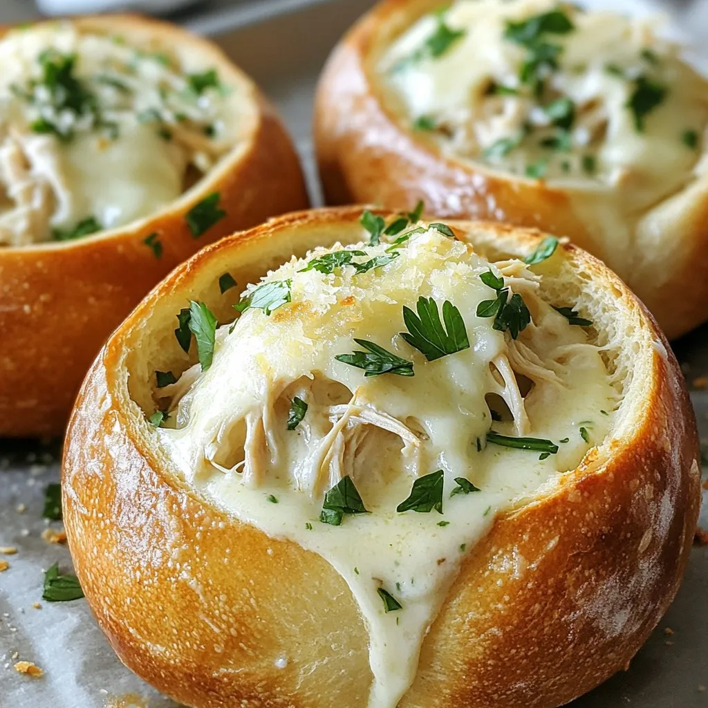 For the best Chicken Alfredo Garlic Bread Bowls, you need some key ingredients: - 2 large loaves of soft Italian bread - 2 cups cooked chicken breast, shredded - 1 cup heavy cream - 1 cup grated Parmesan cheese - 2 tablespoons butter - 4 cloves garlic, minced - 1 teaspoon garlic powder - 1 teaspoon Italian seasoning - Salt and pepper to taste These ingredients create a rich, creamy sauce that pairs perfectly with the bread. The chicken adds protein, making it a hearty dish. Adding a few garnishes can elevate your dish. Here are some you might consider: - Fresh parsley, chopped (for garnish) - Extra grated Parmesan cheese - Red pepper flakes for heat These extras bring color and flavor to your bowls. They also make your dish look great when served. To make this recipe, you will need some basic kitchen tools: - A sharp knife for slicing bread - A saucepan for the sauce - A whisk for mixing - A baking tray for toasting the bread bowls Having these tools ready will make your cooking process smooth and fun. {{ingredient_image_1}} To start, preheat your oven to 350°F (175°C). This temperature helps the bread get nice and warm. Next, take the two large loaves of soft Italian bread. Slice off the top of each loaf. Be careful not to cut too deep. You want to leave about a half-inch shell. Scoop out the insides and set them aside. You can use this bread later for breadcrumbs or to dip in the sauce. Now, let’s make the creamy Alfredo sauce. In a saucepan, melt two tablespoons of butter over medium heat. Add four cloves of minced garlic and sauté for about one minute. You want it to smell great! Pour in one cup of heavy cream. Bring this to a simmer. Stir in one cup of grated Parmesan cheese, one teaspoon of garlic powder, and one teaspoon of Italian seasoning. Add salt and pepper to taste. Whisk the sauce until it is smooth and slightly thickened. This should take about three to five minutes. Now, add two cups of shredded chicken to the sauce. Stir well to coat the chicken. It’s time to fill the bread bowls! Carefully spoon the warm chicken Alfredo mixture into each hollowed bread bowl. Pack the mixture in slightly to fit more. Place the filled bowls on a baking tray. Bake them in the preheated oven for about 15 to 20 minutes. You want the bread to get toasted and golden brown. When they are done, take them out and garnish with chopped fresh parsley. Serve them warm, and enjoy! To make the best Alfredo sauce, use fresh ingredients. Start with real butter and heavy cream. These give the sauce its rich taste. Grate your Parmesan cheese instead of using pre-shredded. Fresh cheese melts better and adds a smooth texture. Stir the sauce often to keep it creamy. Always taste and adjust salt and pepper to your liking. Toasting your bread bowls is key for a great meal. After filling them with Alfredo, place them on a baking tray. Bake them at 350°F for 15-20 minutes. This makes the outside crispy while keeping the inside soft. Keep an eye on them to avoid burning. A golden-brown top means they are ready to serve. Soggy bread is not fun. To avoid this, scoop out the bread gently. Leave a thicker shell to hold the sauce. You can also toast the bread before filling it. This adds a nice crunch. If you have leftover bread, use it for dipping in the sauce. It’s a great way to enjoy every bite! Pro Tips Use Fresh Ingredients: Always opt for fresh garlic and high-quality Parmesan cheese for the best flavor in your Alfredo sauce. Customize Your Filling: Feel free to add vegetables like spinach or broccoli to the chicken Alfredo mixture for extra nutrients and color. Toast the Bread Well: For a crispier texture, you can broil the bread bowls for the last few minutes of baking, but keep an eye on them to prevent burning. Store Leftovers Properly: If you have leftover filling, store it in an airtight container in the fridge and use it in pasta or as a filling for other dishes. {{image_2}} You can make a great vegetarian version of these bowls. Start by swapping the chicken for hearty veggies. Use mushrooms, spinach, or zucchini. They add a rich flavor and texture. For the sauce, keep the heavy cream and cheese. This makes the dish creamy and smooth. Adding vegetables boosts taste and nutrition. Try bell peppers, broccoli, or peas. Sauté them in the garlic butter before adding the cream. This brings out their flavor. You can also sprinkle in some red pepper flakes for a spicy kick. This extra step makes the dish pop! You can switch the protein to fit your taste. Shrimp or sausage work well too. Cook shrimp in the garlic butter until pink. For sausage, slice it and brown it in the pan first. Both options give a new twist to the classic recipe. You can even mix proteins for more fun! To store leftover Chicken Alfredo bowls, let them cool first. Wrap each bowl in plastic wrap or foil. You can also place them in an airtight container. Store them in the fridge for up to three days. This keeps the bread fresh and the chicken safe. When you're ready to enjoy your leftovers, preheat your oven to 350°F (175°C). Place the bread bowls on a baking sheet. Cover them with foil to keep them from drying out. Heat for about 10-15 minutes. You can also microwave them. If you choose the microwave, heat each bowl for about 1-2 minutes. Check to make sure they are warm all the way through. Freezing Chicken Alfredo bowls is easy! Wrap each bowl well in plastic wrap, then place them in a freezer bag. Be sure to remove as much air as you can. These bowls can last in the freezer for up to three months. To reheat, thaw in the fridge overnight, then follow the reheating steps above. This way, you can enjoy a warm, cheesy meal anytime! Yes, you can use store-bought Alfredo sauce. It saves time and effort. Just heat the sauce on the stove before mixing in the chicken. If you want a richer flavor, add some garlic and Italian seasoning. This small change gives a fresh taste. If you don't have heavy cream, use whole milk mixed with butter. For each cup of heavy cream, combine 3/4 cup of milk with 1/4 cup of melted butter. This mix keeps the sauce creamy. You can also try using half-and-half for a lighter option. Making garlic bread is easy. Here’s a simple method: - Start with a loaf of Italian or French bread. - Mix softened butter, minced garlic, salt, and parsley in a bowl. - Spread this mix on the bread. - Bake at 375°F (190°C) for about 10-15 minutes. - For extra crunch, broil for 1-2 minutes after baking. This will give you a tasty garlic bread to pair with your Chicken Alfredo Garlic Bread Bowls! In this blog post, we explored how to create Chicken Alfredo Garlic Bread Bowls. We covered the main ingredients, step-by-step instructions, tips for the best results, and ways to customize your dish. I shared storage tips and answered common questions about substitutions and making garlic bread. These bowls are easy, fun, and delicious. You can impress anyone with this recipe. Enjoy experimenting with flavors and don’t be afraid to make it your own!