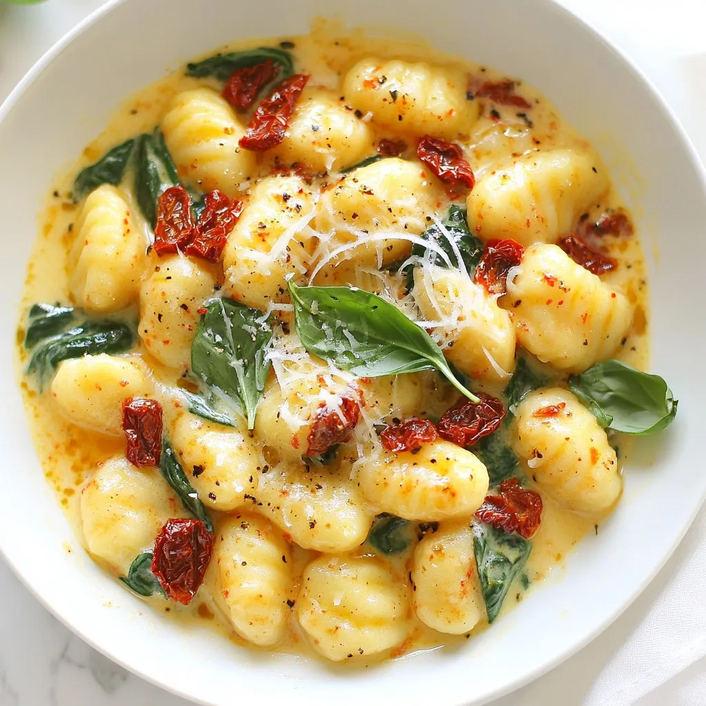 - 1 pound gnocchi (store-bought or homemade) - 1 cup sun-dried tomatoes in oil, drained and chopped - 1 cup heavy cream - 1 cup fresh spinach, roughly chopped - 1 cup grated Parmesan cheese - 2 tablespoons olive oil - Salt and pepper to taste - Fresh basil leaves for garnish When I prepare Creamy Tuscan Sun-Dried Tomato Gnocchi, I focus on high-quality ingredients. Gnocchi can be store-bought or homemade, but I often prefer the texture of fresh gnocchi. Sun-dried tomatoes add a burst of flavor. I always use tomatoes packed in oil for extra richness. Heavy cream gives the sauce its creamy texture. Fresh spinach adds color and nutrition. The grated Parmesan cheese is essential for that savory depth. I use olive oil to sauté and enhance the dish's richness. Seasoning is simple but vital. Salt and pepper bring out the flavors. Fresh basil leaves add a nice touch at the end. This combination makes each bite heavenly. {{ingredient_image_1}} Start by boiling a large pot of salted water. You need enough water to cover the gnocchi completely. Once the water reaches a rolling boil, gently add the gnocchi. Cook them according to the package instructions. This usually takes about 2 to 3 minutes. Watch closely; the gnocchi float to the top when they are ready. Use a slotted spoon to remove them and set them aside. Next, grab a large skillet and heat 2 tablespoons of olive oil over medium heat. Add 3 minced garlic cloves and sauté them for about 1 minute. You want the garlic to be fragrant but not brown. Then, add 1 cup of chopped sun-dried tomatoes. Cook these for another 2 to 3 minutes. This helps to release their rich flavors into the oil. Now it’s time to create the creamy sauce. Pour in 1 cup of heavy cream, stirring well to combine it with the garlic and tomatoes. Bring this mixture to a gentle simmer. Add 1 cup of grated Parmesan cheese and stir until it melts completely. For a smooth texture, make sure to stir continuously. If the sauce feels too thick, add a splash of water to loosen it. Finally, gently fold the cooked gnocchi into the creamy sauce. Use a spatula to stir carefully, ensuring every piece is well coated. Cook this mixture for an additional 2 minutes to heat everything through. Taste the sauce and adjust the salt and pepper as needed. Your dish is now ready to serve! - Substitutes for spinach: If you want to switch it up, use kale or arugula. Both add nice texture and flavor. You can also try Swiss chard for a different taste. Just chop it roughly and add it in the same way as spinach. - Different cheese options: Parmesan is classic, but you can try pecorino for a bolder flavor. Mozzarella offers a creamy melt, while goat cheese adds a tangy twist. Mix and match to find your favorite! - How to avoid sticky gnocchi: To keep gnocchi from sticking, make sure your water is at a rolling boil. Avoid crowding the pot. Cook in batches if needed. After cooking, drain them and toss with a bit of olive oil. - Sauce consistency tips: If your sauce is too thick, add a splash of pasta water. This helps the sauce cling better to the gnocchi. If it's too thin, let it simmer longer. Stir often to prevent burning. - Serving suggestions: Serve your gnocchi in shallow bowls for a beautiful look. A drizzle of olive oil on top adds shine and flavor. You can also add extra sun-dried tomatoes for color. - Garnishing techniques: Fresh basil leaves not only look great but add flavor. Try adding some cracked black pepper for a little kick. Lastly, a sprinkle of extra Parmesan gives it a gourmet touch. Pro Tips Choose Quality Gnocchi: Opt for fresh or high-quality store-bought gnocchi for the best texture and flavor. Customize Your Greens: Feel free to add other greens like kale or arugula for a different flavor profile and added nutrients. Adjust Creaminess: For a lighter sauce, substitute half of the heavy cream with vegetable broth or use a light cream alternative. Enhance Flavor: Add a splash of white wine to the sauce after sautéing the garlic and sun-dried tomatoes for an extra layer of flavor. {{image_2}} You can add protein to make your dish heartier. Chicken and shrimp are great options. - Chicken: Sauté bite-sized chicken pieces with garlic before adding sun-dried tomatoes. Cook until golden brown. - Shrimp: Toss in shrimp after the garlic is fragrant. Cook until they turn pink. If you prefer vegetarian options, try adding chickpeas or white beans. They provide protein and a creamy texture. To boost flavor, you can add spices or herbs. A pinch of red pepper flakes adds heat. - Spices: Try Italian herbs like oregano and thyme for a deeper taste. - Vegetables: Incorporate bell peppers or mushrooms for added texture and nutrients. Sauté them with garlic for extra flavor. Adapt this dish to fit your dietary needs. - Gluten-free gnocchi: Use gnocchi made from gluten-free flour. Many stores offer this option. - Vegan adaptations: Swap heavy cream with coconut milk or cashew cream. Use nutritional yeast instead of cheese for a cheesy taste. These variations keep the dish delicious and suitable for everyone! Store your leftover creamy Tuscan sun-dried tomato gnocchi in an airtight container. This keeps it fresh and tasty. Place it in the fridge within two hours after cooking. The shelf life is about three days. If you want it to last longer, consider freezing. To freeze portions, let the gnocchi cool completely. Then, scoop out individual servings into freezer-safe bags. Press out as much air as possible before sealing. You can freeze it for up to three months. When ready to eat, thaw it overnight in the fridge. For reheating, use a skillet over medium heat. Add a splash of cream or water to keep it moist. Stir gently until heated through. This method helps maintain the creamy texture and rich flavor. Avoid the microwave if you can, as it may dry out the dish. To make gnocchi, you need just a few simple ingredients. - 2 pounds of potatoes - 1 cup of all-purpose flour - 1 egg - Salt Start by boiling the potatoes. Once soft, peel and mash them. Mix in flour, salt, and the egg. Knead the dough until smooth. Roll it into long ropes and cut into small pieces. Press each piece with a fork to create a pattern. Cook the gnocchi in boiling water until they float. This method gives you soft, pillowy gnocchi perfect for your creamy sauce. Yes, you can use fresh tomatoes, but they will change the dish. Fresh tomatoes add more moisture and a lighter flavor. Sun-dried tomatoes give a richer taste and chewy texture. If using fresh tomatoes, chop them and add them after cooking the garlic. Cook until soft before adding cream. The recipe will differ, but it can still be delicious. This dish pairs well with a light side salad. Try a simple arugula salad with a lemon vinaigrette. It adds freshness and balances the creamy gnocchi. Garlic bread also works nicely. The crusty bread soaks up the sauce well. For a more filling meal, grilled chicken or shrimp can complement the flavors. The total time to make Creamy Tuscan Sun-Dried Tomato Gnocchi is about 25 minutes. - Prep time: 10 minutes - Cook time: 15 minutes This quick meal is perfect for busy nights. The steps are simple, so you can enjoy a gourmet dish without a long wait. This blog post shows how to make a tasty Creamy Tuscan Sun-Dried Tomato Gnocchi. You learned about the key ingredients, like gnocchi, sun-dried tomatoes, and heavy cream. I shared how to cook the gnocchi and make a creamy sauce. We discussed tips for variations and storage too. Remember, you can easily adjust this dish to suit your taste. Whether you want to add protein or switch ingredients, the options are endless. Enjoy your cooking journey and make this dish your own!