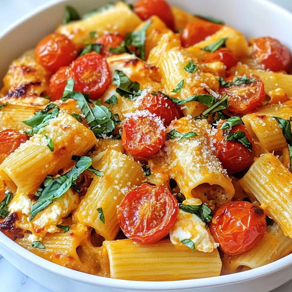 - 200g pasta (penne or fusilli) - 200g block of feta cheese - 500g cherry tomatoes - 3 tablespoons olive oil - 4 cloves garlic, minced - 1 teaspoon dried oregano - 1 teaspoon crushed red pepper flakes - Salt and pepper to taste - Fresh basil leaves for garnish - Grated Parmesan cheese (optional for serving) Gather these ingredients before you start. This recipe shines with simple, fresh items. The sweet cherry tomatoes burst with flavor, and the feta cheese brings creaminess. You can pick your favorite pasta, but I love penne or fusilli. They hold the sauce well. Olive oil adds richness and helps roast the tomatoes. Garlic brings a warm, fragrant taste. Dried oregano gives a nice touch of earthiness. Adjust the red pepper flakes to your spice level. Don’t forget salt and pepper! They are key to bringing out the flavors. Fresh basil leaves will brighten your dish, while Parmesan adds a savory finish. Enjoy gathering these ingredients; they make a wonderful meal! {{ingredient_image_1}} - Preheat oven to 200°C (400°F). - Prepare a large baking dish with 500g of cherry tomatoes. Spread them evenly. - Place the 200g block of feta cheese in the center of the dish. - Season the tomatoes with salt, pepper, and 1 teaspoon of dried oregano. - Drizzle with 3 tablespoons of olive oil, then sprinkle with red pepper flakes. - Bake the dish for 25-30 minutes, until the tomatoes blister and the feta softens. - Meanwhile, cook 200g of pasta in salted water until it is al dente. Reserve 1 cup of pasta water before draining. - Once baked, mash the feta and burst the tomatoes with a fork. This forms a creamy sauce. - Toss the drained pasta with the feta-tomato mixture. If the sauce is thick, add reserved pasta water a bit at a time. - Stir in 4 minced garlic cloves, mixing thoroughly. To make your baked feta pasta stand out, you can adjust spice levels with crushed red pepper flakes. If you like it spicy, add more. If not, just a pinch will do. Fresh herbs enhance flavor too. I love to use basil or parsley. They add brightness to your dish. Cook your pasta al dente. This means it should be firm to the bite. This texture keeps your dish from becoming mushy. Reserve some pasta water before draining. This water helps make the sauce creamy and rich. Adding it slowly allows you to control the thickness. For a beautiful presentation, serve in shallow bowls. Drizzle extra olive oil on top for shine. A sprig of fresh basil adds a pop of color. Pair this dish with a light white wine, like Sauvignon Blanc. You can also serve a simple salad on the side for a balanced meal. Pro Tips Use Fresh Ingredients: Fresh cherry tomatoes and high-quality feta will elevate the dish's flavor. Look for ripe tomatoes and a creamy, crumbly feta for the best results. Adjust the Spice Level: If you prefer a milder dish, reduce the amount of crushed red pepper flakes. Alternatively, add more for an extra kick. Perfect Pasta Texture: Make sure to cook the pasta just until al dente. This helps it hold its shape and prevents it from becoming mushy once combined with the sauce. Garnish for Presentation: Fresh basil not only adds a pop of color but also enhances the dish's aroma. A drizzle of high-quality olive oil before serving adds richness. {{image_2}} You can change the pasta type in this recipe. Try using gluten-free pasta or even zucchini noodles for a lighter dish. Penne and fusilli are great, but you can also use spaghetti or farfalle. Each pasta adds a unique twist. For the cheese, feta is key, but feel free to swap it out. You can use goat cheese or ricotta for a creamier texture. Mixing in sun-dried tomatoes or olives can add depth. Experiment with these options to find your perfect combo. For those needing gluten-free meals, simply choose gluten-free pasta. Many brands offer delicious options that taste great. Always check the labels to ensure they meet your needs. If you're vegan, replace the feta cheese with a plant-based alternative. Cashew cheese or tofu can work well here. You can even use nutritional yeast to get a cheesy flavor without dairy. Incorporate seasonal veggies for a fresh touch. In spring, add asparagus or peas. In summer, toss in zucchini or bell peppers. Fall brings squash and kale, while winter can feature hearty greens like spinach. Adjust the herbs based on the season too. Fresh basil works in summer, while thyme adds warmth in colder months. These simple changes keep the dish exciting and flavorful all year round. To keep your Baked Feta Pasta fresh, let it cool first. This helps prevent excess moisture. Store leftovers in airtight containers. Glass or plastic containers work well. Make sure to seal them tightly. This keeps the dish from drying out and helps maintain flavor. When reheating, the best method is to use the oven. Preheat it to 180°C (350°F). Transfer the pasta to an oven-safe dish. Cover with foil to keep it moist. Heat for about 15-20 minutes. If you prefer, you can use a microwave. Place the pasta in a microwave-safe bowl. Cover it with a damp paper towel to keep the creaminess. Heat in short bursts, stirring in between. You can freeze this dish but it works best when freezing components. Freeze the pasta and sauce separately. This helps maintain texture. For freezing, use freezer-safe bags or containers. When you’re ready to eat, thaw in the fridge overnight. Reheat the pasta and sauce together for the best results. Enjoy your baked feta pasta later without losing flavor! Baked Feta Pasta lasts about 3 to 5 days in the fridge. To keep it fresh, store it in an airtight container. Make sure to let it cool completely before sealing. This keeps the dish moist and tasty. If you want to reheat it, use a microwave or oven. Just add a splash of water to keep it creamy. Yes, you can use frozen vegetables! They work well with the baked feta. Just add them to the baking dish along with the cherry tomatoes. They will cook down nicely. Frozen vegetables save time and are often just as good as fresh ones. If you use them, make sure to adjust the baking time if needed. If you need a substitute for feta cheese, try goat cheese or ricotta. These cheeses have a similar texture and flavor. For a dairy-free option, use almond or cashew cheese. These alternatives can give you a great taste while meeting dietary needs. Just remember, the flavor may differ a bit. Yes, this recipe is great for meal prep! You can cook it in advance and store it in portions. Just keep the pasta and sauce separate until you are ready to eat. This helps maintain the best taste and texture. Reheat in the microwave or on the stove, adding a little water if needed. Enjoy your easy, tasty meals all week long! In this blog post, we explored how to make a delicious baked feta pasta. We discussed key ingredients like pasta, feta, and tomatoes, along with important tips for perfect flavor and texture. I shared variations for dietary needs and how to store leftovers safely. Using fresh herbs and quality cheese can take your dish to the next level. Remember, cooking is a fun journey, so feel free to experiment. Enjoy your meal and the joy of sharing it with others!