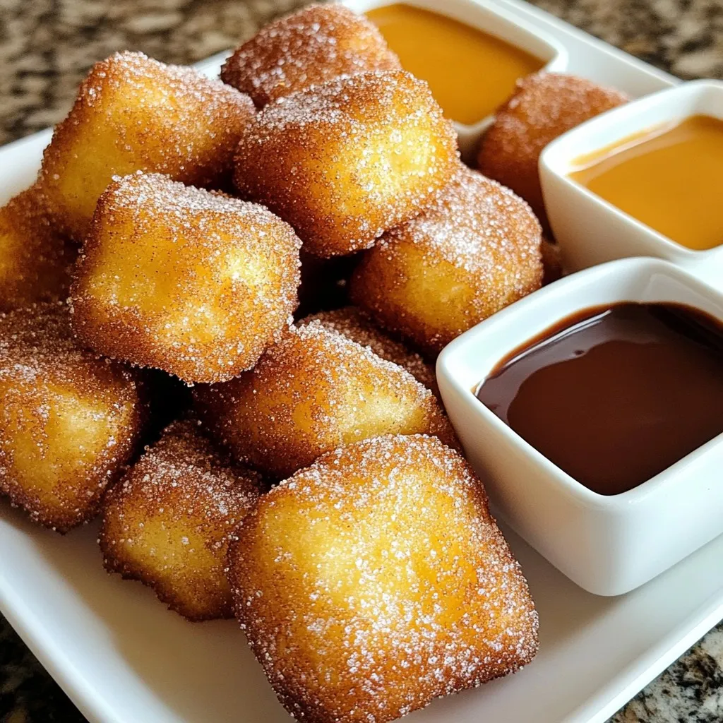 - 1 cup all-purpose flour - 1 tablespoon sugar - 1/2 teaspoon salt - 1 teaspoon baking powder - 1 cup water - 2 tablespoons unsalted butter - 1 teaspoon vanilla extract - 2 large eggs - Oil for frying - 1/2 cup sugar (for coating) - 1 tablespoon cinnamon (for coating) - Chocolate sauce or caramel sauce for dipping Measuring ingredients correctly is key for great churro poppers. Here are some tips: - Use dry measuring cups for flour and sugar. Level them off for accuracy. - Use a liquid measuring cup for water. Check the line at eye level. - For baking powder and salt, fill a teaspoon and level it off with a knife. You can swap some ingredients if needed: - Use whole wheat flour instead of all-purpose flour for a healthier option. - If you want a dairy-free version, use coconut oil in place of butter. - For a vegan option, replace eggs with 1/4 cup unsweetened applesauce for each egg. - If you don’t have vanilla extract, almond extract works well too. These tips help you customize your churro poppers while still keeping them delicious! {{ingredient_image_1}} 1. Start by boiling water, butter, and vanilla in a medium saucepan. Heat it on medium. 2. When the mixture boils, take it off the heat. Add flour, sugar, salt, and baking powder fast. 3. Use a wooden spoon to mix. Stir until the dough forms a smooth ball. 4. Let the dough cool for a few minutes. Add eggs one at a time. Mix well after each egg. 5. Heat oil in a deep fryer or a heavy pan to 350°F (175°C). 6. Fit a piping bag with a large star tip. Pipe small rounds of dough into the hot oil. Each round should be about 1 inch wide. 7. Don't crowd the pan. Fry until golden brown, which takes about 2-3 minutes per side. 8. Use a slotted spoon to remove the churro poppers. Drain them on paper towels. 9. Mix sugar and cinnamon in a shallow bowl. While warm, coat each churro popper with the mixture. 10. Serve them warm with chocolate or caramel sauce for dipping. I recommend checking out a video tutorial online. It can show you exactly how to pipe and fry the churro poppers. Visuals always help to see the process in action. - Overcrowding the Pan: It’s important to fry them in small batches. This helps them cook evenly. - Not Heating the Oil Enough: If the oil is too cool, the dough will absorb too much oil. Use a thermometer for accuracy. - Skipping the Cooling Step: Letting the dough cool before adding eggs is key. This prevents cooking the eggs in the hot dough. - Not Coating While Warm: Make sure to coat the poppers in sugar and cinnamon while they are still warm. The coating sticks better this way. Frying churro poppers needs care. Here are my top tips: - Use the Right Oil: Choose a neutral oil with a high smoke point. Canola or vegetable oil works well. - Maintain the Temperature: Heat oil to 350°F (175°C). Use a thermometer for accuracy. If the oil is too hot, the poppers burn. If too cool, they soak up oil. - Don’t Crowd the Pan: Fry only a few at a time. This keeps the oil temperature steady and helps them cook evenly. Getting the right texture is key. Follow these steps: - Mix the Dough Well: After adding flour and other dry ingredients, stir until it forms a ball. This ensures a good structure. - Cool Before Adding Eggs: Let the dough cool for a few minutes. This stops the eggs from cooking when you mix them in. - Pipe Smooth Shapes: Use a large star tip for piping. This gives your poppers a nice texture when fried. Want to make your churro poppers even better? Here are my suggestions: - Add Zest: Try adding lemon or orange zest to the dough. This gives a fresh flavor. - Use Flavored Sugar: Mix in vanilla or almond extract into the sugar coating. It adds a nice twist. - Experiment with Dips: Chocolate and caramel are classics. Try raspberry or peanut butter for fun variations. These tips will help you create delicious churro poppers that everyone will love! Pro Tips Use the Right Oil: For frying churro poppers, choose an oil with a high smoke point, like canola or vegetable oil, to achieve that perfect crispy texture. Temperature Check: Ensure the oil temperature is at 350°F (175°C) for optimal frying; too low will result in greasy poppers, while too high can burn them quickly. Don’t Overcrowd: Fry in small batches to maintain the oil temperature and ensure even cooking; overcrowding can lead to soggy churro poppers. Serve Fresh: For the best flavor and texture, serve churro poppers immediately after coating them in cinnamon sugar and dipping sauces. {{image_2}} You can make churro poppers with fun flavors. Try adding cocoa powder to the dough for a chocolate version. Just mix in 2 tablespoons of cocoa when you add the dry ingredients. For a fall twist, mix in pumpkin spice. Use a teaspoon of pumpkin spice for a warm, cozy flavor. You can also add orange zest for a citrusy bite. Each flavor brings a new twist to your treat. Dipping sauces can change the whole experience. While chocolate and caramel are classics, try raspberry sauce for a fruity zing. It adds a bright flavor that pairs well with the sweetness. You can also use peanut butter for a creamy, nutty taste. Just warm the peanut butter for easy dipping. For something different, mix yogurt with honey for a light, tangy dip. You can make churro poppers gluten-free. Just use almond flour or a gluten-free flour blend. Follow the same steps in the recipe. For a vegan option, swap eggs with flaxseed meal. Mix 1 tablespoon of flaxseed meal with 2.5 tablespoons of water and let it sit until thick. This works well as an egg replacement. You can still enjoy these treats with your dietary needs in mind. To keep churro poppers fresh, store them in an airtight container. Place a paper towel at the bottom to absorb moisture. This helps prevent them from getting soggy. Store them at room temperature for up to two days. For longer storage, you can refrigerate them for up to a week. Just remember to let them cool completely before sealing. When you’re ready to enjoy leftovers, reheating is simple. Preheat your oven to 350°F (175°C). Place the churro poppers on a baking sheet. Heat them for about 5 to 7 minutes. This makes them warm and crispy again. Avoid using the microwave, as it can make them chewy. If you want to save churro poppers for later, freezing works great. First, let them cool completely. Then, arrange them in a single layer on a baking sheet. Freeze for about an hour. Once frozen, transfer them to a freezer-safe bag. Label the bag with the date. They can stay in the freezer for up to three months. When you're ready to eat, thaw them overnight in the fridge before reheating. You can tell churro poppers are done frying when they turn golden brown. This usually takes about 2-3 minutes per side. Watch closely, as they can darken quickly. Use a slotted spoon to lift one out and check the color. If it looks good, they are ready to enjoy! You can prepare churro poppers ahead of time, but they taste best fresh. If you need to make them in advance, fry them and let them cool. Store them in an airtight container at room temperature. When ready to eat, reheat them in the oven for a few minutes to regain crispness. Churro poppers shine when served warm. Pair them with chocolate or caramel sauce for dipping. You can also sprinkle extra cinnamon-sugar on top for added sweetness. For a fun twist, try serving them with fruit sauces like raspberry or even a scoop of ice cream. Enjoying them with friends makes them even better! In this blog post, we explored how to make churro poppers from scratch. We covered important ingredients, helpful measuring tips, and ways to substitute. The step-by-step instructions guide you through cooking and avoiding mistakes. We shared tips for perfect texture and flavor. Variations like flavored churro poppers and alternative dipping sauces add fun. Lastly, I discussed storage and reheating for leftovers. Enjoy your delicious churro poppers and impress your friends with your skills!