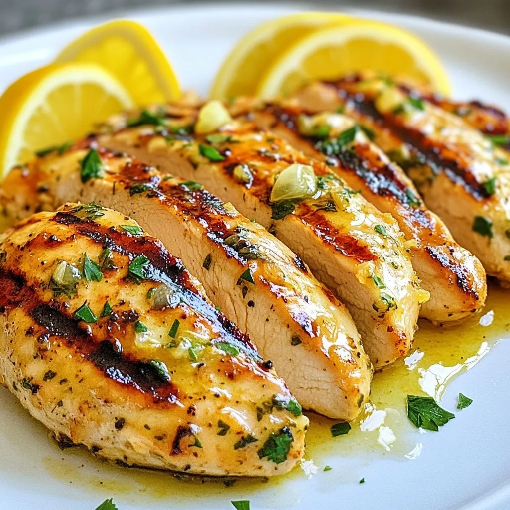 - 4 boneless, skinless chicken breasts - 3 lemons (zested and juiced) - 1/4 cup olive oil - 4 cloves garlic, minced - 1 tablespoon dried oregano - 1 teaspoon salt - 1 teaspoon black pepper - 1/2 teaspoon red pepper flakes (optional for heat) - 1/4 cup fresh parsley, chopped (for garnish) - Lemon slices (for garnish) To make Greek Lemon Chicken, you need fresh and simple ingredients. Start with four boneless, skinless chicken breasts. This cut cooks evenly and stays juicy. Next, use three lemons. Zest them first, then juice them. The zest adds a bright flavor while the juice gives the chicken a tangy kick. Add 1/4 cup of olive oil. This keeps the chicken moist and helps the herbs stick. You’ll also need four cloves of minced garlic. Garlic brings in a rich, savory taste that makes the dish pop. For seasoning, use one tablespoon of dried oregano. Oregano is key in Greek cooking and adds depth. Don’t forget salt and black pepper. Each needs one teaspoon to enhance all the flavors. If you like a little heat, include 1/2 teaspoon of red pepper flakes. It’s optional but adds a nice touch. Finally, for garnish, chop 1/4 cup of fresh parsley. This makes the dish look vibrant. Add lemon slices for a pretty finish and extra zest. Having these ingredients ready sets you up for success in making this flavorful dish. {{ingredient_image_1}} To create the marinade, start by mixing these ingredients in a large bowl: - 3 lemons (zested and juiced) - 1/4 cup olive oil - 4 cloves garlic, minced - 1 tablespoon dried oregano - 1 teaspoon salt - 1 teaspoon black pepper - 1/2 teaspoon red pepper flakes (optional) Whisk everything together until well blended. This blend gives the chicken a tangy and savory flavor. Next, add the chicken breasts to the bowl. Make sure each piece of chicken is fully coated with the marinade. Cover the bowl with plastic wrap and put it in the fridge. Let it marinate for at least 30 minutes. If you want a stronger flavor, let it sit for up to 2 hours. While the chicken marinates, you can prepare your grill. Preheat it over medium-high heat. This ensures even cooking and nice grill marks. After marinating, take the chicken out of the fridge. Let the excess marinade drip off. Discard the leftover marinade. Place the chicken on the grill. Cook it for about 6-7 minutes on each side. Use a meat thermometer to check the internal temperature. It should reach 165°F (75°C). This means it’s safe to eat and perfectly cooked. Once done, remove the chicken from the grill and let it rest for 5 minutes. This is key to keeping it juicy and tender. When ready to serve, slice the chicken into pieces. Garnish it with freshly chopped parsley and lemon slices. This adds a pop of color and extra flavor. For the best side dishes, consider pairing Greek Lemon Chicken with: - A fresh Greek salad - Fluffy rice pilaf - Roasted vegetables These sides complement the bright flavors of the chicken beautifully. Using fresh ingredients is key to great Greek Lemon Chicken. Fresh lemons give bright, zesty notes. Quality olive oil enhances the dish's richness. Fresh garlic adds a nice kick. These elements build the dish's vibrant taste. For the best results, aim to marinate your chicken. A 30-minute soak brings good flavor. If you have time, let it marinate for 2 hours. This allows the chicken to soak up all those tasty juices. For grilling, make sure your grill is hot. Preheat it to medium-high heat before cooking. This helps the chicken cook evenly and gives great grill marks. Place the chicken on the grill and avoid moving it too much. This keeps the juices inside. If you don't have a grill, you can use a grill pan or bake it in the oven. For oven cooking, set the temperature to 400°F (200°C) and cook for about 20-25 minutes. After grilling, let your chicken rest for 5 minutes. This step keeps the juices locked in. If you cut into it too soon, the juices run out. To prevent dryness, do not overcook the chicken. Use a meat thermometer to check for doneness. Aim for an internal temperature of 165°F (75°C). This way, your chicken stays juicy and tender. Pro Tips Marinate for Maximum Flavor: Allow the chicken to marinate for at least 2 hours or overnight for the best flavor infusion. Check Grill Temperature: Ensure your grill is properly preheated to achieve that perfect char and prevent sticking. Let it Rest: Always let the chicken rest for a few minutes after grilling; this helps retain moisture and juiciness. Adjust Spice Level: Feel free to adjust the red pepper flakes according to your heat preference, or omit them for a milder dish. {{image_2}} You can swap chicken for pork or tofu in this recipe. Both work well with the zesty lemon flavor. If you choose pork, look for tender cuts like loin or tenderloin. For tofu, use firm or extra-firm tofu for better texture. Grilling vegetables alongside your chicken adds color and flavor. Try bell peppers, zucchini, or eggplant. Toss them in olive oil and seasonings, then grill until tender. This makes a great side dish, too! To boost the flavor, add fresh herbs like thyme or rosemary. These herbs complement the lemon and garlic well. You can mix them into the marinade or sprinkle them on top before serving. Incorporating yogurt into the dish gives it a creamy, tangy twist. You can use plain Greek yogurt as a sauce or dip. Just mix yogurt with lemon juice and some herbs for a refreshing side. Greek Lemon Chicken wraps are a fun way to enjoy the dish. Slice the chicken and place it in a warm pita with fresh veggies and a dollop of tzatziki. This adds a nice crunch and creaminess. Transforming the chicken into a salad makes it light and refreshing. Slice the grilled chicken and toss it with mixed greens, tomatoes, cucumbers, and feta cheese. Drizzle with olive oil and lemon juice for a tasty dressing. To store leftovers, let the chicken cool first. Place it in an airtight container. This helps keep it fresh. The best practice is to eat it within three days. This way, you maintain the flavor and texture. For freezing cooked chicken, make sure it cools completely. Wrap it tightly in plastic wrap, then place it in a freezer bag. This protects it from freezer burn. To thaw, place the chicken in the fridge overnight. You can reheat it in the oven or microwave until it’s hot. Greek Lemon Chicken can last up to three days in the fridge. Signs of spoilage include a bad smell or slimy texture. If it looks or smells off, throw it away to be safe. If you want to replace olive oil, you have great options. You can use avocado oil or canola oil. Both are mild and will work well in this recipe. If you need a vegan option, these oils are perfect. They add flavor without changing the dish's taste. You can also try coconut oil for a hint of sweetness. Yes, you can grill the chicken without marinating it. However, marinating adds a lot of flavor. The lemon juice, garlic, and herbs soak into the chicken. This makes it juicy and tasty. Skipping this step means you will have less flavor. If you are short on time, just grill it. But remember, marinating can really enhance your dish. To check if the chicken is cooked, use a meat thermometer. The safe internal temperature is 165°F (75°C). This ensures harmful bacteria are gone. You can also look for visual cues. The chicken should be white throughout with no pink inside. Juices should run clear when you cut into it. Always check to avoid undercooking. In this blog post, we explored making authentic Greek Lemon Chicken. We covered ingredients, marinating, grilling, and the best side dishes to serve. I shared tips for keeping chicken juicy and methods for varied flavors. Remember, using fresh ingredients and proper marination enhances the taste. Feel free to try different proteins and cooking styles. With these insights, you can create a delicious meal that impresses everyone. Enjoy the process and make it your own!