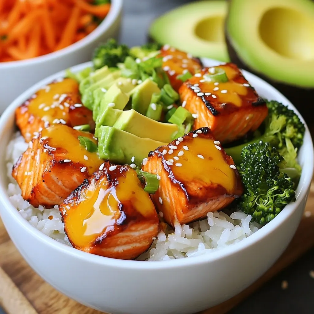 - 1 lb fresh salmon fillet, cut into bite-sized cubes - Salt and pepper to taste I love using fresh salmon fillet for this recipe. It gives a tender and rich flavor. Make sure to cut it into bite-sized cubes. This helps it cook evenly. Season the cubes with salt and pepper to enhance their taste. - 1 cup cooked rice (jasmine or brown) - 1 cup broccoli florets - 1 carrot, julienned - 1 avocado, sliced - 2 green onions, chopped The base of the bowl is where the magic happens. I use jasmine or brown rice as my foundation. It adds a nice texture. Broccoli florets bring a pop of green and nutrition. Julienned carrots add a sweet crunch. Sliced avocado gives creaminess and richness. Finally, chopped green onions add a fresh bite. - 1 tablespoon sesame oil - 1/4 cup mayonnaise - 2 tablespoons sweet chili sauce - 1 tablespoon sriracha (adjust to taste) - Sesame seeds for garnish Now, let’s talk about the Bang Bang sauce. This sauce is the star of the dish! I mix sesame oil, mayonnaise, sweet chili sauce, and sriracha in a bowl. Stir it well until smooth. The sauce adds a creamy and spicy kick. Don’t be afraid to adjust the sriracha to fit your taste. Finally, sprinkle sesame seeds on top for extra texture. {{ingredient_image_1}} First, grab a bowl. Mix together: - 1/4 cup mayonnaise - 2 tablespoons sweet chili sauce - 1 tablespoon sriracha Stir until smooth. This sauce adds a sweet and spicy kick to your dish. Next, heat 1 tablespoon of sesame oil in a large skillet over medium heat. While it warms, season 1 lb of salmon cubes with salt and pepper. Once the oil is hot, add the salmon. Cook for 3–4 minutes. Turn the cubes often. You want them golden and cooked through. While the salmon cooks, steam 1 cup of broccoli florets for about 3–4 minutes. You want them vibrant and tender. Now, it’s time to build your bowls. Start by dividing 1 cup of cooked rice among four bowls. Top each bowl with: - Salmon cubes - Steamed broccoli - 1 julienned carrot - 1 sliced avocado Drizzle the Bang Bang sauce over everything. Finish by garnishing with chopped green onions and sesame seeds. Enjoy your colorful and tasty meal! Choosing the right salmon is key. Look for fresh salmon fillets with bright color and a clean smell. The flesh should be firm and bounce back when pressed. Avoid fish that looks dull or has brown spots. Season the salmon well with salt and pepper. This simple step enhances the natural flavor. You can also add lemon zest for a fresh touch. You can swap rice for other bases like quinoa or cauliflower rice. Quinoa adds protein, while cauliflower rice is low in carbs. For vegetables, try steaming or roasting. Roasting brings out the sweetness in carrots and broccoli. You can also use snap peas or bell peppers for extra crunch. Cook them until just tender to keep their vibrant color. Adjust the Bang Bang sauce for your spice level. If you like more heat, add extra sriracha. Start with a teaspoon and taste as you go. For less spice, reduce the sriracha or skip it altogether. The sweet chili sauce provides a nice balance. Mix well to ensure every bite is flavorful. Don’t forget to drizzle generously over your bowl for that perfect finish! Pro Tips Fresh Salmon is Key: Use the freshest salmon available for the best flavor and texture. Look for bright, firm fillets with a fresh ocean smell. Perfectly Cooked Salmon: Avoid overcooking the salmon by watching it closely. It should be just cooked through and still moist; a few minutes on each side is usually enough. Customize Your Sauce: Adjust the levels of sweet chili sauce and sriracha in the Bang Bang sauce to suit your taste preferences. More sriracha for heat, or more mayonnaise for creaminess! Vibrant Vegetable Choices: Feel free to mix in or substitute other vegetables like bell peppers or snap peas to add different textures and colors to your bowls. {{image_2}} You can switch out salmon for other proteins. Chicken, shrimp, or tofu work great. If you use chicken, cut it into bite-sized pieces. Cook it well until it's no longer pink. For shrimp, use raw, peeled, and deveined shrimp. Cook them until they turn pink and opaque. Tofu is a good choice for a vegan option. Press it to remove excess water, then sauté until golden. Add more color and taste with different vegetable toppings. Bell peppers are crunchy and sweet. Slice them thin for a nice bite. Snap peas add a fresh crunch. You can also try corn, radishes, or even cucumbers. These veggies not only make the dish colorful but also add nutrition. You don’t have to stick with regular rice. Quinoa is a great choice for a protein boost. It’s light and fluffy, perfect for these bowls. Cauliflower rice offers a low-carb option. It cooks quickly and has a mild flavor. Sushi rice is sticky and great for a Japanese twist. Choose the grain that fits your diet and taste! To store your Bang Bang Salmon Bites Bowls, use airtight containers. This keeps the food fresh. Place the leftover salmon and veggies in separate containers. The rice can stay in the same bowl. Always let food cool before sealing. This helps prevent moisture buildup. For long-term storage, freeze salmon and rice. Place them in freezer-safe bags. Remove as much air as possible. You can also freeze the assembled bowls. Just remember to leave out the avocado and sauce. These do not freeze well and are best added fresh. When you want to enjoy your leftovers, reheat carefully. Use the microwave or oven. If using a microwave, cover the bowl with a damp paper towel. This keeps food from drying out. Heat in short bursts, checking often. For the oven, cover with foil to keep moisture in. Enjoy your meal just as tasty as the first time! To make Bang Bang sauce spicier, add more sriracha. Start with a teaspoon more. If you like heat, try other hot sauces, too. You can use chili garlic sauce or a few drops of hot pepper sauce. Taste as you go. Adjust until you find the right heat for you. Yes, you can prepare this dish ahead of time. Cook the salmon and veggies, then cool them. Store the salmon, broccoli, and rice in separate containers. This keeps them fresh. You can make the Bang Bang sauce a day in advance, too. Just store it in the fridge. When you’re ready to eat, reheat the salmon and mix everything in a bowl. If you want to swap salmon, there are many options. Chicken breast is a great choice. Cook it for about 6–8 minutes in the skillet. Shrimp is another option. It cooks fast, around 2–3 minutes. Tofu can work, too. Cube it and sauté until golden. Each protein will give a different flavor, but they all work well with the sauce. This recipe combines fresh salmon, rice, and veggies with a zesty Bang Bang sauce. You have learned about ingredients, cooking steps, and storage tips. You can make it your own with different proteins and toppings. This dish is not only tasty but also quick and easy. Enjoy experimenting with it! Your creativity can make each bowl unique and delicious.