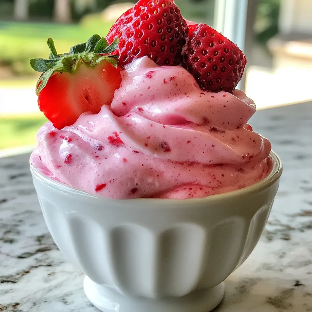 To make a tasty Strawberry Dole Whip, you need just a few key ingredients: - 2 cups frozen strawberries - 1 cup canned coconut milk - 1/4 cup agave syrup (or honey) - 1 teaspoon vanilla extract - 1 tablespoon lemon juice These ingredients create a creamy and fruity mix. The frozen strawberries give it a nice chill. Coconut milk adds a rich, smooth texture. Agave syrup sweetens the treat, while vanilla and lemon juice bring out the fresh berry flavor. You can make your Strawberry Dole Whip even better with fun toppings. I love to add fresh strawberries on top for color. A sprig of mint can add a nice touch too. You can drizzle a little extra agave syrup for shine. These simple garnishes make your Dole Whip look even more inviting. If you want to switch things up, you can use different sweeteners. Honey works great if you prefer a natural option. Maple syrup is another good choice, adding a unique flavor. Just remember to taste as you go. Adjust the sweetness to fit your taste. {{ingredient_image_1}} To make Strawberry Dole Whip, start with your ingredients. Gather: - 2 cups frozen strawberries - 1 cup canned coconut milk - 1/4 cup agave syrup (or honey) - 1 teaspoon vanilla extract - 1 tablespoon lemon juice - Fresh strawberries, for garnish Now, follow these steps: 1. Blend the base: In your blender, add frozen strawberries, coconut milk, agave syrup, vanilla extract, and lemon juice. 2. Mix it well: Blend on high until smooth and creamy. You may need to scrape down the sides of the blender. The mix should be thick, like soft-serve ice cream. 3. Taste and adjust: Once blended, taste the mix. If you want it sweeter, add more agave syrup. 4. Prep for serving: Transfer the mixture into a piping bag or a zip-top bag. Snip off one corner for easy serving. 5. Pipe it out: Squeeze the Dole Whip into cups or cones. Make swirls for a fun look! 6. Garnish: Top each serving with fresh strawberries for a pop of color and flavor. To achieve the best texture, use a high-powered blender. This helps blend the frozen strawberries smoothly. If your blender struggles, add a little more coconut milk. Blend slowly at first, then increase the speed. Don't rush this step; a creamy texture is key! For a fun presentation, use colorful cups. This adds joy to your treat. You can garnish with fresh strawberries and even a sprig of mint. For extra shine, drizzle some agave syrup on top. Everyone will love the look and taste! To get the best texture for your Strawberry Dole Whip, blend the ingredients well. Use frozen strawberries for creaminess. If your mix is too thin, add more frozen strawberries. If it's too thick, mix in a bit more coconut milk. Aim for a soft-serve feel, not a runny shake. The right texture makes serving and eating more fun! Taste your Dole Whip before serving. If it needs more sweetness, add more agave syrup or honey. You can also change the flavor by adding extra vanilla or a splash of lemon juice. Adjusting the sweetness helps match your taste. Everyone loves a treat that suits their palate! One common mistake is not blending long enough. An uneven mix leads to lumps. Another mistake is over-sweetening. Add a little at a time, so you don’t overpower the fresh strawberry taste. Lastly, don’t skip the fresh strawberry garnish. It adds beauty and a fresh burst of flavor! Pro Tips Use Fresh Ingredients: Opt for ripe, high-quality strawberries for the best flavor and natural sweetness in your Dole Whip. Adjust Consistency: If the mixture is too thick, add a splash more coconut milk to achieve your desired soft-serve texture. Chill Your Tools: Place your blender and serving cups in the freezer for a few minutes before use to keep your Dole Whip extra cold and refreshing. Add Unique Flavors: Experiment with different extracts, like almond or coconut, to create a personalized twist on this classic treat. {{image_2}} You can easily make this treat dairy-free and vegan. The main ingredient is coconut milk, which is already vegan. This milk gives the Dole Whip its creamy texture. You can use agave syrup or maple syrup for sweetness. Both are plant-based and add nice flavor. If you want a nutty taste, try adding almond milk instead of coconut. It will still be tasty! Strawberry Dole Whip is great, but feel free to mix in other fruits. You can add 1 ripe banana for a smooth twist. Bananas add sweetness and a creamy feel. Pineapple is another fun option. Simply swap some strawberries for pineapple. You can also try mixing in mango or peach. Each fruit gives a unique flavor and makes it fun! Serving Dole Whip can fit any event. Use fun cups for kids' parties. Add sprinkles or colorful fruit for extra cheer. For a summer BBQ, serve in cones. They look playful and are easy to eat. You can also top the Dole Whip with a sprig of mint. It adds a fresh touch. If it's a fancy dinner, use elegant bowls. Drizzle extra agave syrup on top for a shiny finish. Enjoy your delicious treat! After enjoying your Strawberry Dole Whip, you may have some left. To store it, place the Dole Whip in an airtight container. Make sure to seal it well to keep air out. You can keep it in the freezer for up to a month. This helps keep the taste fresh and yummy. When freezing, use a shallow container. This helps it freeze faster and more evenly. Avoid large containers, as they take longer to freeze, leading to ice crystals. Before freezing, press a piece of plastic wrap over the top. This adds extra protection against freezer burn. Remember, the texture may change slightly after freezing. Blend it again for a creamy feel. To enjoy your Dole Whip again, let it sit at room temperature for a bit. This softens it, making it easier to scoop. You can also put it in the blender again for a smooth texture. If it feels too hard, add a little coconut milk while blending. This keeps it creamy and delightful. Strawberry Dole Whip is a creamy dessert made with frozen strawberries and coconut milk. It is sweet and fruity, perfect for hot days. This treat is soft-serve style, making it fun to eat. You can make it at home in just a few minutes. The blend of flavors makes it a refreshing choice for everyone. Yes, you can make Dole Whip without a blender. You can use a bowl and a fork instead. Just mash the frozen strawberries well. Mix in the coconut milk, agave syrup, vanilla, and lemon juice. It may take longer, but you can achieve a similar taste. Just be sure to mix until it’s smooth. You can find pre-made Strawberry Dole Whip at some grocery stores. Many ice cream shops also sell it. Some theme parks and resorts offer it as a treat. You can check online for local shops that have it. Always look out for specialty dessert shops that might have unique flavors. In this blog post, you learned how to make Strawberry Dole Whip from scratch. We covered the main ingredients, options for toppings, and sweeteners. I shared step-by-step instructions to help you prepare it well, along with tips for texture and flavor adjustments. Don't forget the fun variations to suit any occasion. Finally, I explained how to store leftovers properly. With these insights, you can easily create this tasty treat at home and impress your friends and family. Enjoy your Dole Whip adventure!