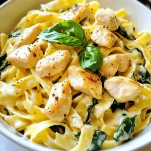 - 12 ounces fettuccine pasta - 2 boneless, skinless chicken breasts - 4 cups fresh spinach Fettuccine pasta is the star of this dish. It holds the creamy sauce well. I slice the chicken breasts into strips for quick cooking. The fresh spinach adds a vibrant color and healthy touch. - 1 cup heavy cream - 1 cup grated Parmesan cheese - 1 teaspoon Italian seasoning - 1/2 teaspoon nutmeg - Salt and pepper to taste The heavy cream creates a rich and smooth sauce. Parmesan cheese adds a salty depth. Italian seasoning and nutmeg give the sauce its warm flavor. Salt and pepper balance everything. - Fresh basil leaves - Additional cheese Fresh basil leaves make the dish pop with color. A sprinkle of extra cheese enhances the flavor and creaminess. You can add these garnishes right before serving for a fresh taste. {{ingredient_image_1}} To start, fill a large pot with water. Add a good amount of salt. Bring the water to a boil. Once it is boiling, add 12 ounces of fettuccine pasta. Cook the pasta until it is al dente, about 8 to 10 minutes. Stir often to prevent sticking. When done, drain the pasta and set it aside. Keep about 1/2 cup of that pasta water for later use. Next, take 2 boneless, skinless chicken breasts. Slice them into thin strips. Season the chicken with salt and pepper. Heat 2 tablespoons of olive oil in a large skillet over medium heat. Add the chicken to the skillet. Cook for about 5 to 7 minutes until the chicken is golden brown and cooked through. Once cooked, remove the chicken from the skillet and set it aside. In the same skillet, add 3 cloves of minced garlic. Saut&eacute; the garlic for about 30 seconds until it smells good. Then, add 4 cups of fresh spinach. Cook the spinach for about 2 to 3 minutes until it wilts. Lower the heat and pour in 1 cup of heavy cream. Stir well to mix. Gradually add 1 cup of grated Parmesan cheese while stirring. Keep stirring until the cheese melts and the sauce is smooth. Season the sauce with 1 teaspoon of Italian seasoning, 1/2 teaspoon of nutmeg, salt, and pepper to taste. To cook fettuccine perfectly, use a large pot and plenty of salt. Bring the water to a rolling boil. Add the pasta, stirring often. Cook it until it's al dente, which means it should be firm but not hard. This usually takes about 8-10 minutes, but check the package for exact times. When you drain the pasta, save about half a cup of the cooking water. This water is starchy and helps thicken your sauce. If your sauce seems too thick, you can add a little of this reserved water to get the right consistency. To know when your chicken is cooked, look for a golden brown color. The inside should be no longer pink, and the juices should run clear. You can also use a meat thermometer. The safe internal temperature is 165&deg;F (75&deg;C). If you want to try different cooking methods, grilling or baking the chicken works well too. For grilling, preheat your grill and cook for about 6-8 minutes on each side. For baking, place the seasoned chicken on a baking sheet at 375&deg;F (190&deg;C) for about 25-30 minutes. To adjust the flavor of your Chicken Spinach Alfredo, consider adding more seasoning. You can increase the Italian seasoning or add a pinch of red pepper flakes for heat. If you want a deeper flavor, try adding more garlic. When it comes to herbs, fresh herbs offer a brighter taste. If you only have dried herbs, use half the amount since they are more concentrated. Fresh basil can be a great addition when you serve the dish, giving it a fresh finish. Pro Tips Use Fresh Ingredients: Always opt for fresh spinach and high-quality Parmesan cheese for a richer flavor and better texture in your Alfredo sauce. Perfectly Cooked Pasta: Make sure to cook your fettuccine al dente, as it will continue to cook when mixed with the hot sauce, preventing it from becoming mushy. Save the Pasta Water: Reserve some pasta water before draining. It&rsquo;s starchy and can help to adjust the sauce consistency while adding flavor. Customize Your Protein: Feel free to swap the chicken for shrimp or add some cooked sausage for a delightful twist on this classic dish. {{image_2}} You can easily change up this dish to fit your needs. If you need gluten-free options, try using gluten-free fettuccine. Many brands make great pasta that tastes just as good as regular pasta. For dairy-free alternatives, you can use coconut milk or almond milk to replace heavy cream. Nutritional yeast can give a cheesy flavor if you skip the Parmesan. Adding more flavors can make this dish even better. Consider mixing in colorful bell peppers or earthy mushrooms. These veggies not only taste great but also add nice texture. If you want to switch up the protein, shrimp is a tasty choice. Tofu works well for a vegetarian option, too. Just cook it until golden. To make your meal even more special, think about side dishes. A fresh green salad pairs nicely with the creamy pasta. Garlic bread can add a crunchy touch that everyone loves. For presentation, serve the pasta in a large bowl. Top it with fresh basil leaves and a sprinkle of extra Parmesan. This makes the dish look as good as it tastes! To keep your Chicken Spinach Alfredo Pasta fresh, follow these tips. First, cool the pasta to room temperature. Then, store it in an airtight container. Use containers made of glass or BPA-free plastic. These help keep the flavors intact. Label the container with the date you made it. This way, you can track how long it lasts. When it&rsquo;s time to reheat, you have some good options. You can use the microwave or the stove. If using a microwave, place the pasta in a bowl. Add a splash of water to keep it moist. Cover the bowl with a microwave-safe lid. Heat in short bursts, stirring in between. On the stove, warm the pasta in a pan over low heat. Add a little cream or water if it gets too thick. This keeps the texture smooth and delicious. Can you freeze this dish? Yes, but it&rsquo;s best to freeze the pasta without sauce. This way, the texture stays nice. To freeze, place the cooled pasta in a freezer-safe bag. Squeeze out as much air as you can. For the sauce, store it in another container. When ready to eat, thaw both in the fridge overnight. Reheat the pasta and sauce separately for the best taste. Yes, you can use different pastas. Fettuccine is great, but try penne or rotini. These shapes hold sauce well, giving you a tasty bite. Whole wheat or gluten-free options also work. Just follow the cooking time on the package. If you want a lighter dish, use half-and-half or whole milk. You can also use Greek yogurt or a plant-based milk mixed with a little cornstarch. These options create a creamy texture without all the fat. This dish stays fresh for about 3 to 4 days in the fridge. Store it in an airtight container. When you&rsquo;re ready to eat, reheat it on the stove. Add a splash of water or milk to keep it creamy. This guide walks you through making Chicken Spinach Alfredo Pasta. We covered key ingredients, cooking steps, and handy tips. You learned how to cook the pasta to the perfect texture and create a creamy sauce. I shared variations to fit different diets and suggestions for side dishes. Don&rsquo;t forget to store leftovers properly to enjoy them later. Cooking is about trying new things. Experiment with flavors and ingredients to make this dish your own. Enjoy your cooking adventure!