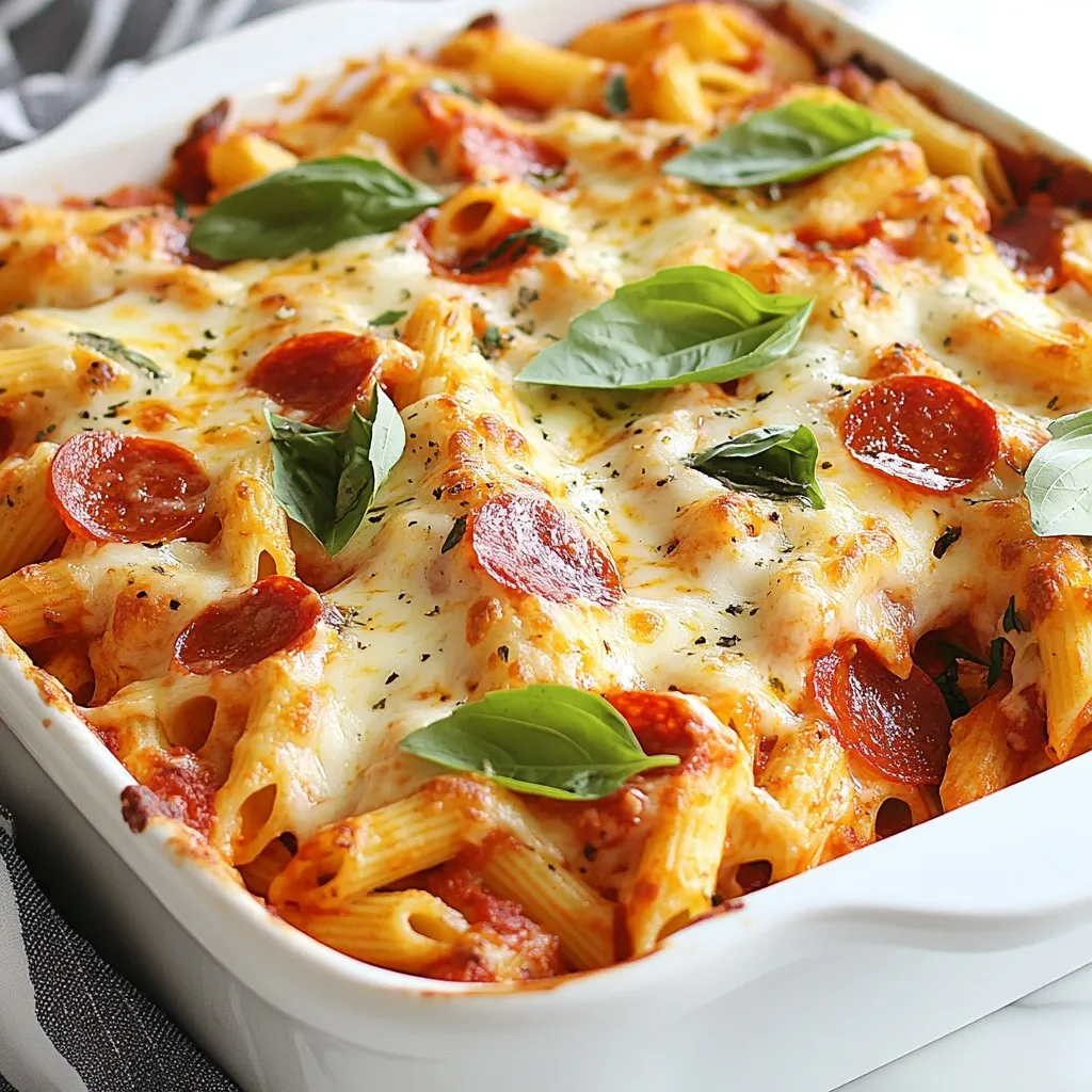 - 2 cups pasta (penne or rotini) - 1 tablespoon olive oil - 1 small onion, diced - 2 cloves garlic, minced - 1 red bell pepper, diced - 1 cup sliced pepperoni (or any preferred pizza topping) The main ingredients form the heart of our Easy Pizza Pasta Bake. First, choose your pasta. I love penne or rotini for this dish. They hold the sauce well and add a nice bite. Olive oil adds richness. Sauté the onion and garlic in it for flavor. The bell pepper brightens the dish with its sweetness. Lastly, pepperoni adds that classic pizza taste. You can swap it with any topping you love, like mushrooms or sausage. - 2 cups marinara sauce - 1 teaspoon dried oregano - 1 teaspoon dried basil - Salt and pepper to taste For the sauce, marinara is a must. It brings moisture and taste. You can use store-bought or homemade. Dried oregano and basil add that Italian flair. I always recommend tasting as you go, adding salt and pepper to enhance flavors. The herbs will make your kitchen smell amazing. - 1 cup shredded mozzarella cheese - 1/2 cup grated Parmesan cheese - Fresh basil leaves for garnish (optional) Cheese is where the magic happens! I use mozzarella for its meltiness. It creates that gooey, stretchy layer we all love. Parmesan adds a nutty depth. Sprinkle it generously on top before baking. If you want, add fresh basil after it comes out of the oven for a pop of color and flavor. This makes the dish look as good as it tastes. {{ingredient_image_1}} First, boil water in a large pot. Add 2 cups of pasta, either penne or rotini. Cook the pasta according to the package instructions until it is al dente. This means it should be firm but cooked through. Drain the pasta in a colander and set it aside for later. In a large skillet, heat 1 tablespoon of olive oil over medium heat. Add the diced onion and sauté for 2-3 minutes. You want the onion to soften but not brown. Then, add 2 cloves of minced garlic and 1 diced red bell pepper. Cook these for another 2-3 minutes until the pepper is tender. Next, stir in 1 cup of sliced pepperoni. Once mixed, pour in 2 cups of marinara sauce. Add 1 teaspoon each of dried oregano and dried basil, plus salt and pepper to taste. Stir everything together well. Now, mix the sauce with the cooked pasta in the skillet. Make sure every piece of pasta gets covered in sauce. Once combined, transfer the pasta mixture to a greased 9x13 inch baking dish. Sprinkle 1 cup of shredded mozzarella cheese and 1/2 cup of grated Parmesan cheese evenly over the top. This cheese layer will melt and create a delicious crust while baking. To get the best results, set your oven to 350°F (175°C). This temperature is perfect for cooking the pasta bake evenly. Bake for 20 to 25 minutes. You want the cheese to melt nicely and turn a lovely golden color. This shows that it is ready. Keep an eye on it to avoid burning. Make this dish your own! You can use many pizza toppings. Try mushrooms, olives, or cooked sausage. If you want a healthier twist, swap the pepperoni for veggies like spinach or zucchini. For special diets, use gluten-free pasta. You can also use dairy-free cheese if needed. Pair your pizza pasta bake with a fresh salad. A simple green salad with a light dressing works well. You can also serve garlic bread on the side for a tasty treat. To impress your family, serve it directly from the baking dish. Garnish with fresh basil leaves for a nice touch. This makes it look inviting and colorful! Pro Tips Cook Pasta Al Dente: This ensures the pasta holds its shape and texture during baking, preventing it from becoming mushy. Customize Your Toppings: Feel free to mix and match your favorite pizza toppings like olives, mushrooms, or even veggies for a healthier twist. Use Fresh Herbs: Adding fresh basil or oregano right before serving enhances the flavor profile and adds a beautiful garnish. Let It Rest: Allowing the pasta bake to sit for 5 minutes after baking helps it set, making it easier to serve and enjoy. {{image_2}} You can easily make this pizza pasta bake meat-free. Swap pepperoni with mushrooms, olives, or spinach. These add great taste and texture. You can also use a mix of your favorite veggies. Try zucchini, broccoli, or artichokes. They make the dish colorful and healthy. If you need gluten-free options, choose gluten-free pasta. Many brands offer good choices like rice or quinoa pasta. For the sauce, check labels to ensure it's gluten-free. You can use mozzarella and Parmesan cheese without gluten too. This way, everyone can enjoy the dish. Want to spice things up? Try adding flavors from other cuisines. For a Mexican twist, use taco seasoning and black beans. For an Italian flare, mix in sun-dried tomatoes and Italian sausage. You can also play with spices like curry powder or smoked paprika. These changes will take your dish to new heights. To keep your pizza pasta bake fresh, store it in an airtight container. Cut it into portions for easy access. Place the leftovers in the fridge within two hours of cooking. It will stay fresh for up to three days. If you notice any off smell or mold, it’s best to toss it. When reheating, the oven is your best friend. Preheat it to 350°F (175°C) and place the pasta bake in a baking dish. Cover it with foil to keep it moist. Heat for about 15-20 minutes. If you're in a hurry, you can use the microwave. Just add a splash of water to help it steam. This way, you avoid soggy pasta and keep it tasty. You can freeze your pizza pasta bake before or after baking. If freezing before baking, assemble the dish but don’t cook it. Wrap it well with plastic wrap and foil. It will last for about three months in the freezer. To reheat, thaw it overnight in the fridge, then bake at 350°F (175°C) for 30-35 minutes. If you freeze it after baking, reheat as mentioned above. Enjoy your delicious meal any time! This dish is quick to make. It takes about 15 minutes to prep. Cooking it in the oven takes an additional 20 to 25 minutes. So, you will spend around 45 minutes from start to finish. Yes, you can prepare this dish ahead of time. You can cook the pasta and mix the sauce. Then, store it in the fridge for up to 24 hours. Just bake it when you are ready to eat. This makes meal prep easy and fun. If you want a change from marinara sauce, try pizza sauce or pesto. You can also use alfredo sauce for a creamy twist. Each option gives the dish a new flavor profile and keeps things exciting. This blog post covered how to make a delicious pizza pasta bake. You learned about the key ingredients, like pasta, cheese, and sauces. We discussed step-by-step instructions and tips for baking it to perfection. You also explored variations for dietary needs and storage tips for leftovers. In the end, this dish is simple to make and perfect for sharing. Whether you customize it or enjoy it as is, it’s sure to please everyone. Happy cooking!