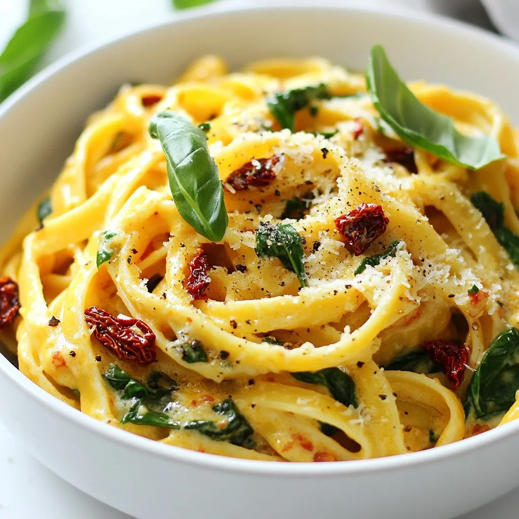 - 12 oz (340g) pasta (fettuccine or penne works great) - 1 cup sun-dried tomatoes, packed in oil, drained and chopped - 3 cloves garlic, minced - 1 cup heavy cream - 1 cup grated Parmesan cheese - 2 tablespoons olive oil - 1 teaspoon red pepper flakes (adjust to taste) - Salt and pepper to taste - Fresh basil leaves for garnish The pasta forms the base of this dish. I love using fettuccine or penne. Both hold the sauce well. Sun-dried tomatoes bring a rich, tangy flavor. Make sure to drain and chop them for even mixing. Garlic adds depth, while heavy cream creates a smooth sauce. Parmesan cheese melts into a creamy goodness. Olive oil helps sauté the garlic and tomatoes. Red pepper flakes add heat, but adjust them to your taste. Salt and pepper enhance all the flavors. Finally, fresh basil brightens the dish. - 1 cup fresh spinach (optional) - Cooked chicken or shrimp for protein You can add fresh spinach for a pop of color and nutrients. It wilts nicely in the sauce. If you want more protein, consider adding cooked chicken or shrimp. This makes the dish heartier and more filling. - Barilla for pasta - California Sun Dry for sun-dried tomatoes - Kraft for Parmesan cheese I trust Barilla for pasta. Their texture is always great. For sun-dried tomatoes, California Sun Dry is my go-to. Their tomatoes are flavorful and well-packed. Kraft offers high-quality Parmesan that melts perfectly. Using good brands enhances the dish's overall taste. {{ingredient_image_1}} Start by boiling salted water in a large pot. Bring it to a rolling boil. Add 12 oz of pasta, like fettuccine or penne. Cook according to the package until it's al dente. This usually takes about 8 to 10 minutes. Reserve 1 cup of pasta water before draining. Set the pasta aside in a bowl. In a large skillet, heat 2 tablespoons of olive oil over medium heat. Add 3 minced garlic cloves and sauté for 1 minute. You want the garlic to smell great, but not burn. Next, add 1 cup of chopped sun-dried tomatoes and 1 teaspoon of red pepper flakes. Cook for another 2 minutes. This step brings out their rich flavor. Pour in 1 cup of heavy cream into the skillet. Stir well to mix everything. Let it simmer for 3 to 4 minutes, stirring often. This helps the sauce thicken. Gradually add 1 cup of grated Parmesan cheese. Stir until it melts and becomes smooth. The sauce should be creamy and rich. Now it’s time to bring it all together. Add your cooked pasta to the skillet. Toss everything gently to coat the pasta in the sauce. If the sauce is too thick, add some of the reserved pasta water. This helps thin it out. Stir in 1 cup of fresh spinach if you choose. Season with salt and pepper to taste. Once everything is well combined, take it off the heat. Plate the pasta in large bowls, swirling it for a nice look. Garnish with fresh basil leaves and some extra Parmesan on top. Serve your Marry Me Sun-Dried Tomato Pasta hot for the best taste! To avoid overcooking pasta, follow package instructions. Set a timer to check for "al dente." This means the pasta should have a slight bite. If you cook it too long, it becomes mushy. Always taste a piece before draining. This ensures perfect texture. When sautéing garlic, use medium heat. If the heat is too high, it burns quickly. Start with cold oil, then add minced garlic. Stir it for about one minute until fragrant. Keep a close eye on it. Once it turns golden, it's ready. Remember, burnt garlic adds a bitter taste to your dish. Red pepper flakes bring heat to your dish. Start with one teaspoon. You can always add more, but you can’t take it out. If you like spice, add an extra pinch. For milder flavors, use less. Mix and taste as you go for the perfect balance. Fresh ingredients make your dish shine. Use fresh garlic, sun-dried tomatoes, and spinach. They bring out vibrant flavors. Fresh basil adds a nice touch too. Always choose quality ingredients for the best taste. When you use the best, your dish will impress everyone. Pro Tips Use High-Quality Sun-Dried Tomatoes: Opt for sun-dried tomatoes packed in oil for added flavor and richness in the sauce. Adjust the Spice Level: Customize the heat by varying the amount of red pepper flakes based on your preference. Fresh Spinach Addition: Incorporating fresh spinach not only adds color but also boosts the nutritional value of the dish. Reserve Pasta Water: Always save some pasta water before draining; it can help adjust the sauce consistency perfectly. {{image_2}} You can easily make a vegan version of Marry Me Pasta. Swap the heavy cream for coconut cream or cashew cream. Use nutritional yeast instead of Parmesan cheese for a cheesy flavor. Choose a pasta made from chickpeas or lentils for added protein. This option keeps the dish creamy and rich without any animal products. If you need a gluten-free option, use gluten-free pasta. Many brands offer rice or quinoa-based pasta that cooks well. Follow the cooking time on the package for the best results. This way, you can enjoy all the flavors without gluten. Adding protein makes the dish heartier. You can use cooked chicken or shrimp. For chicken, grill or sauté it first, then add it to the pasta. For shrimp, cook them until pink before tossing them with the pasta. Both options boost flavor and make the meal more filling. To keep your Marry Me pasta fresh, let it cool first. Place it in an airtight container. Store it in the fridge for up to 3 days. If you want to save it longer, freezing is a great option. When you are ready to eat your leftovers, the best way to reheat is on the stove. Add a splash of water or cream to the skillet. Stir over low heat until warm. This keeps the sauce creamy and smooth. Microwave is an option, but it may dry out the pasta. For freezing, place cooled pasta in a freezer-safe container. It can last for up to 2 months in the freezer. When ready to eat, thaw it overnight in the fridge. Reheat it on the stove, adding a little water or cream for creaminess. Enjoy your delicious pasta anytime! Yes, you can use different types of pasta. Fettuccine or penne are great choices. You can also try spaghetti, rigatoni, or even whole wheat pasta. Just remember to cook it according to the package instructions. This way, it stays al dente and holds the sauce well. The sun-dried tomato oil adds flavor to the dish. However, you can skip it if you want. Just use regular olive oil instead. The pasta will still taste good, but the oil gives it an extra kick. So, if you have it, use it! You can prepare the sauce ahead of time. Cook the garlic and sun-dried tomatoes as instructed. Add the cream and cheese later, before you serve. Cook the pasta fresh, so it doesn’t get mushy. This method keeps the dish tasty and fresh. You can use half-and-half or whole milk if you want a lighter dish. Coconut milk is a good option for a dairy-free substitute. Just keep in mind that the flavor will change slightly. The sauce may not be as rich, but it will still be creamy. Yes! Adding vegetables is a great idea. Spinach is a popular choice and adds color. You can also use mushrooms, bell peppers, or zucchini. Just sauté them with the garlic for extra flavor. This makes the dish healthier and more colorful. You now know how to make Marry Me Sun-Dried Tomato Pasta. We covered key ingredients, cooking steps, and tips for the best results. This dish is flexible with options like vegan swaps or proteins. Storing leftovers is simple too. Enjoy creating this flavorful meal to impress anyone you serve. Dive in and make it your own!