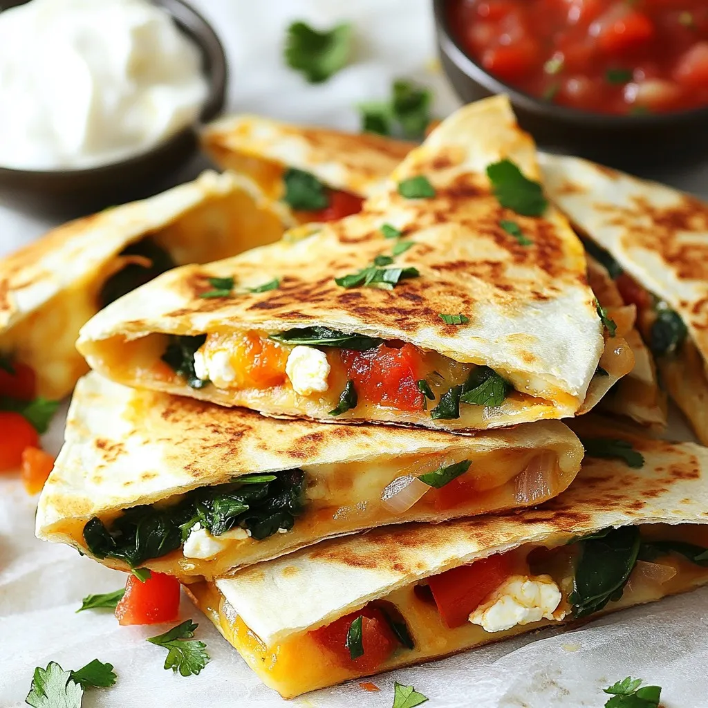 - 2 cups fresh spinach, chopped - 1 cup feta cheese, crumbled - 1 cup shredded mozzarella cheese - 1 medium onion, thinly sliced - 1 red bell pepper, diced - 1 tablespoon olive oil - 1 teaspoon garlic powder - 1 teaspoon ground cumin - 4 large flour tortillas - Salt and pepper to taste - Fresh parsley, chopped (for garnish) - Salsa and sour cream (for serving) To make the best spinach feta quesadillas, gather these ingredients. Each one brings flavor and joy to your plate. Fresh spinach adds a nice crunch. Feta cheese gives a rich, tangy taste. Mozzarella melts perfectly, making every bite smooth. You can add other ingredients to make it your own. Consider adding: - Shredded chicken for protein - Black beans for extra fiber - Jalapeños for some heat - Avocado for creaminess These options can enhance the taste and make your quesadillas even better. Feel free to mix and match based on your mood! Each serving offers a balanced meal. Here’s what you get per serving: - Calories: Approximately 300 - Protein: 15g - Carbohydrates: 30g - Fat: 15g - Fiber: 3g This meal is not only tasty but also fuels your day. It’s a great way to enjoy veggies and cheese all in one bite! {{ingredient_image_1}} To start making your quesadillas, heat olive oil in a large skillet over medium heat. Add the thinly sliced onion and diced red bell pepper. Cook them until soft and clear, which takes about 5 to 7 minutes. Next, toss in the chopped spinach and stir until it wilts, about 2 to 3 minutes. Then, add garlic powder, ground cumin, salt, and pepper. Mix well and remove from heat. Let this mixture cool for a moment. In a mixing bowl, combine the cooled veggies with crumbled feta and shredded mozzarella. Stir until everything is well mixed. Wipe the skillet clean to remove any bits. Place it back on medium heat. Lay one flour tortilla in the skillet. Spread a generous amount of your spinach and cheese mixture over half of the tortilla. Fold the tortilla in half, covering the filling. Cook for about 3 to 4 minutes on each side. You want it to turn golden brown and for the cheese to melt. Repeat this process for the remaining tortillas and filling. Once cooked, cut each quesadilla into wedges. For serving, place the quesadilla wedges on a colorful plate. I like to add a side of salsa and a dollop of sour cream for dipping. A sprinkle of chopped fresh parsley adds a nice touch. Enjoy your tasty Spinach Feta Quesadillas! To make perfect quesadillas, start with a hot skillet. Use medium heat to warm your pan. Add just enough olive oil to coat the bottom. This prevents sticking and helps the quesadilla crisp nicely. Place your filled tortilla in the skillet. Cook for 3-4 minutes on each side. Look for a golden brown color and melted cheese. One common mistake is overfilling the quesadilla. Too much filling makes it hard to flip. Another error is cooking on too high heat. This can burn the tortilla before the cheese melts. Lastly, do not skip letting the filling cool slightly. Hot filling can tear the tortilla and create a mess. To boost flavor, add spices like chili powder or smoked paprika. Fresh herbs like cilantro or basil can also enhance taste. Consider adding cooked chicken or black beans for extra protein. For a twist, use different cheeses, like pepper jack for some heat. Enjoy your quesadillas with fresh salsa and sour cream for a delicious dip! Pro Tips Use Fresh Spinach: Fresh spinach will provide a vibrant flavor and texture compared to frozen spinach. Always wash and dry it thoroughly before use. Experiment with Cheese: While feta and mozzarella are delicious, you can also try adding a bit of cheddar or pepper jack for a spicy kick! Get Creative with Fillings: Feel free to add other vegetables like mushrooms or zucchini to enhance the nutritional value and taste of your quesadillas. Perfectly Crisp Tortillas: To achieve a perfectly crisp tortilla, ensure your skillet is adequately preheated and avoid overcrowding it with too many quesadillas at once. {{image_2}} If you want to keep it vegetarian, you have great options. You can add mushrooms for a nice earthy taste. Try zucchini or corn for a sweet crunch. These veggies blend well with spinach and feta. You can also swap out the mozzarella for a vegan cheese. This keeps the meal tasty and plant-based. You can mix in other ingredients for more flavor. Try adding olives for a salty kick. Sun-dried tomatoes add a burst of sweetness. You could also use different herbs like thyme or basil. These additions give your quesadillas a unique twist. Experiment with what you like best! If you enjoy a bit of heat, spice it up! Add jalapeños or chili flakes to the filling. You can also use pepper jack cheese for a creamy, spicy flavor. Another option is to serve with hot salsa or a spicy sour cream. This will elevate your quesadillas and excite your taste buds. To keep your spinach feta quesadillas fresh, place them in an airtight container. You can store them in the fridge for up to three days. If you have a lot of leftovers, consider wrapping each quesadilla in plastic wrap. This helps keep them safe from air and moisture. When you’re ready to enjoy leftovers, heat them up on the stovetop. Place a quesadilla in a skillet over low heat. Cook each side for about three minutes until warm and crisp. You can also use a microwave. Just place the quesadilla on a plate and cover it with a damp paper towel. Heat it for about one minute, but watch it closely. If you want to save some quesadillas for later, freezing works well. First, let the quesadillas cool completely. Then, wrap each one in plastic wrap and place them in a freezer bag. They can last for up to three months in the freezer. When you're ready to eat, thaw them in the fridge before reheating. This will help keep the texture nice when you cook them again. Yes, you can use frozen spinach. It is a great option when fresh spinach is not available. Just remember to thaw and drain it well. This step helps remove excess water that can make your quesadilla soggy. Feta cheese is perfect in these quesadillas. Its salty flavor pairs well with spinach. You can also use mozzarella for extra meltiness. A mix of both adds taste and texture. To make gluten-free quesadillas, use gluten-free tortillas. Many brands offer these options. Check the label to ensure they are truly gluten-free. You can fill them with any ingredients you like, just like regular tortillas. In this post, we explored the key ingredients needed for tasty quesadillas. We covered how to prepare the filling, cook them perfectly, and serve them right. I shared tips to avoid common mistakes and ways to add flavor. You learned about vegetarian options and how to store and reheat leftovers effectively. Quesadillas are fun, easy, and delicious. With these tips, you'll impress everyone at the dinner table. Enjoy making your own tasty creations!