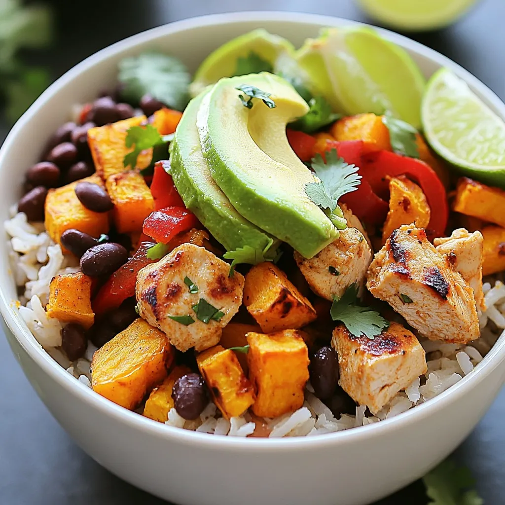 - 2 boneless, skinless chicken breasts, diced - 1 large sweet potato, peeled and cubed - 1 cup brown rice - 2 cups vegetable broth (or water) - 1 red bell pepper, diced - 1 cup black beans, rinsed and drained - 1 teaspoon cumin - 1 teaspoon smoked paprika - Salt and pepper to taste - 1 avocado, sliced - Fresh cilantro, chopped - Lime wedges {{ingredient_image_1}} To start, you will need to cook the rice. In a medium pot, combine 1 cup of brown rice with 2 cups of vegetable broth. Bring this mix to a boil. Once it boils, reduce the heat. Cover the pot and let it simmer for 30 to 35 minutes. The liquid will absorb, and the rice will become tender. When it's done, fluff the rice with a fork and set it aside. While the rice cooks, it’s time to roast the sweet potatoes. First, preheat your oven to 425°F (220°C). Take 1 large sweet potato, peel it, and cube it into bite-sized pieces. Toss the sweet potato cubes with 1 tablespoon of olive oil. Season with salt and pepper. Spread the sweet potatoes evenly on a baking sheet. Roast them in the oven for about 25 to 30 minutes. They should be tender and slightly caramelized when done. Next, let’s cook the chicken and vegetables. In a large skillet, heat 1 tablespoon of olive oil over medium heat. Add 2 diced, boneless, skinless chicken breasts to the skillet. Cook the chicken for about 6 to 8 minutes. You want it to be golden brown and fully cooked. Season the chicken with 1 teaspoon of cumin, 1 teaspoon of smoked paprika, salt, and pepper. Stir well to coat the chicken evenly. Once the chicken is cooked, add 1 diced red bell pepper and 1 cup of rinsed black beans to the skillet. Stir everything together and cook for an additional 3 to 5 minutes. The bell pepper should soften slightly. Now, you are ready to assemble your bowls! To get sweet potatoes just right, start by cutting them into even cubes. This helps them roast evenly. Toss the cubes in olive oil, salt, and pepper. Spread them on a baking sheet without crowding. Give them enough space to breathe. Roast at 425°F (220°C) for 25-30 minutes. Look for a golden-brown color. This caramelization brings out their natural sweetness. Even seasoning is key for great flavor. Use cumin and smoked paprika in your blend. These spices add depth and warmth. Once the chicken is in the skillet, season it well. Stir it periodically to coat every piece. This ensures every bite is packed with flavor. Don't forget to add salt and pepper for balance. When serving your rice bowls, think about layers. Start with brown rice as the base. Add the roasted sweet potatoes next. Then, pile on the chicken and veggie mix. For a fresh touch, add sliced avocado on top. Finish with a sprinkle of chopped cilantro. Lime wedges on the side add a zesty kick. This not only looks good but tastes amazing too! Pro Tips Perfectly Cooked Rice: For fluffier brown rice, rinse it under cold water before cooking to remove excess starch. Roasting Sweet Potatoes: Cut sweet potatoes into uniform pieces for even cooking and caramelization. Flavor Boost: Marinate the chicken in olive oil, cumin, and smoked paprika for at least 30 minutes before cooking for deeper flavor. Customizable Toppings: Add your favorite toppings such as feta cheese, jalapeños, or a drizzle of hot sauce for an extra kick. {{image_2}} If you want to switch up the protein, tofu or shrimp are great choices. Tofu gives a nice texture and absorbs flavors well. Use firm tofu, press it, and cube it. Cook it in the same way as chicken. For shrimp, just sauté it until it turns pink. Both options add a fun twist to your meal. Brown rice is awesome, but you can swap it for quinoa or cauliflower rice. Quinoa cooks fast and adds protein. Just use the same amount of vegetable broth as you would for rice. Cauliflower rice is low-carb and cooks in just a few minutes. It’s a perfect base for your bowl. For a nut-free version, just skip any nuts or nut-based toppings. To make it vegan, replace chicken with tofu. Use vegetable broth and check labels on canned beans. This way, everyone can enjoy these rice bowls without worry. Store any leftover chicken and sweet potato rice bowls in the fridge. Use airtight containers to keep them fresh. They can last up to three days. To avoid sogginess, keep toppings like avocado separate until ready to eat. To freeze components, start with the chicken and sweet potatoes. Place them in separate freezer bags. Label each bag with the date. You can keep them for about three months. The rice can also be frozen in a separate bag. When you are ready to eat, just thaw them in the fridge overnight. For reheating, use the microwave for quick meals. Heat in 30-second intervals. Stir after each interval to ensure even warming. You can also use the oven. Preheat it to 350°F (175°C) and cover with foil. Bake for about 15-20 minutes until heated through. Add fresh toppings like avocado after reheating for the best taste. Yes, you can prepare this meal in advance. Cook the chicken, sweet potatoes, and rice ahead. Store them in airtight containers in the fridge. You can keep the chicken and sweet potatoes for about 3 days. Reheat them before serving. This makes meal prep easy and quick. If you want a change, try quinoa or white rice. Both cook well with the other ingredients. Quinoa adds a nice texture and more protein. Cauliflower rice is a great low-carb option too. It cooks quickly and absorbs flavor well. Yes, this recipe is gluten-free. Brown rice and the other ingredients do not have gluten. Always check your broth for hidden gluten. You can also use vegetable broth or water, which are safe options. Enjoy this dish without worry! This blog post gave you a complete recipe for nutritious chicken bowls. We covered main ingredients, cooking steps, and handy tips. We also explored variations and storage methods. You can easily modify this dish to fit your needs. Try new toppings or grains for added flair. These bowls not only taste great, but they can also adapt to many diets. Enjoy cooking and creating your own versions of this dish!