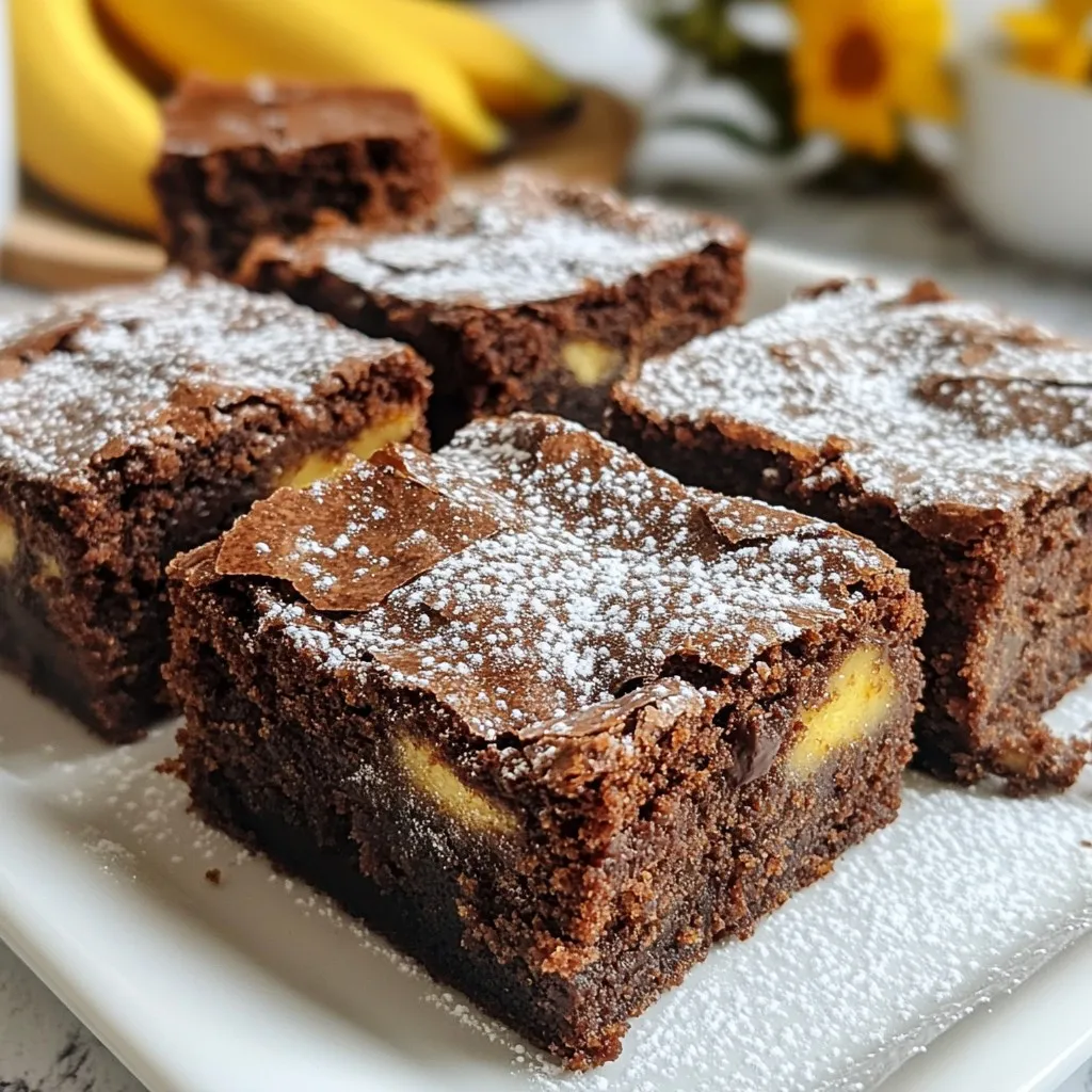 To make tasty banana brownies, you need a few key ingredients: - 2 ripe bananas, mashed - 1/2 cup unsweetened cocoa powder - 1/3 cup melted coconut oil (or butter) - 1/2 cup brown sugar - 1/4 cup granulated sugar - 2 large eggs - 1 teaspoon vanilla extract - 1/2 cup all-purpose flour - 1/4 teaspoon baking soda - 1/4 teaspoon salt These ingredients work together to create a rich, moist brownie. The ripe bananas add natural sweetness and flavor. The cocoa powder gives the brownies a deep chocolate taste. You can also add some fun extras to make your brownies special: - 1/2 cup chocolate chips - 1/4 cup chopped walnuts These optional ingredients can enhance the texture and flavor. Chocolate chips add extra gooeyness. Walnuts bring a nice crunch. Feel free to mix and match based on your taste! If you need to adjust the recipe, here are some quick conversions: - 1/3 cup = 5 tablespoons + 1 teaspoon - 1/4 cup = 4 tablespoons - 1/2 cup = 8 tablespoons Knowing these conversions can help you scale the recipe up or down easily. Just remember to keep the same ratios for the best results. Enjoy baking! {{ingredient_image_1}} First, you need to preheat your oven to 350°F (175°C). This step is key. While the oven heats, grab a 9x9-inch baking pan. You can grease it with butter or coconut oil. Another option is to line the pan with parchment paper. This makes it easy to remove the brownies later. In a large bowl, mash two ripe bananas. You want them soft and smooth. Then, add 1/3 cup of melted coconut oil and both sugars: 1/2 cup brown sugar and 1/4 cup granulated sugar. Mix these ingredients well until they are fully combined. Next, crack in two large eggs. Don't forget to add 1 teaspoon of vanilla extract for flavor. Whisk everything until it becomes smooth and creamy. Now, take another bowl. Sift together 1/2 cup of unsweetened cocoa powder, 1/2 cup of all-purpose flour, 1/4 teaspoon of baking soda, and 1/4 teaspoon of salt. Sifting helps break up lumps, so your brownies will be nice and fluffy. Once mixed, gradually add the dry ingredients to the wet mixture. Stir carefully until everything just comes together. Do not overmix, or your brownies may turn out tough. After mixing, if you like, fold in 1/2 cup of chocolate chips and 1/4 cup of chopped walnuts. These add extra flavor and crunch. Pour the brownie batter into the prepared pan. Spread it out evenly. Bake in your preheated oven for 20-25 minutes. To check if they are done, insert a toothpick in the center. It should come out with a few moist crumbs. After baking, let the brownies cool in the pan for about 10 minutes. Then, move them to a wire rack to cool completely before cutting. Enjoy your delicious treat! To get the best texture for your banana brownies, use very ripe bananas. The riper they are, the sweeter and softer they become. Mash them well to avoid lumps. Mix the wet ingredients until they are smooth. When you add the dry mix, stir gently. Overmixing can make brownies tough. One common mistake is not measuring the ingredients correctly. Too much flour can make your brownies dry. Another mistake is baking them too long. Keep an eye on the time and use a toothpick to check. If it comes out with a few moist crumbs, they are done. You can boost flavor by adding vanilla or a pinch of salt. Chocolate chips are great for extra richness. If you like nuts, try adding chopped walnuts. They add a nice crunch. For a twist, you can add a touch of cinnamon. These small changes can make your banana brownies delightful! Pro Tips Use Ripe Bananas: The riper the bananas, the sweeter and more flavorful your brownies will be. Look for bananas with lots of brown spots for the best taste! Don’t Overmix: When combining wet and dry ingredients, mix just until incorporated. Overmixing can lead to tough brownies. Check for Doneness: Baking times can vary, so start checking your brownies at 20 minutes. They should be set around the edges but slightly soft in the middle. Storage Tips: Keep your brownies in an airtight container at room temperature for up to 3 days, or refrigerate for longer freshness. {{image_2}} To make these brownies healthier, swap some ingredients. Use applesauce instead of some oil. It adds moisture and cuts fat. You can also use whole wheat flour in place of white flour. This gives more fiber and nutrients. If you want less sugar, try using honey or maple syrup. These options add sweetness without white sugar. Want to add some extra flavor? Nut butters like almond or peanut can enhance taste. Just stir in about a third cup into your wet mix. You can also add flavors with extracts. Try almond or orange extracts for a twist. Just one teaspoon can change the whole brownie. If you follow a vegan diet, replace eggs with flax eggs. Mix one tablespoon of ground flaxseed with three tablespoons of water. Let it sit until it thickens. For gluten-free brownies, use a gluten-free flour blend. Just make sure it’s a 1:1 substitute. These changes keep the brownies tasty while meeting your diet needs. To keep your banana brownies fresh, store them in an airtight container. This will lock in moisture and keep them soft. Place parchment paper between layers to prevent sticking. Store them at room temperature for up to three days. For longer storage, move them to the fridge. They will last for about a week this way. You can freeze banana brownies for later enjoyment. First, let them cool completely. Then, wrap each brownie in plastic wrap. Place the wrapped brownies in a freezer bag. They can last up to three months in the freezer. When you're ready to enjoy, just thaw them in the fridge overnight. To reheat your brownies, use the microwave. Heat them for about 10-15 seconds. Check if they are warm enough; if not, add a few more seconds. You can also warm them in an oven. Preheat it to 350°F (175°C) and bake for about 5-10 minutes. Enjoy them warm for the best taste! Yes, you can use frozen bananas. Just thaw them first. Once thawed, mash them well. They should be soft and easy to mix. Using frozen bananas can add great flavor and moisture. To check if the brownies are done, use a toothpick. Insert it in the center of the brownies. If it comes out with a few moist crumbs, they are ready. If it has wet batter on it, bake longer. Keep an eye on them to avoid overbaking. You can use melted butter instead of coconut oil. It will give the brownies a rich taste. You can also use vegetable oil or even applesauce for a lighter option. Each will change the flavor a bit, so choose what you like best. Cut the brownies into squares for serving. Dust them with powdered sugar for a nice look. Serve them warm with whipped cream or vanilla ice cream. Adding nuts or chocolate chips on top can also make them extra special. Enjoy your tasty treat! In this article, we covered everything you need for banana brownies. We listed essential and optional ingredients, shared easy steps to bake them, and offered tips for texture and flavor. We discussed variations for different diets and how to store your brownies properly. Remember, you can tweak this recipe to fit your taste. Each bite can be special with just a few changes. Enjoy making and sharing these delicious brownies with others!