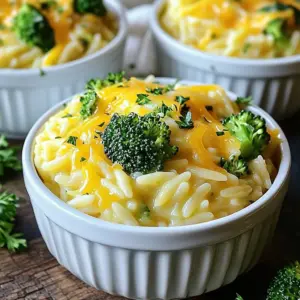 - 1 cup orzo pasta - 2 cups vegetable broth - 1 cup broccoli florets - 1 cup shredded sharp cheddar cheese - 1 small onion, diced - 2 cloves garlic, minced - 1 tablespoon olive oil - 1 teaspoon Dijon mustard - Salt and pepper to taste - 1/4 cup heavy cream (or plant-based alternative) - Optional: red pepper flakes for heat Gathering the right ingredients is key for a great dish. I love using orzo pasta for this recipe because it cooks quickly and absorbs flavors well. The vegetable broth adds depth and keeps it light. Fresh broccoli florets not only add color but also a nice crunch. I always choose sharp cheddar cheese for its bold flavor. It melts beautifully, creating a rich and creamy texture. The onion and garlic are essential for building a strong base. Olive oil helps to saut&eacute; these ingredients, enhancing their taste. Dijon mustard adds a subtle tang, which works well with the cheese. Seasoning with salt and pepper balances the dish. The heavy cream, or a plant-based option, gives it a luxurious feel. If you like a kick, sprinkle in some red pepper flakes for extra heat. With these ingredients, you can create a dish that is both comforting and satisfying. {{ingredient_image_1}} - Saut&eacute; onion and garlic: Start by heating 1 tablespoon of olive oil in a large pot over medium heat. Add 1 small diced onion. Cook for 3 to 4 minutes until it turns soft and clear. Then add 2 minced garlic cloves. Stir for 1 minute, but watch it closely so it doesn&rsquo;t burn. - Toast orzo pasta: Add 1 cup of orzo pasta to the pot. Stir it for about 2 minutes. This will give the orzo a nice flavor. - Combine vegetable broth and broccoli: Pour in 2 cups of vegetable broth. Bring the mixture to a boil. Once boiling, reduce the heat to a simmer. Then, add 1 cup of broccoli florets. - Simmer and incorporate ingredients: Cover the pot and cook for 8 to 10 minutes. Stir occasionally until the orzo is tender and most of the liquid is gone. - Stir in cheese and cream: Once the orzo is cooked, add 1 cup of shredded sharp cheddar cheese and 1 teaspoon of Dijon mustard. Also, stir in 1/4 cup of heavy cream. Mix until the cheese melts and everything is smooth. - Season to taste: Add salt, pepper, and optional red pepper flakes to your liking. If the dish seems thick, add a splash of broth or cream for a creamier texture. These steps will guide you to a warm, comforting bowl of One-Pot Broccoli Cheddar Orzo that everyone will love. To get the perfect texture for your One-Pot Broccoli Cheddar Orzo, follow these steps: - Toast the orzo: Before adding the broth, toast the orzo for about two minutes. This step adds a nice nutty flavor. - Add broth slowly: When you pour in the vegetable broth, do it slowly. This helps the orzo absorb the flavors well. For stirring techniques: - Stir gently: Stir occasionally but not too often. This helps prevent the orzo from sticking. - Check doneness: Taste a piece of orzo a minute or two before the end. It should be tender but not mushy. You can enhance the flavor in fun ways: - Add spices or herbs: Try adding garlic powder, thyme, or a bay leaf. Fresh herbs like parsley can also add brightness. - Cheese alternatives: If you want a different taste, swap the cheddar. Try Gruy&egrave;re for a rich flavor or nutritional yeast for a vegan option. Serving well makes your dish even better: - Beautiful bowls: Serve the orzo in deep bowls. This adds a nice touch to the meal. - Garnish for appeal: Top with extra cheddar and a sprinkle of fresh parsley. A drizzle of olive oil makes it shine and look appealing. Pro Tips Quality Broth Matters: Use a high-quality vegetable broth for the best flavor. Homemade broth can elevate this dish significantly. Cheese Choices: Experiment with different types of cheese like Gruy&egrave;re or fontina for a unique flavor profile. Broccoli Prep: Cut broccoli florets into small, uniform pieces to ensure they cook evenly and remain tender. Thickening Tip: If the orzo becomes too thick, simply add more broth or a splash of cream to reach your desired consistency. {{image_2}} You can easily change this recipe to fit your needs. For a gluten-free option, swap out the orzo for gluten-free pasta. Many brands have great options that cook similarly. Just keep an eye on the cooking time. If you want a vegan dish, use plant-based cheese and cream. Nutritional yeast can also add a cheesy flavor. Make sure your vegetable broth is free from animal products. This way, everyone can enjoy it! You can add proteins like chicken or shrimp for extra heartiness. Cook the protein first, then set it aside while you make the orzo. Stir it in at the end for a complete meal. Seasonal vegetables are also fun to use. You might try zucchini, bell peppers, or even peas. These add color and nutrition to your dish. Just toss them in with the broccoli for a tasty twist! Different cheeses can change the taste of your orzo. Try using mozzarella for a creamier feel or gouda for a smoky flavor. Each cheese brings its own unique twist to the dish. If you choose non-dairy cheeses, look for ones that melt well. Brands like Daiya or Follow Your Heart have great options. Just remember to taste as you go. You want to ensure it fits your flavor preferences! After making One-Pot Broccoli Cheddar Orzo, let it cool to room temperature. Store the leftovers in an airtight container. This dish will stay fresh for about 3 to 4 days in the fridge. Make sure to keep it sealed to avoid any odors from other foods. To reheat, you can use the microwave or a stovetop. If using a microwave, heat it in short bursts. This will help keep the texture nice. If it's too thick, add a splash of vegetable broth or cream to get the right consistency back. On the stovetop, warm it gently over low heat, stirring often to prevent sticking. You can freeze One-Pot Broccoli Cheddar Orzo! However, the texture might change slightly after thawing. To freeze, place it in a freezer-safe container. Make sure to leave some space for expansion. It can last for about 2 to 3 months in the freezer. When ready to eat, thaw it in the fridge overnight. Then, reheat as described above. What can I serve with One-Pot Broccoli Cheddar Orzo? You can pair this dish with a fresh salad or some crusty bread. Grilled chicken or shrimp also adds protein and makes the meal heartier. For a light touch, consider a side of roasted vegetables. Can I make this recipe ahead of time? Yes, you can prepare One-Pot Broccoli Cheddar Orzo ahead of time. Just store it in the fridge for up to three days. Reheat it on the stove with a bit of broth or cream to regain the creamy texture. How can I reduce the calories in this dish? To cut calories, use less cheese or switch to a low-fat cheese. You can also replace heavy cream with a plant-based option, like almond milk or cashew cream. Is it possible to make it spicier? Absolutely! Add red pepper flakes while cooking or stir in some diced jalape&ntilde;os. For a warm flavor, a dash of hot sauce works well too. What can I use instead of heavy cream? You can use coconut milk or unsweetened almond milk for a lighter touch. Greek yogurt also adds creaminess while being lower in fat. Can I substitute broccoli with another vegetable? Yes, feel free to swap broccoli for other veggies. Cauliflower, spinach, or peas all work well. Just adjust the cooking time based on your choice. This blog post shared a tasty One-Pot Broccoli Cheddar Orzo recipe. We explored main and extra ingredients, cooking steps, and helpful tips. I emphasized options for different diets and storage advice. You can create a delicious meal that fits your needs. I hope you feel inspired to try this dish. Enjoy your cooking adventure!