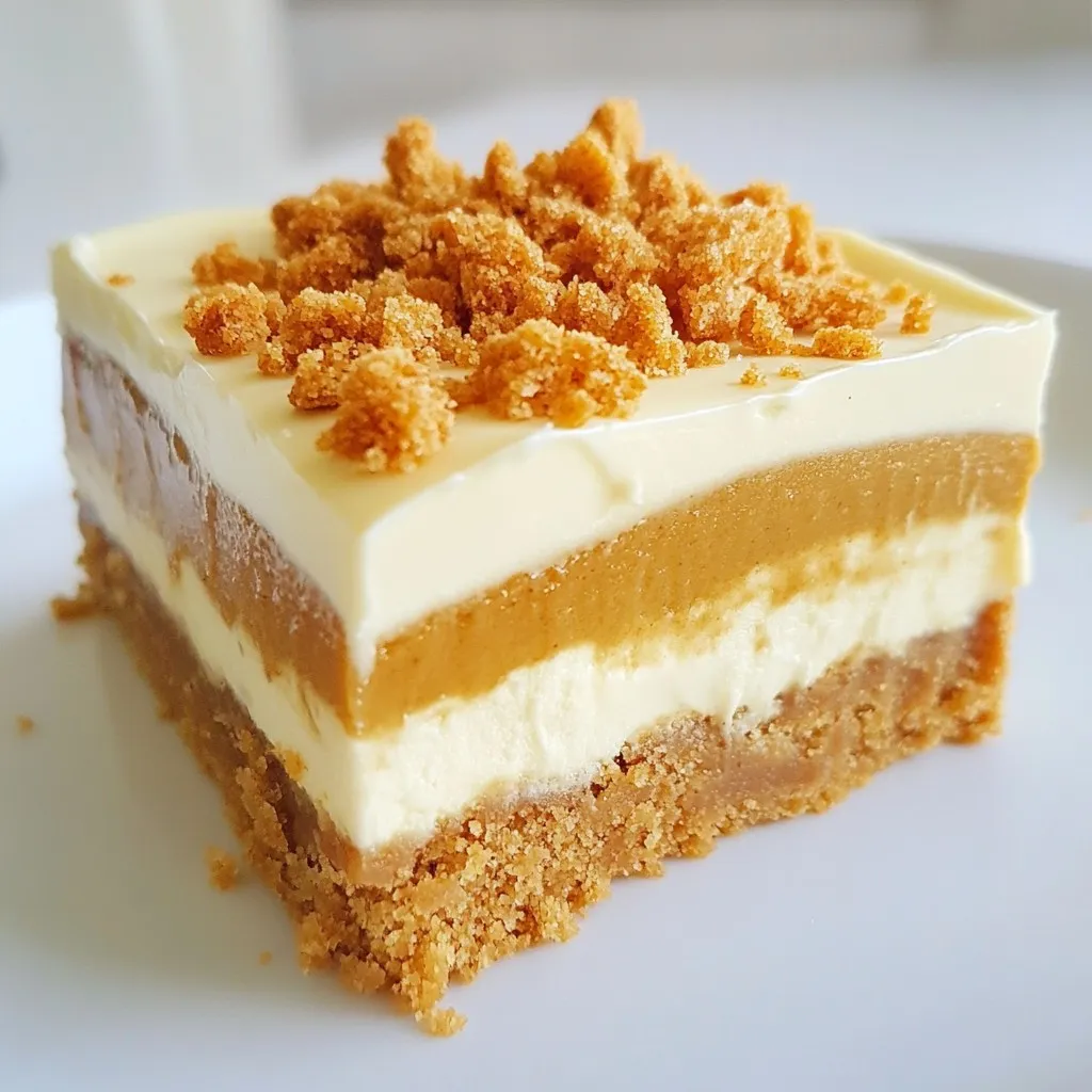 - 250g Biscoff biscuits, crushed - 100g unsalted butter, melted - 500g cream cheese, softened - 200ml heavy whipping cream - 100g powdered sugar - 120g Biscoff spread - 1 teaspoon vanilla extract The main ingredients create a rich taste. Biscoff biscuits give a sweet base. The unsalted butter helps bind the crust. Cream cheese brings creaminess to the cheesecake. Heavy whipping cream adds lightness. Powdered sugar sweetens the mix. Biscoff spread enhances the flavor. Vanilla extract rounds it all out. Each ingredient plays a key role. - Extra Biscoff biscuits for garnish Extra Biscoff biscuits make a great garnish. They add crunch on top. You can use them if you want. This step is not a must, but it looks nice. It also adds a bit more flavor. Feel free to get creative with your toppings! {{ingredient_image_1}} First, take 250g of crushed Biscoff biscuits. In a medium bowl, mix these crumbs with 100g of melted unsalted butter. Stir until all the crumbs are coated with butter. This mix should feel like wet sand. Next, grab a 9-inch springform pan. Firmly press the biscuit mixture into the bottom. Make sure it is even and compact. Chill in the fridge for about 10 to 15 minutes. This helps the base hold its shape. Now, let’s focus on the filling. In a large mixing bowl, beat 500g of softened cream cheese. Keep beating until it is smooth and creamy. This step is very important for a nice texture. Then, add 100g of powdered sugar, 120g of Biscoff spread, and 1 teaspoon of vanilla extract. Mix until everything is well combined. You want a smooth, rich filling that smells amazing. In a separate bowl, whip 200ml of heavy whipping cream. Keep whipping until you see stiff peaks form. This means the cream holds its shape well. Now, gently fold this whipped cream into the cream cheese mixture. Use a spatula and fold slowly. This keeps the air in the whipped cream, making the cheesecake light and fluffy. It’s time to assemble! Pour the cheesecake filling onto the chilled biscuit base. Spread it evenly with a spatula. Make sure it looks nice and smooth. Now, cover the pan with plastic wrap. Refrigerate for at least 4 hours, or overnight, for best results. The cheesecake needs this time to set properly. Before serving, you can top it with crushed Biscoff biscuits for a lovely finish. Enjoy this delightful dessert! - Use room temperature cream cheese. This helps it mix smoothly. - Fold the whipped cream gently. This keeps it light and airy. To get the best texture, make sure your cream cheese is soft. Let it sit out for about 30 minutes before mixing. This helps it blend well with the other ingredients. When you whip the cream, beat it until it forms stiff peaks. Gently fold it into the cream cheese mix. This keeps your cheesecake light. If you mix too hard, you'll lose that fluffy feel. - Cut the cheesecake with a warm knife. This helps get neat slices. - Top with crushed Biscoff biscuits. They add a nice crunch. When serving, run a knife under hot water, then wipe it dry. This makes slicing easier. For toppings, crushed Biscoff biscuits look great and taste delicious. You can add them right on top or on the side for extra flair. - Don’t over-whip the cream. It can turn grainy. - Chill the cheesecake long enough. It needs time to set. Over-whipping the cream can ruin the texture. Stop whipping as soon as you see stiff peaks. It’s also key to chill the cheesecake for at least four hours. If you don’t let it chill, it won’t hold its shape. Follow these tips for a perfect no-bake Biscoff cheesecake! Pro Tips Chill Your Ingredients: Make sure your cream cheese is at room temperature to blend smoothly, and chill the whipped cream for better volume when whipping. Use a Springform Pan: A springform pan allows for easy removal of the cheesecake. Just run a knife around the edge before releasing the clasp for a clean finish. Perfect Whipping Technique: When whipping the cream, start on low speed and gradually increase to high. This helps achieve the desired stiff peaks without overwhipping. Garnishing Ideas: Feel free to get creative with garnishes! In addition to crushed Biscoff biscuits, consider drizzling chocolate sauce or adding fresh fruit for a pop of color. {{image_2}} You can make this cheesecake even more fun. Try adding chocolate or peanut butter. Just mix in 100g of melted chocolate or peanut butter into the filling. This small change creates a rich twist. You can also use different flavored spreads. If you like caramel, use caramel spread instead of Biscoff. It gives a creamy texture and a sweet taste. You could even try Nutella for a chocolate-hazelnut flavor. The options are endless! If you need gluten-free options, replace Biscoff biscuits. Use gluten-free cookies or almond flour. Both options work well in the crust. Make sure to check the labels for gluten content. For dairy-free choices, find cream cheese and whipping cream made from nuts or coconut. They can mimic the texture and taste of regular cream cheese. Look for brands that fit your diet. This way, everyone can enjoy this dessert! To keep your no-bake Biscoff cheesecake fresh, refrigerate it. Place it in an airtight container. This will help maintain its creamy texture. If you don’t have a container, you can cover it tightly with plastic wrap. Make sure it touches the surface of the cheesecake to prevent air exposure. This way, it can last up to five days in the fridge. Remember, the longer it sits, the softer it may become. If you want to store it longer, freezing is a great option. First, let the cheesecake set completely in the fridge. After that, remove it from the springform pan. Wrap it tightly in plastic wrap. Then, place it in a freezer-safe container or a zip-top bag. This helps prevent freezer burn. The cheesecake can last for up to three months in the freezer. When you're ready to enjoy it, thaw it slowly in the fridge overnight. This will help preserve the texture and flavor. Avoid thawing at room temperature, as it can make the cheesecake too soft. Enjoy your cheesecake whenever you like with these simple storage tips! The cheesecake needs to set for at least 4 hours. This time helps the filling firm up. If you can, let it chill overnight. This will give you the best texture and flavor. Yes, you can make this cheesecake ahead of time. It is perfect for parties and gatherings. Prepare it one day before you plan to serve. This way, the flavors have time to mix well. You can use other cookies for the crust. Graham crackers work well and add a nice flavor. Oreos are another great choice if you want a chocolate twist. This blog post covered the key ingredients and steps for making a Biscoff cheesecake. You learned how to prepare the base, make the creamy filling, and assemble everything for the perfect dessert. Remember to focus on texture by using room temperature ingredients and refrigerating long enough. You can even mix in flavors or modify the recipe to suit your needs. Whether you serve it at a party or enjoy it at home, this cheesecake is sure to impress. Happy baking!