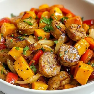 To make this tasty dish, gather these simple ingredients: - 1 lb chicken sausage (or any preferred sausage), sliced - 2 medium sweet potatoes, peeled and diced - 1 red bell pepper, chopped - 1 medium onion, diced - 4 cloves garlic, minced - 3 tablespoons honey - 2 tablespoons olive oil - 1 teaspoon smoked paprika - Salt and pepper to taste - Fresh parsley, chopped (for garnish) You can swap some ingredients if needed: - Use turkey or pork sausage instead of chicken sausage. - If you don't have sweet potatoes, try regular potatoes or butternut squash. - For a different flavor, use yellow or green bell peppers instead of red. - You can replace honey with maple syrup for a unique taste. - Olive oil can be swapped for avocado oil if you prefer. Prep is key to a smooth cooking process. Start by peeling and dicing the sweet potatoes. Aim for even pieces to ensure they cook at the same rate. Next, chop the red bell pepper and onion into small bits. This will help them cook quickly and blend well with the other flavors. Finally, mince the garlic cloves. Fresh garlic gives a bold taste, so don&rsquo;t skip it. Having all ingredients ready makes cooking fast and fun. Enjoy the process, and soon you will have a delicious meal to share! {{ingredient_image_1}} Start by gathering your ingredients. You need chicken sausage, sweet potatoes, a red bell pepper, an onion, garlic, honey, olive oil, smoked paprika, salt, and pepper. 1. Heat the skillet: Pour olive oil into a large skillet. Turn the heat to medium. 2. Prepare the sweet potatoes: Peel and dice two medium sweet potatoes. Add them to the hot skillet. Make sure to season with salt and pepper. 1. Saut&eacute; the sweet potatoes: Cook the sweet potatoes for about 10-12 minutes. Stir them often. You want them to soften and start to brown. 2. Add the sausage: Slice the chicken sausage and add it to the skillet. Cook for another 5 minutes. This will help the sausage brown well. 3. Mix in the veggies: Dice one medium onion and chop one red bell pepper. Stir them into the skillet. Cook for 5 minutes until they soften. 4. Combine garlic and honey: Mince four cloves of garlic. Add the minced garlic, honey, and smoked paprika to the skillet. Stir everything well. Cook for another 3-4 minutes to let the honey caramelize. - Check for doneness: After cooking, taste the mixture. Adjust seasoning with more salt or pepper if needed. - Garnish: Remove from heat. Sprinkle fresh parsley on top before serving. This adds color and flavor. - Serving hint: Serve in bowls. Drizzle more honey on top for a sweet touch. Enjoy your meal! To elevate your Honey Garlic Sausage Sweet Potato Skillet, think about adding a splash of zest. You can use lemon or lime juice for a fresh twist. A dash of chili flakes can bring heat, if you enjoy spice. Fresh herbs like thyme or rosemary add depth. Don't forget to taste as you cook. Adjust salt and pepper to make flavors pop. For this recipe, a large skillet is key. I recommend a cast-iron skillet for even heating. A good wooden spoon helps to stir everything well. Use a sharp knife for chopping your veggies quickly. A sturdy cutting board is a must to keep your space tidy. Serve your skillet dish in bowls. Sprinkle fresh parsley on top for color and flavor. You can drizzle extra honey for a sweet touch. Pair it with crusty bread or a fresh salad for a complete meal. Leftovers can be a tasty lunch the next day! Pro Tips Choose Your Sausage Wisely: Select a sausage with your preferred flavor profile, whether it's spicy, sweet, or smoked, to enhance the overall taste of the dish. Perfect Sweet Potato Texture: To ensure your sweet potatoes cook evenly, cut them into uniform pieces, allowing them to brown and soften consistently. Adjust the Honey: Depending on your preference for sweetness, you can add more or less honey to achieve the desired flavor balance, especially if you're using a spicier sausage. Garnish for Freshness: Always finish with fresh herbs like parsley or cilantro to add a burst of color and freshness, enhancing both the presentation and flavor. {{image_2}} You can use many types of sausage for this dish. Chicken sausage is great, but feel free to try turkey, pork, or even plant-based sausage. Each type brings its own taste. For a smoky flavor, choose smoked sausage. For a leaner option, go with turkey sausage. If you want more spice, hot Italian sausage works well. Pick what you love best! This skillet dish is flexible with veggies. Besides sweet potatoes, you can add zucchini, broccoli, or carrots. Each vegetable gives a new taste and texture. You can also try leafy greens like spinach or kale. Just add them toward the end of cooking to keep them tender. Experiment with what you have in your fridge! You can adjust the sweetness and spice level. To make it spicy, add red pepper flakes or diced jalape&ntilde;os. This will bring heat and excitement to each bite. If you want more sweetness, add extra honey or even a splash of maple syrup. Balancing sweet and spicy makes a unique and tasty meal. Choose what fits your mood! After you enjoy your Honey Garlic Sausage Sweet Potato Skillet, store any leftovers in an airtight container. Make sure to let the dish cool down first. You can keep it in the fridge for up to three days. This makes it easy to enjoy another meal without extra cooking. To reheat your leftovers, you have a few options. The best way is to use a skillet. Heat it over medium heat, and add a splash of water or olive oil. Stir the dish until it warms through. You can also use the microwave. Heat it in 30-second bursts, stirring in between, until hot. This keeps the flavors fresh and tasty. If you want to save your Honey Garlic Sausage Sweet Potato Skillet for later, freezing works great. Place the cooled dish in a freezer-safe container. Make sure to leave some space at the top for expansion. It will stay good for up to three months. To eat, thaw it in the fridge overnight and reheat as mentioned above. Enjoy the flavors even after some time! Yes, you can use any sausage you like. Chicken sausage works well, but try pork, turkey, or even plant-based sausages. Each will bring a different flavor to the dish. Just remember to adjust cooking time based on the sausage type. Cook it until it is nicely browned and heated through. To make your Honey Garlic Sausage Sweet Potato Skillet gluten-free, focus on the sausage you choose. Most chicken sausages are gluten-free, but always check the label. Ensure that your seasonings and any other ingredients are also gluten-free. This way, you can enjoy this dish without worries. This skillet dish is filling, but you can add light sides. Consider a simple green salad with a lemon vinaigrette. Steamed broccoli or saut&eacute;ed spinach also work great. These sides add freshness and balance out the flavors of the skillet. This blog post covered key ingredients, step-by-step instructions, and helpful tips for making the Honey Garlic Sausage Sweet Potato Skillet. You now know how to choose the best ingredients, cook them well, and experiment with flavors. Remember to try different sausage options and veggies. Store leftovers properly to enjoy your dish later. With these skills and ideas, you can make this meal your own. Enjoy cooking, and have fun sharing it with others!