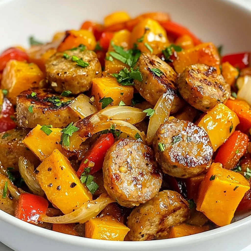 To make this tasty dish, gather these simple ingredients: - 1 lb chicken sausage (or any preferred sausage), sliced - 2 medium sweet potatoes, peeled and diced - 1 red bell pepper, chopped - 1 medium onion, diced - 4 cloves garlic, minced - 3 tablespoons honey - 2 tablespoons olive oil - 1 teaspoon smoked paprika - Salt and pepper to taste - Fresh parsley, chopped (for garnish) You can swap some ingredients if needed: - Use turkey or pork sausage instead of chicken sausage. - If you don't have sweet potatoes, try regular potatoes or butternut squash. - For a different flavor, use yellow or green bell peppers instead of red. - You can replace honey with maple syrup for a unique taste. - Olive oil can be swapped for avocado oil if you prefer. Prep is key to a smooth cooking process. Start by peeling and dicing the sweet potatoes. Aim for even pieces to ensure they cook at the same rate. Next, chop the red bell pepper and onion into small bits. This will help them cook quickly and blend well with the other flavors. Finally, mince the garlic cloves. Fresh garlic gives a bold taste, so don’t skip it. Having all ingredients ready makes cooking fast and fun. Enjoy the process, and soon you will have a delicious meal to share! {{ingredient_image_1}} Start by gathering your ingredients. You need chicken sausage, sweet potatoes, a red bell pepper, an onion, garlic, honey, olive oil, smoked paprika, salt, and pepper. 1. Heat the skillet: Pour olive oil into a large skillet. Turn the heat to medium. 2. Prepare the sweet potatoes: Peel and dice two medium sweet potatoes. Add them to the hot skillet. Make sure to season with salt and pepper. 1. Sauté the sweet potatoes: Cook the sweet potatoes for about 10-12 minutes. Stir them often. You want them to soften and start to brown. 2. Add the sausage: Slice the chicken sausage and add it to the skillet. Cook for another 5 minutes. This will help the sausage brown well. 3. Mix in the veggies: Dice one medium onion and chop one red bell pepper. Stir them into the skillet. Cook for 5 minutes until they soften. 4. Combine garlic and honey: Mince four cloves of garlic. Add the minced garlic, honey, and smoked paprika to the skillet. Stir everything well. Cook for another 3-4 minutes to let the honey caramelize. - Check for doneness: After cooking, taste the mixture. Adjust seasoning with more salt or pepper if needed. - Garnish: Remove from heat. Sprinkle fresh parsley on top before serving. This adds color and flavor. - Serving hint: Serve in bowls. Drizzle more honey on top for a sweet touch. Enjoy your meal! To elevate your Honey Garlic Sausage Sweet Potato Skillet, think about adding a splash of zest. You can use lemon or lime juice for a fresh twist. A dash of chili flakes can bring heat, if you enjoy spice. Fresh herbs like thyme or rosemary add depth. Don't forget to taste as you cook. Adjust salt and pepper to make flavors pop. For this recipe, a large skillet is key. I recommend a cast-iron skillet for even heating. A good wooden spoon helps to stir everything well. Use a sharp knife for chopping your veggies quickly. A sturdy cutting board is a must to keep your space tidy. Serve your skillet dish in bowls. Sprinkle fresh parsley on top for color and flavor. You can drizzle extra honey for a sweet touch. Pair it with crusty bread or a fresh salad for a complete meal. Leftovers can be a tasty lunch the next day! Pro Tips Choose Your Sausage Wisely: Select a sausage with your preferred flavor profile, whether it's spicy, sweet, or smoked, to enhance the overall taste of the dish. Perfect Sweet Potato Texture: To ensure your sweet potatoes cook evenly, cut them into uniform pieces, allowing them to brown and soften consistently. Adjust the Honey: Depending on your preference for sweetness, you can add more or less honey to achieve the desired flavor balance, especially if you're using a spicier sausage. Garnish for Freshness: Always finish with fresh herbs like parsley or cilantro to add a burst of color and freshness, enhancing both the presentation and flavor. {{image_2}} You can use many types of sausage for this dish. Chicken sausage is great, but feel free to try turkey, pork, or even plant-based sausage. Each type brings its own taste. For a smoky flavor, choose smoked sausage. For a leaner option, go with turkey sausage. If you want more spice, hot Italian sausage works well. Pick what you love best! This skillet dish is flexible with veggies. Besides sweet potatoes, you can add zucchini, broccoli, or carrots. Each vegetable gives a new taste and texture. You can also try leafy greens like spinach or kale. Just add them toward the end of cooking to keep them tender. Experiment with what you have in your fridge! You can adjust the sweetness and spice level. To make it spicy, add red pepper flakes or diced jalapeños. This will bring heat and excitement to each bite. If you want more sweetness, add extra honey or even a splash of maple syrup. Balancing sweet and spicy makes a unique and tasty meal. Choose what fits your mood! After you enjoy your Honey Garlic Sausage Sweet Potato Skillet, store any leftovers in an airtight container. Make sure to let the dish cool down first. You can keep it in the fridge for up to three days. This makes it easy to enjoy another meal without extra cooking. To reheat your leftovers, you have a few options. The best way is to use a skillet. Heat it over medium heat, and add a splash of water or olive oil. Stir the dish until it warms through. You can also use the microwave. Heat it in 30-second bursts, stirring in between, until hot. This keeps the flavors fresh and tasty. If you want to save your Honey Garlic Sausage Sweet Potato Skillet for later, freezing works great. Place the cooled dish in a freezer-safe container. Make sure to leave some space at the top for expansion. It will stay good for up to three months. To eat, thaw it in the fridge overnight and reheat as mentioned above. Enjoy the flavors even after some time! Yes, you can use any sausage you like. Chicken sausage works well, but try pork, turkey, or even plant-based sausages. Each will bring a different flavor to the dish. Just remember to adjust cooking time based on the sausage type. Cook it until it is nicely browned and heated through. To make your Honey Garlic Sausage Sweet Potato Skillet gluten-free, focus on the sausage you choose. Most chicken sausages are gluten-free, but always check the label. Ensure that your seasonings and any other ingredients are also gluten-free. This way, you can enjoy this dish without worries. This skillet dish is filling, but you can add light sides. Consider a simple green salad with a lemon vinaigrette. Steamed broccoli or sautéed spinach also work great. These sides add freshness and balance out the flavors of the skillet. This blog post covered key ingredients, step-by-step instructions, and helpful tips for making the Honey Garlic Sausage Sweet Potato Skillet. You now know how to choose the best ingredients, cook them well, and experiment with flavors. Remember to try different sausage options and veggies. Store leftovers properly to enjoy your dish later. With these skills and ideas, you can make this meal your own. Enjoy cooking, and have fun sharing it with others!