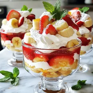 - 2 cups fresh strawberries, sliced - 2 ripe bananas, sliced - 1 cup vanilla pudding mix - 2 cups whole milk - 1 teaspoon vanilla extract - 1 cup heavy whipping cream - 2 tablespoons powdered sugar - 1 cup crushed graham crackers - Fresh mint leaves for garnish To make the Strawberry Banana Pudding Dream, start with fresh ingredients. The strawberries and bananas add sweetness and a burst of flavor. You will need two cups of sliced strawberries. Next, grab two ripe bananas, also sliced. For the creamy base, use one cup of vanilla pudding mix. Combine it with two cups of whole milk and one teaspoon of vanilla extract. This mix creates a smooth, rich pudding. Next, you&rsquo;ll need one cup of heavy whipping cream. This adds a light, fluffy texture. To sweeten it, use two tablespoons of powdered sugar. For a crunchy layer, use one cup of crushed graham crackers. This adds great texture and flavor. Finally, for a pop of color and freshness, add some fresh mint leaves for garnish. This simple list of ingredients makes a delightful dessert. You will impress everyone with your beautiful layers and fresh taste! {{ingredient_image_1}} First, grab a medium bowl. In this bowl, add the vanilla pudding mix. Next, pour in the whole milk and the vanilla extract. Now, whisk these ingredients together. Keep whisking until the mixture is smooth and thick. This should take about two minutes. After that, set the bowl aside for five minutes. This step lets the pudding set up just right. Now, it's time to whip the cream. Take a separate bowl and add the heavy whipping cream. Sprinkle in the powdered sugar. Use a mixer and whip the cream until you see stiff peaks. This means the cream holds its shape well. Once you achieve this, gently fold half of the whipped cream into the pudding mixture. This step lightens the pudding and makes it fluffy. Now comes the fun part: layering! Start with a clear serving dish or individual cups. First, add a layer of crushed graham crackers to the bottom. Next, spoon in a layer of the pudding mixture. Then, add slices of strawberries and bananas on top. Repeat this layering process until the dish is full. Finish with a nice layer of whipped cream on top for a tasty look. Let the dessert chill in the fridge for at least two hours. This helps all the flavors blend together. Before serving, garnish it with fresh mint leaves and some extra fruit slices on top. Enjoy your beautiful, delicious creation! To make perfect whipped cream, start with cold tools. Chill your mixing bowl and beaters. Use heavy cream for the best results. Whip the cream on medium speed. Stop when you see stiff peaks. Be careful not to overwhip. Overwhipped cream becomes grainy and turns into butter. If that happens, don&rsquo;t worry. You can fold in a bit of fresh cream to smooth it out. Creating beautiful layers is key for this dessert. Start with crushed graham crackers at the bottom. This adds texture and crunch. Next, spoon in the pudding mixture. Make sure it covers the crackers fully. Add a layer of sliced strawberries, followed by bananas. Repeat this process until your dish is full. Finish with a thick layer of whipped cream. This makes the dessert look stunning. Use a spatula to create swirls on top for added flair. Presentation matters! Chill the pudding for at least two hours. This helps the flavors blend well. Serve in clear glass dishes to show off the colorful layers. Add fresh mint leaves on top for a pop of green. You can also place extra fruit slices on the side. Drizzle some strawberry syrup for extra sweetness. These tips will impress your guests and make the dish really shine! Pro Tips Choose Ripe Fruits: Make sure to pick ripe, sweet strawberries and bananas for the best flavor. Overripe fruits can affect the texture and taste of your pudding. Chill the Cream: For a fluffier whipped cream, chill your mixing bowl and beaters before whipping the cream. This helps achieve stiff peaks more easily. Layering Technique: When layering, add a bit of pudding on the bottom before the graham cracker layer to help them stick together and create a more stable dessert. Let It Set: Allowing the dessert to chill for at least 2 hours is crucial for the flavors to meld together and for the texture to firm up nicely. {{image_2}} You can swap out strawberries and bananas for other fruits. Consider using: - Blueberries - Raspberries - Peaches - Pineapple - Kiwi Mix and match your favorites. Each fruit brings its own taste. This makes every dessert unique and fun. You can play with flavors in this dessert. Use different pudding mixes like: - Chocolate - Butterscotch - Cheesecake You can also add extracts. Try almond, coconut, or lemon for a twist. Each choice will add a new layer of taste. You can make this dessert fit many diets. For gluten-free, use crushed gluten-free cookies instead of graham crackers. To make it dairy-free, try: - Almond milk or coconut milk instead of whole milk - Dairy-free whipped cream These options keep the dish tasty while meeting your needs. Enjoy customizing your Strawberry Banana Pudding Dream! To keep your Strawberry Banana Pudding Dream fresh, cover it tightly with plastic wrap. Place it in the fridge. Try to eat it within a few days. This dessert tastes best when fresh. If you have leftovers, make sure to store them properly to avoid sogginess. This delightful dessert stays fresh in the fridge for about 3 to 4 days. After that, the fruit may lose its texture. The pudding can separate, which affects the taste. Enjoy it sooner rather than later for the best flavor and texture. You can freeze parts of this dessert, but I recommend freezing layers separately. Freeze the pudding mixture and whipped cream in airtight containers. Slice the fruits and freeze them in a single layer on a baking sheet, then store in a bag. When ready to serve, thaw everything in the fridge overnight. Then, layer it again for a fresh look! Yes, you can use instant pudding mix for this recipe. Instant pudding saves time and adds ease. It thickens quickly when mixed with milk. Just whisk it together with milk and vanilla extract. You won't need to cook it. Cook-and-serve pudding takes longer and needs heat. Instant pudding gives you a creamy texture faster. Chill the dessert for at least 2 hours. This time helps the flavors blend well. It also allows the pudding to set properly. If you can, chill it longer for even better taste. The cold dessert feels refreshing. It&rsquo;s perfect for hot days and summer gatherings. Yes, you can make this recipe a day ahead. Store it in the fridge for up to 2 days. Just cover the dish with plastic wrap to keep it fresh. If you make it early, the layers will meld together nicely. This makes for a delicious treat when you are ready to serve. This dessert tutorial covers all you need to create a delicious treat. We explored the ingredients, from fresh strawberries to whipped cream, and laid out simple steps for preparation and serving. You learned tips on layering and whipping to achieve perfect texture. We even discussed fun variations and storage solutions. Keep these ideas in mind to make this dish your own. Enjoy making and sharing this delightful dessert that everyone will love!