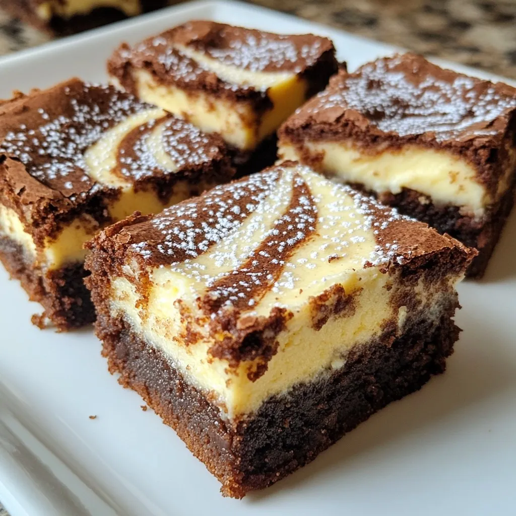 - 1 cup (2 sticks) unsalted butter - 1 cup granulated sugar - 2 large eggs - 1 teaspoon vanilla extract The main ingredients form the heart of your brownies. Unsalted butter adds richness. Granulated sugar sweetens and helps achieve a soft texture. Eggs bind everything together and add moisture, while vanilla extract enhances the flavor. - 1 cup all-purpose flour - 1/3 cup unsweetened cocoa powder - 1/4 teaspoon salt - 1/4 teaspoon baking powder Dry ingredients balance the wet ones. All-purpose flour gives structure to the brownies. Cocoa powder brings that deep chocolate flavor. A pinch of salt rounds out the sweetness, and baking powder provides a little lift. - 8 oz cream cheese, softened - 1/2 cup powdered sugar - 1 egg yolk - 1/2 teaspoon vanilla extract (for cream cheese layer) The cream cheese mixture adds a delicious swirl. Softened cream cheese creates a smooth texture. Powdered sugar sweetens the mixture. An egg yolk adds richness, while vanilla extract gives it a lovely flavor. This layer makes the brownies extra special. {{ingredient_image_1}} To start, you need to prepare your baking dish. Grease an 8x8 inch dish with some butter. Then, line it with parchment paper. Leave some paper hanging over the edges. This helps you lift out the brownies later. Next, preheat your oven to 350°F (175°C). This temperature is key for baking the perfect brownies. Now, let’s make the brownie batter. Take a saucepan and melt 1 cup of unsalted butter over low heat. Once melted, remove it from the heat. Stir in 1 cup of granulated sugar until it's well mixed. Next, add 2 large eggs one by one. Mix well after each egg. Then, add 1 teaspoon of vanilla extract for flavor. In a different bowl, whisk together 1 cup of all-purpose flour, 1/3 cup of unsweetened cocoa powder, 1/4 teaspoon of salt, and 1/4 teaspoon of baking powder. This dry mix is important for the texture of your brownies. Slowly add this dry mixture to the wet batter. Stir gently until just combined. Overmixing can make them tough, so be careful. Now, let’s prepare the cream cheese layer. In another bowl, beat 8 oz of softened cream cheese with 1/2 cup of powdered sugar. Add 1 egg yolk and 1/2 teaspoon of vanilla extract. Mix until it's smooth and creamy. This layer adds a delicious tang to your brownies. It’s time to layer the batters. Pour about two-thirds of the brownie batter into the prepared dish. Spread it evenly across the bottom. Next, spoon dollops of the cream cheese mixture on top. Use the remaining brownie batter to add dollops over the cream cheese. Now, take a skewer or a knife and gently swirl the two batters together. Be careful not to over-swish. You want a nice marbled effect. Bake the brownies in your preheated oven for 25-30 minutes. To check if they are done, insert a toothpick into the center. It should come out mostly clean. A few moist crumbs are okay. Once baked, remove them from the oven. Let them cool completely in the dish. After cooling, use the parchment paper to lift the brownies out. Cut them into squares and enjoy! - Avoiding overmixing: When mixing the brownie batter, stir until just combined. Overmixing makes brownies tough. This keeps them soft and gooey inside. - Checking for doneness: Insert a toothpick in the center. It should come out with a few moist crumbs. If it’s too wet, bake a few more minutes. - Keeping layers distinct: When you add the cream cheese mix, do not spread it too much. Use dollops to keep the layers separate. This helps in creating a pretty swirl. - Tools for swirling: A skewer or a knife works best for swirling. Use gentle strokes to create the marble effect. Be careful not to mix too much. - Serving suggestions: Serve brownies on a wooden platter or a bright cake stand. Dust with powdered sugar for a touch of elegance. Cut them into neat squares for easy serving. - Pairing ideas with ice cream or fruits: A scoop of vanilla ice cream goes great with these brownies. Fresh berries add a nice pop of color and flavor. Try serving with strawberries or raspberries for a fruity twist. Pro Tips Room Temperature Ingredients: Make sure your cream cheese is softened to room temperature for easy mixing and a smoother texture in the cream cheese layer. Swirling Technique: When swirling the cream cheese and brownie batter, use a gentle hand to maintain distinct layers for a beautiful marbled effect. Cooling Time: Allow the brownies to cool completely in the pan to ensure they set properly and make cutting easier. Storage Tips: Store leftover brownies in an airtight container at room temperature for up to 3 days, or refrigerate for longer freshness. {{image_2}} You can make these brownies even more fun. Here are some ideas: - Adding nuts or chocolate chips: Toss in some chopped nuts like walnuts or pecans. They add crunch and flavor. You can also mix in chocolate chips for extra chocolatey bites. Use semi-sweet or dark chocolate chips for a richer treat. - Flavoring the cream cheese layer: You can add flavors to the cream cheese mix too. A bit of lemon zest can brighten the taste. Or, try a touch of almond extract for a nutty twist. You could even mix in some melted chocolate for a chocolate cream cheese layer. Sometimes we need to change things up for our diets. Here’s how to make these brownies fit different needs: - Gluten-free options: Use a gluten-free flour blend instead of regular flour. Make sure to check the blend for good results. This way, everyone can enjoy these brownies without worry. - Dairy-free alternatives: Swap the cream cheese for a dairy-free version. Look for brands made with cashews or soy. You can also use coconut oil instead of butter. This keeps the brownies rich and tasty without dairy. Serving these brownies can be just as fun as making them. Here are some creative ideas: - Brownie sundae: Top warm brownies with a scoop of ice cream. Add hot fudge, whipped cream, and a cherry on top. It becomes a delightful dessert that everyone will love. - Brownie trifle: Cut brownies into squares and layer them with pudding or whipped cream. Add some berries or nuts in between layers. This colorful dessert looks great and tastes even better! To keep your brownies fresh, store them in an airtight container. You can keep them at room temperature for a few days. If you want them to last longer, the fridge works too. Just remember, cold storage may change the texture a bit. Room temp keeps them soft and chewy, which is how I love them! If you want to enjoy brownies later, freezing is a great option. Wrap each brownie in plastic wrap. Then, place them in a freezer-safe bag or container. They can last up to three months in the freezer. When you're ready to eat them, take out a brownie and let it thaw at room temperature for about 30 minutes. You can also pop it in the microwave for a few seconds for a warm treat! When stored properly, brownies can last about 3-4 days at room temperature. In the fridge, they can stay fresh for up to a week. If you freeze them, remember they are best enjoyed within three months. Always check for any signs of spoilage before eating. Keeping track of how long they’ve been stored helps you enjoy these treats at their best! To make your brownies fudgier, use more butter. You can also add an extra egg. Another option is to reduce the flour a bit. This creates a denser texture. Avoid overbaking; check for doneness early. If you want even more moisture, add a bit of melted chocolate. Yes, you can use reduced-fat cream cheese. However, it may change the texture. Your brownies might not be as creamy. The flavor may also be less rich. If you prefer a lighter option, this can work. Just keep in mind the results might differ. To check if your brownies are done, look for a few signs. The edges should look set and slightly pull away from the sides. Insert a toothpick in the center; it should come out with a few moist crumbs. If it comes out wet, give them more time. Remember, a little gooeyness is okay! Yes, you can substitute cocoa powder with chocolate. Use unsweetened chocolate instead. Melt it down and mix it in with the butter and sugar. This change makes your brownies richer. Use about 1 ounce of chocolate for every 3 tablespoons of cocoa powder. Adjust sugar if needed based on the chocolate’s sweetness. To boost flavor, consider adding nuts or chocolate chips. Walnuts and pecans work well for crunch. You can also mix in espresso powder for a deeper taste. Try a pinch of sea salt to enhance sweetness. Lastly, a splash of peppermint extract can add a fun twist! This guide walks you through making delicious brownies, from mixing the ingredients to baking. We covered each step clearly and provided tips for perfecting your brownies. Remember to enjoy the final treat with fun toppings or serve it in creative ways. You can even try different flavors or dietary adjustments to suit your taste. With these insights, you can confidently whip up brownie magic, delighting yourself and others. Happy baking!