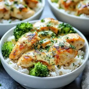 - 1 pound chicken breast, diced - 2 tablespoons olive oil - 4 cloves garlic, minced - 1 cup heavy cream - 1 cup chicken broth - 1 teaspoon dried thyme - Salt and pepper to taste - 2 cups cooked jasmine rice - 1 cup broccoli florets (lightly steamed) - &frac14; cup grated Parmesan cheese To make creamy garlic chicken rice bowls, you need fresh ingredients. The chicken is the star. Diced chicken breast gives a tender bite. Olive oil helps cook the chicken and adds flavor. Garlic brings a rich taste to the dish. Heavy cream and chicken broth create the creamy sauce. Dried thyme adds an herby note. Salt and pepper season the dish to perfection. Jasmine rice provides a fluffy base. Broccoli adds color and nutrition. Finally, Parmesan cheese brings a savory kick. - Fresh parsley, chopped - Extra garlic cloves, saut&eacute;ed Garnishes make your dish look great and taste amazing. Chopped parsley adds a fresh touch. It also brightens the flavor. Saut&eacute;ed garlic cloves add extra depth. They enhance the garlic flavor and give a lovely crunch. - Large skillet - Sharp knife - Cutting board - Measuring cups and spoons - Cooking spoon Using the right tools makes cooking easier. A large skillet allows you to cook everything evenly. A sharp knife helps you dice chicken and chop garlic quickly. A cutting board keeps your workspace clean. Measuring cups and spoons ensure you use the right amounts. A cooking spoon helps mix your ingredients well. {{ingredient_image_1}} Start by heating 2 tablespoons of olive oil in a large skillet over medium heat. Once the oil is hot, add 1 pound of diced chicken breast. Season with salt and pepper to taste. Cook the chicken for about 5 to 7 minutes. You want it golden brown and cooked through. When done, remove the chicken from the skillet and set it aside. In the same skillet, add 4 minced cloves of garlic. Cook them for about 1 minute until they smell great. Be careful not to burn the garlic. Next, pour in 1 cup of heavy cream and 1 cup of chicken broth. Stir well and bring this mixture to a gentle simmer. Then, add 1 teaspoon of dried thyme and more salt and pepper if needed. Let the sauce cook for 3 to 5 minutes. This helps it thicken just right. Return the cooked chicken to the skillet. Stir it into the creamy sauce to coat it well. Cook for another 2 to 3 minutes to heat through. Now, mix in &frac14; cup of grated Parmesan cheese. Stir until it melts and combines nicely. To serve, scoop 2 cups of cooked jasmine rice into bowls. Spoon the creamy garlic chicken and sauce over the rice. Add 1 cup of lightly steamed broccoli florets on top. Finish with fresh chopped parsley for a lovely touch. Enjoy your delicious meal! To get juicy chicken, cut it into even pieces. This helps it cook at the same rate. Use medium heat for cooking. This way, you avoid burning the garlic later. Cook the chicken until it's golden and no longer pink. This usually takes about 5-7 minutes. Let it rest before you mix it back in the sauce. To make the sauce extra creamy, use heavy cream. This gives a rich flavor that you&rsquo;ll love. Stir the sauce well after adding the cream and broth. This helps all the flavors blend together. When you add the Parmesan cheese, it melts into the sauce. This adds to the creaminess, making it even better. Serve your creamy garlic chicken over jasmine rice in deep bowls. This makes it feel cozy and inviting. Top each bowl with steamed broccoli florets for color and crunch. A sprinkle of chopped parsley adds freshness. For extra flavor, drizzle more sauce on top. Feel free to add saut&eacute;ed garlic cloves as a unique touch. Pro Tips Use Fresh Garlic: Freshly minced garlic adds a vibrant flavor compared to pre-minced options. Aim for freshly chopped to enhance the dish's aroma and taste. Cook Rice Perfectly: For fluffy jasmine rice, rinse the grains under cold water until the water runs clear before cooking. This removes excess starch and prevents stickiness. Customize Your Veggies: Feel free to swap out the broccoli for your favorite vegetables like spinach or bell peppers. Just adjust the cooking time accordingly. Make It Ahead: This dish can be prepared in advance and reheated. Store the chicken and sauce separately from the rice to keep everything fresh and prevent sogginess. {{image_2}} You can boost your creamy garlic chicken rice bowls with tasty veggies. Broccoli is a great choice since it adds color and crunch. You can also use bell peppers, spinach, or peas. Just steam or saut&eacute; them lightly before adding them to your dish. This keeps their flavor fresh. Mix in these veggies during the last few minutes of cooking. They will soak up the creamy sauce and add nutrition. If you want to change the protein, you have options. Try diced turkey or shrimp instead of chicken. You can even use tofu for a vegetarian twist. Just make sure to cook the protein until it is done. The cooking time may vary, so keep an eye on it. Each protein brings a different flavor, making the dish exciting every time you make it. While jasmine rice works well, you can use other types of rice too. Brown rice adds a nutty taste and more fiber. Cauliflower rice is a great low-carb choice, and it cooks quickly. Quinoa is another healthy option, giving a unique texture. Just adjust the cooking time based on the rice you choose. Each type will change the bowl's flavor and make it your own. To store leftovers, place the chicken and rice in an airtight container. Make sure to let it cool first. This keeps the flavors fresh and prevents sogginess. Refrigerate for up to three days. When you reheat, use a microwave or a skillet. If using a microwave, cover the bowl to keep moisture in. Heat for one to two minutes, stirring halfway. For the skillet, warm over low heat, adding a splash of chicken broth if needed. For freezing, let the dish cool completely. Then, place it in a freezer-safe container. You can freeze it for up to three months. When ready to eat, thaw it overnight in the fridge before reheating. This way, you&rsquo;ll enjoy the creamy goodness again! Yes, you can use other meats. Try pork, turkey, or even shrimp. Each will change the taste a bit but will still be tasty. Adjust the cooking time based on the meat you choose. Make sure it&rsquo;s cooked through to stay safe. To make this dish healthier, use less heavy cream. You can swap it for half-and-half or a plant-based milk. You could also add more veggies like spinach or bell peppers. These add color and nutrients without many calories. Yes, you can make the sauce dairy-free. Use coconut cream or a nut-based cream. Nutritional yeast can add a cheesy flavor without dairy. This keeps the dish rich while being kind to those avoiding dairy. Many sides complement this dish well. A simple green salad adds freshness. Roasted vegetables bring more flavor and color. Garlic bread can add a fun touch for those who love carbs. Choose sides that balance the creamy texture of the chicken. In this blog post, I covered essential ingredients and step-by-step instructions for creamy garlic chicken rice bowls. I shared tips for perfect cooking and various options for customization. Remember, you can add veggies or swap proteins based on your taste. Store leftovers properly for later enjoyment. These bowls are both simple to make and delicious. Enjoy your cooking adventures, and don&rsquo;t hesitate to experiment with flavors!