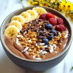 To make a Chocolate Peanut Butter Smoothie Bowl, you need a few key ingredients. Each one adds flavor and texture. Here is the list of ingredients you will need: - 2 ripe bananas, frozen and sliced - 1 cup almond milk (or your preferred milk) - 2 tablespoons cocoa powder - 2 tablespoons peanut butter (creamy or crunchy) - 1 tablespoon maple syrup (optional, for sweetness) - 1/2 teaspoon vanilla extract - Toppings: granola, sliced bananas, cacao nibs, shredded coconut, and fresh berries Ripe bananas are the base of this bowl. Freezing them makes the smoothie cold and creamy. Almond milk adds a nice, smooth texture. Cocoa powder gives it that rich chocolate flavor. Peanut butter brings in creaminess and a nutty taste. If you like it sweeter, add maple syrup. Vanilla extract rounds out the flavor. For toppings, you can get creative! Granola adds crunch, while sliced bananas give extra sweetness. Cacao nibs are a fun, chocolatey touch. Shredded coconut adds a tropical vibe, and fresh berries offer a burst of flavor. You can mix and match your favorites. Enjoy the fun of making it your own! {{ingredient_image_1}} To make your Chocolate Peanut Butter Smoothie Bowl, start by combining the ingredients in a blender. Use a high-speed blender for the best results. Place the frozen banana slices, almond milk, cocoa powder, peanut butter, maple syrup, and vanilla extract into the blender. Blend on high until it becomes smooth and creamy. You may need to scrape down the sides to mix everything well. Next, achieve the right consistency. If your mixture is too thick, add a bit more almond milk. If it&rsquo;s too thin, toss in another frozen banana. You want it to be pudding-like, thick enough to hold your toppings. Once you get the perfect texture, pour the smoothie mixture into bowls. For a great presentation, start with a layer of granola at the bottom of the bowl. This adds crunch and flavor. Next, carefully arrange a few slices of fresh banana on top. Follow this with a sprinkle of cacao nibs. They add a rich chocolate crunch. Finally, finish with a handful of fresh berries and a pinch of shredded coconut. This not only looks stunning but also adds layers of taste and texture. Enjoy your beautiful creation! For the best results, I recommend using a high-speed blender. These blenders mix everything smoothly. Brands like Vitamix or Ninja work great. They handle tough ingredients like frozen bananas well. If your mixture is too thick while blending, don&rsquo;t worry. Just add a splash of almond milk. This helps to loosen the mix. If it&rsquo;s still too thick, try adding more frozen bananas. Find that perfect pudding-like texture you want. You can adjust the sweetness of your smoothie bowl. If you like it sweeter, add more maple syrup. Just taste as you blend. This way, you get the flavor you want. Feel free to switch up the toppings. Instead of granola, try oats or nuts. You can also use different fruits like strawberries or blueberries. Get creative with cacao nibs or shredded coconut for more fun! Pro Tips Use Ripe Bananas: The riper the bananas, the sweeter and creamier your smoothie bowl will be. Look for bananas with lots of brown spots for optimal flavor. Freeze Your Ingredients: For an even creamier texture, freeze your almond milk in ice cube trays and use those instead of plain almond milk. This will enhance the smoothie bowl's thickness. Layer Your Toppings: To create an eye-catching presentation, layer your toppings rather than just sprinkling them on top. Start with the granola, then add the banana slices, and finish with the berries and cacao nibs. Experiment with Flavors: Don&rsquo;t hesitate to mix in other ingredients like spinach or protein powder for added nutrition. Adjust the cocoa powder if you want a more intense chocolate flavor. {{image_2}} You can make your chocolate peanut butter smoothie bowl even better by adding fruits. Try ripe strawberries or blueberries for a sweet burst. You can also use mango for a tropical twist. Each fruit adds its own taste and nutrition. Another fun option is to include superfoods. Add a tablespoon of chia seeds for extra fiber. You can also mix in some spinach for added greens. It won't change the taste much but will boost your health. If you follow a vegan diet, this smoothie bowl is perfect. Use almond milk, which is plant-based and creamy. The peanut butter adds protein and healthy fats. You can skip the maple syrup if you want it less sweet. For nut-free options, swap peanut butter with sunflower seed butter. This keeps the flavor rich without nuts. Ensure your milk is also nut-free, like oat or rice milk. These small changes make this bowl safe for everyone. To store any leftover smoothie, pour it into an airtight container. Seal it well to keep out air and moisture. This method helps keep the smoothie fresh for up to 24 hours in the fridge. If you notice it thickening, just stir it well before enjoying. For freezing, pour the smoothie into ice cube trays. Once frozen, you can pop the cubes into a bag. This way, you can blend them later for a quick treat. You can also freeze the ripe bananas before blending. They last well for about two months in the freezer. If your smoothie gets too thick after being in the fridge, don&rsquo;t worry! You can restore its creamy texture easily. Just add a splash of almond milk. Blend it again until smooth. If it&rsquo;s still too thick, add a little more almond milk until you reach the desired consistency. Enjoy it just like it was fresh! Can I use fresh bananas instead of frozen? Yes, you can use fresh bananas. However, frozen bananas make the smoothie bowl thick and creamy. If you use fresh bananas, add some ice cubes to chill your bowl. How can I make this smoothie bowl more nutritious? You can add spinach or kale for extra vitamins. Chia seeds or flaxseeds boost fiber and omega-3s. You can also use Greek yogurt for protein. How long does a smoothie bowl last in the fridge? Smoothie bowls taste best fresh. If you have leftovers, store them in the fridge for up to one day. The texture may change, so stir it before eating. Substitutions for peanut butter If you need a substitute, try almond butter or sunflower seed butter. Both give a nice nutty taste and creamy texture. Alternatives to almond milk You can use any milk, like oat milk, soy milk, or coconut milk. Each type adds its own flavor to the smoothie bowl. Can I omit the maple syrup? Yes, you can skip the maple syrup. If you want sweetness, add a little honey or use ripe fruits. Adjust the sweetness to your taste. Creating a tasty smoothie bowl is easy and fun. You start with ripe bananas and almond milk, blend in cocoa powder and peanut butter, then pour into bowls. Don't forget the toppings! Remember, you can customize sweetness and add fruits to fit your taste. Store extras properly to keep them fresh. Making this bowl your way can be exciting and delicious. Now, grab your blender and get creative with your smoothie bowl!