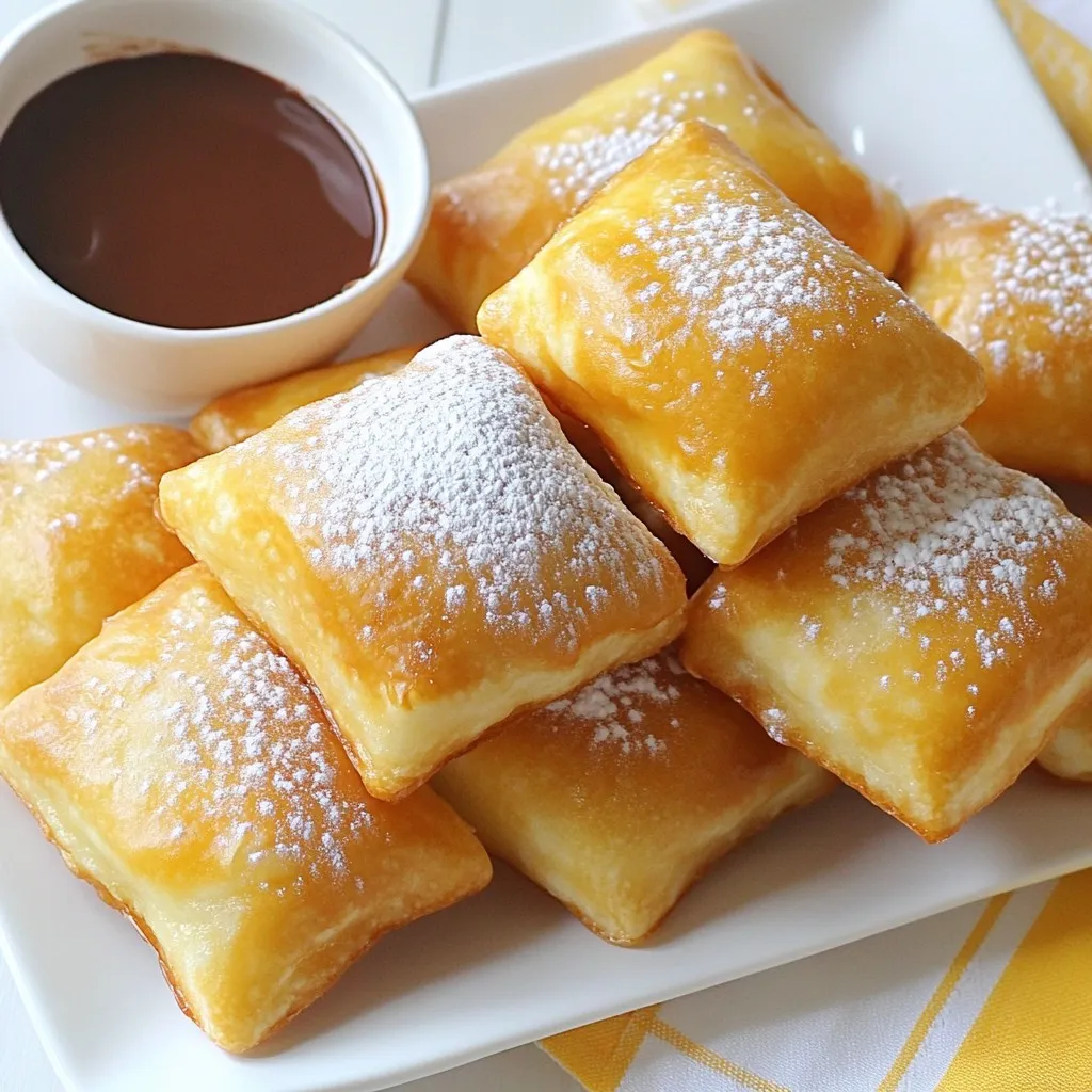 - 1 cup all-purpose flour - 2 tablespoons granulated sugar - 1 teaspoon baking powder - ½ teaspoon salt - 1 large egg - ½ cup whole milk - 1 teaspoon pure vanilla extract - 2 tablespoons unsalted butter, melted - Oil for frying - Powdered sugar, for dusting You can replace all-purpose flour with gluten-free flour for a tasty option. If you want a dairy-free treat, use almond milk instead of whole milk. You can swap the large egg with a flax egg. Just mix one tablespoon of flaxseed meal with two and a half tablespoons of water. Let it sit for five minutes to thicken. For the best beignets, pick high-quality flour. Look for flour that feels fine and has a good texture. Use fresh baking powder to ensure your beignets puff up nicely. Choose whole milk for a rich taste. Always use pure vanilla extract for a strong, natural flavor. When you buy butter, select unsalted butter for more control over the salt in the recipe. Finally, use fresh powdered sugar for the best dusting. {{ingredient_image_1}} Mixing the Dry Ingredients Start by taking a mixing bowl. Add 1 cup of all-purpose flour, 2 tablespoons of granulated sugar, 1 teaspoon of baking powder, and ½ teaspoon of salt. Whisk them together until they blend well. This mix gives your beignets structure and sweetness. Combining Wet Ingredients In another bowl, crack 1 large egg. Beat it lightly. Then, whisk in ½ cup of whole milk, 1 teaspoon of pure vanilla extract, and 2 tablespoons of melted unsalted butter. Mix until smooth. The vanilla gives a lovely flavor that makes these treats special. Folding the Mixtures Together Now, gradually add the wet mixture to the dry ingredients. Stir gently until just combined. Do not overmix; a few lumps are perfectly fine. This step ensures your beignets stay soft and fluffy. Heat oil in a deep pot or heavy skillet to 360°F (182°C). You need enough oil so the beignets can float while frying. Use a spoon to drop small balls of the batter, about 1 tablespoon each, into the hot oil. Fry them in small batches to avoid crowding. Cook for about 2-3 minutes on each side. They should turn golden brown and puff up nicely. Use a slotted spoon to take them out and place them on a paper towel-lined plate to drain excess oil. Once the beignets cool slightly, dust them with powdered sugar. Serve them warm on a nice plate. For an extra touch, pair them with chocolate or raspberry sauce for dipping. Enjoy these deliciously soft treats with family and friends! Avoid overmixing your batter. A few lumps are fine. Overmixing makes beignets tough. Watch your frying time. If you fry too long, they can burn. If you fry too short, they stay raw inside. Also, do not overcrowd the pot. Fry in small batches for even cooking. For soft beignets, use room temperature ingredients. Cold milk or eggs can change the texture. Also, let the batter rest for a few minutes before frying. This helps the dough relax. Finally, avoid pressing down on the beignets while frying. Let them puff up naturally in the oil. Heat your oil to 360°F (182°C). Use a deep-fry thermometer for accuracy. If the oil is too cool, the batter will soak up oil. If too hot, the outside cooks too fast and the inside stays raw. A good rule is to test with a small drop of batter. If it sizzles and rises, the oil is ready! Pro Tips Use Fresh Ingredients: Always use fresh eggs and high-quality vanilla extract for the best flavor in your beignets. Monitor Oil Temperature: Keep an eye on the oil temperature; too hot will burn the outside while leaving the inside raw, and too cool will make them greasy. Don’t Overmix: Mix the batter just until combined to ensure light and fluffy beignets; a few lumps are perfectly fine. Serve Immediately: Beignets are best enjoyed fresh and warm, so serve them right after frying for maximum fluffiness. {{image_2}} You can change the taste of your beignets easily. Adding spices like cinnamon or nutmeg gives warmth. A bit of lemon or orange zest brightens the flavor. These small changes can make a big impact. For a sweet twist, consider filling your beignets. Chocolate or fruit fillings work well. A rich chocolate ganache or a tart raspberry jam can surprise your taste buds. You can fill them after frying, using a piping bag. Just poke a small hole and squeeze in the filling. This makes each bite even more exciting. If you need gluten-free beignets, swap the all-purpose flour. Use a gluten-free flour blend instead. This works well and keeps the texture light. Make sure your baking powder is also gluten-free. For vegan beignets, you can replace the egg. Use a flax egg or applesauce instead. Swap whole milk for almond milk or oat milk. Use vegan butter for the melted butter. These changes keep the beignets tasty and light. You won’t miss the eggs or dairy at all! To keep your beignets fresh, store them in an airtight container. Place parchment paper between layers to prevent sticking. Keep them at room temperature for up to two days. If you want them to last longer, refrigerate them for about a week. To reheat beignets, simply place them in the oven. Preheat your oven to 350°F (175°C). Lay the beignets on a baking sheet and heat for about five to seven minutes. This method keeps them soft and warm. You can also reheat them in the microwave for about 10-15 seconds. However, they may lose some crispness. If you want to freeze beignets, let them cool first. Place them in a single layer on a baking sheet. Freeze them until solid, then transfer to a freezer-safe bag. They can last up to three months in the freezer. To enjoy, thaw them in the fridge overnight and reheat as mentioned above. Beignets are deep-fried pastries. They are light, fluffy, and covered in powdered sugar. You can find them in many French cafes. The dough is simple, made from flour, sugar, and milk. The best part? They taste amazing fresh and warm. Beignets are best when fresh. They stay good for about 1 day at room temperature. After that, they lose their soft texture. If you want to keep them longer, store them in an airtight container. They can last about 2-3 days this way, but they may not be as fluffy. You can prepare the dough ahead of time, but don't fry them yet. Keep the dough in the fridge for up to 24 hours. When you're ready, just scoop and fry them fresh. This way, you get that warm, soft texture everyone loves. Beignets date back to ancient times. They began in the Middle East and made their way to France. French chefs adapted the recipe over the years. Today, they are a popular treat, especially in New Orleans. They are often served during Mardi Gras celebrations, bringing joy to many. Yes, you can air-fry beignets! This method makes them a bit healthier. Use a preheated air fryer at 350°F (175°C). Lightly spray the beignets with oil. Cook them for about 8-10 minutes, flipping halfway. Though they may not be as crispy, they will still taste delicious. In this post, we walked through the essential ingredients and detailed steps for making beignets. I shared tips to avoid common mistakes and achieve a soft texture. We explored various flavor enhancements and dietary adjustments to cater to different needs. Beignets are fun and delicious treats. You can store them well for later, so don’t hesitate to try! Enjoy making them and impress your friends with your skills!
