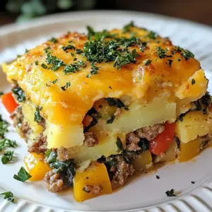 To make the Hobo Ground Beef Casserole, you will need the following ingredients: - 1 lb ground beef - 1 medium onion, diced - 2 cloves garlic, minced - 1 cup bell peppers (mixed colors), diced - 3 cups fresh spinach, roughly chopped - 2 cups potatoes, thinly sliced (preferably Yukon gold) - 1 can (15 oz) diced tomatoes, undrained - 1 cup shredded cheddar cheese - 1 tablespoon Worcestershire sauce - 1 teaspoon paprika - 1 teaspoon dried oregano - Salt and pepper to taste - 2 tablespoons olive oil You can easily swap out some ingredients based on what you have at home: - Ground beef can be replaced with turkey or chicken for a lighter dish. - Use sweet onions instead of regular onions for a milder taste. - If you have no fresh spinach, use frozen spinach, but thaw and drain it first. - Any color of bell pepper works, so feel free to mix or match. - For potatoes, you can use sweet potatoes for a different flavor. - If you need a dairy-free option, try a dairy-free cheese alternative. Adding toppings can elevate your casserole: - Fresh chopped parsley adds color and freshness. - A dollop of sour cream provides creaminess and tang. - Chopped green onions can add a nice crunch. - Slices of jalape&ntilde;o offer heat for spice lovers. - A sprinkle of extra cheese before serving makes it extra gooey. {{ingredient_image_1}} First, gather all your ingredients. You need: - 1 lb ground beef - 1 medium onion, diced - 2 cloves garlic, minced - 1 cup bell peppers (mixed colors), diced - 3 cups fresh spinach, roughly chopped - 2 cups potatoes, thinly sliced (preferably Yukon gold) - 1 can (15 oz) diced tomatoes, undrained - 1 cup shredded cheddar cheese - 1 tablespoon Worcestershire sauce - 1 teaspoon paprika - 1 teaspoon dried oregano - Salt and pepper to taste - 2 tablespoons olive oil Now, preheat your oven to 375&deg;F (190&deg;C). This step is key for even cooking. In a large skillet, add the olive oil. Heat it over medium heat. Next, add the diced onion and minced garlic. Cook them for about 3 to 4 minutes, until the onion turns soft. Now it's time to add the ground beef. Break it apart with a spatula as you cook. You want it browned and cooked through, which takes about 5 to 7 minutes. If there&rsquo;s extra fat, drain it. Once the beef is ready, mix in the diced bell peppers. Saut&eacute; for another 2 to 3 minutes. This softens the peppers and adds flavor. Next, stir in the chopped spinach and the can of diced tomatoes. Add the Worcestershire sauce, paprika, oregano, salt, and pepper. Cook this for another 2 minutes. The spinach should wilt down nicely. Take a greased 9x13-inch baking dish. Layer half of the sliced potatoes on the bottom. Then pour half of the beef mixture over the potatoes. Repeat this layering with the remaining potatoes and beef mixture. Cover the dish with aluminum foil. Bake it in the preheated oven for 30 minutes. After 30 minutes, take off the foil. Sprinkle shredded cheddar cheese on top. Return it to the oven and bake uncovered for an extra 15 minutes. You want the cheese to be bubbly and golden. Once it's done, allow the casserole to cool for a few minutes. Then slice and serve. Enjoy your hearty meal! To make the best Hobo Ground Beef Casserole, start with good quality ground beef. This adds flavor and richness. Use a cast-iron skillet for even cooking. Always preheat your oven for the best results. Layer the potatoes evenly to ensure they cook through. For extra flavor, let the beef mixture sit for a few minutes before layering. This helps the flavors meld together. One common mistake is not draining the fat from the beef. This can make your casserole greasy. Another error is overcrowding the skillet. Cook in batches to get the right texture. Don&rsquo;t skip the seasoning; it brings life to the dish. Also, remember to cover the casserole properly while baking. This keeps it moist and tender. You&rsquo;ll need a few basic tools for this recipe: - Large skillet - 9x13-inch baking dish - Sharp knife for slicing potatoes - Cutting board - Wooden spatula for mixing - Aluminum foil for covering the dish These tools make the cooking process smooth and easy. Happy cooking! Pro Tips Tip for Perfect Potatoes: Soak the sliced potatoes in cold water for 30 minutes before layering them in the casserole. This removes excess starch and helps them cook evenly. Flavor Boost: Add a splash of hot sauce or a pinch of red pepper flakes to the beef mixture for an extra kick. It enhances the overall flavor profile. Cheese Variations: Experiment with different types of cheese like Monterey Jack or pepper jack for a unique flavor twist instead of cheddar. Meal Prep Friendly: This casserole can be assembled ahead of time and stored in the refrigerator for up to 24 hours before baking. Just remember to adjust the baking time if it's cold from the fridge. {{image_2}} You can make a tasty vegetarian version of Hobo Ground Beef Casserole. Start by swapping the ground beef for a mix of beans. Black beans or lentils work well. Use the same amount as the beef. You can also add more veggies. Try zucchini, mushrooms, or corn for extra flavor. This option keeps the dish hearty and filling. If you want a different meat, consider ground turkey or chicken. These meats have less fat and still taste great in the casserole. Just cook them the same way as the beef. You can also use sausage for a spicy kick! Adjust the seasoning to match the meat you choose. To boost flavors, try adding different spices. Cumin or chili powder gives a smoky taste. Fresh herbs like basil or thyme add a nice touch too. You can also mix in some hot sauce for heat. For a tangy twist, use a splash of vinegar. These small changes can make your casserole unique and enjoyable. To keep your Hobo Ground Beef Casserole fresh, store leftovers in an airtight container. Place it in the fridge. It will last for about three to four days. Make sure to cool it to room temperature before sealing it. This helps keep moisture in check. If you want to save some for later, you can freeze the casserole. Cut it into portions and place them in freezer-safe bags. Remove as much air as you can. Label each bag with the date. The casserole can stay good for up to three months in the freezer. When you&rsquo;re ready to enjoy your casserole again, you can reheat it easily. If frozen, let it thaw in the fridge overnight. For reheating, place it in the oven at 350&deg;F (175&deg;C) until it&rsquo;s hot all the way through. This usually takes about 20 to 30 minutes. You can also use a microwave if you&rsquo;re in a hurry. Just heat it in short bursts, stirring in between, to avoid hot spots. Hobo Ground Beef Casserole is a hearty dish made with ground beef and layers of veggies. You use common ingredients like potatoes, bell peppers, and spinach. This meal is baked with cheese on top, making it tasty and comforting. It&rsquo;s perfect for busy nights when you need a quick meal. Yes, you can make this casserole ahead of time. Prepare it up to the baking step and store it in the fridge. When you are ready, just bake it. This helps save time on busy days. You can also freeze it for later. Just thaw it before baking. Hobo Ground Beef Casserole pairs well with a simple salad or crusty bread. A fresh garden salad adds a nice crunch. You could also serve it with a dollop of sour cream on top. This gives it a creamy touch and extra flavor. Enjoy your meal! You've learned about Hobo Ground Beef Casserole, its key ingredients, and the best ways to prepare it. We covered the perfect steps to cook and layer your dish. I shared tips and tricks to help you avoid common mistakes. You saw neat variations, like vegetarian options, to fit different tastes. Lastly, I explained how to store your leftovers safely. I hope this guide inspires you to cook with confidence and enjoy your meals!