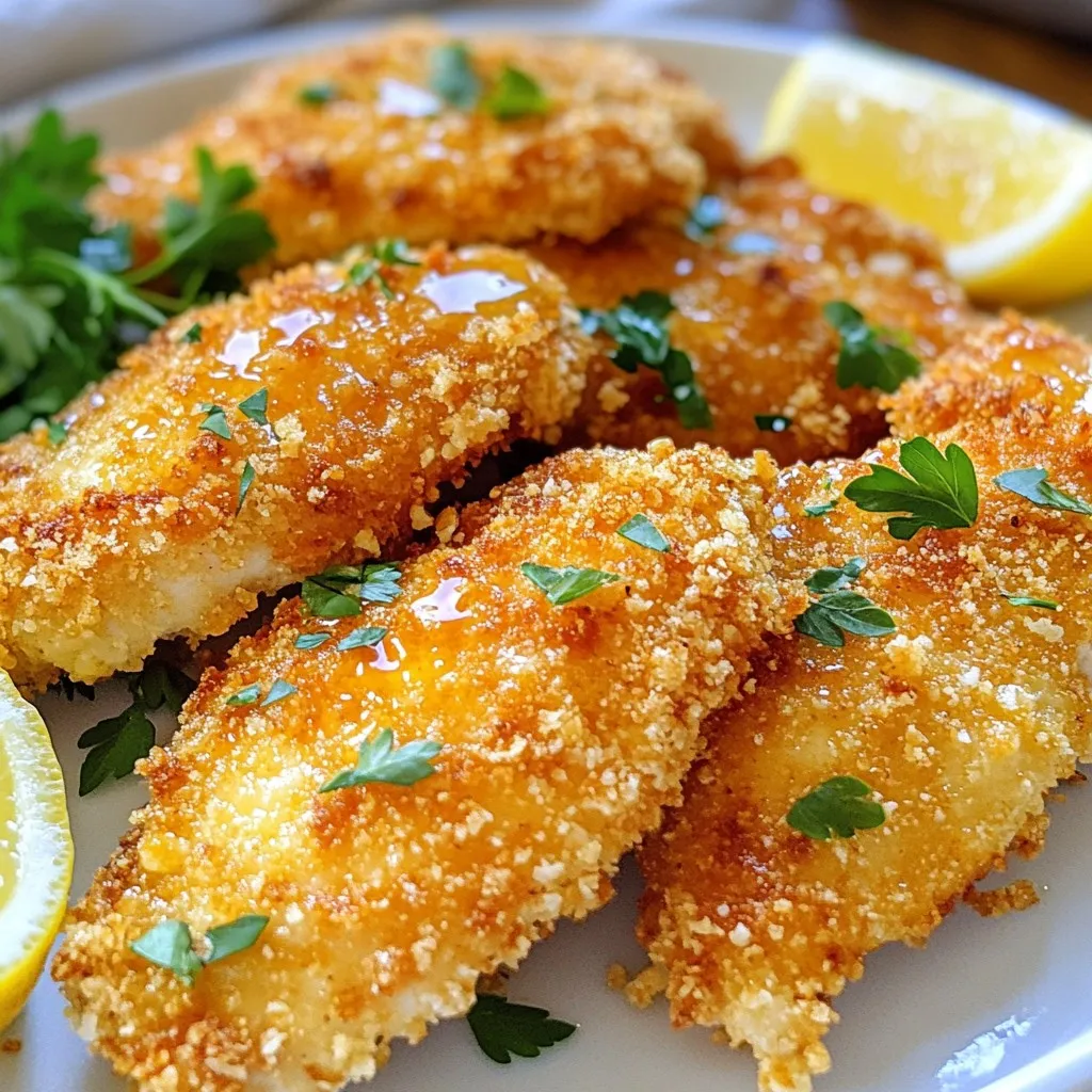 You need 4 boneless, skinless chicken breasts. These are the star of the dish. Make sure they are fresh for the best flavor. If you can, choose organic chicken. It tastes better and is good for you. For the crispy coating, gather these items: - 1 cup grated Parmesan cheese - 1 cup panko breadcrumbs - 1/2 cup all-purpose flour - 2 large eggs - 2 tablespoons Dijon mustard The Parmesan gives a rich flavor, while the panko adds crunch. Flour helps the coating stick. The egg and mustard mix binds everything together. You will also need some key seasonings: - 1 teaspoon garlic powder - 1 teaspoon onion powder - 1 teaspoon dried Italian herbs (oregano, basil, thyme) - 1/2 teaspoon black pepper - 1/2 teaspoon salt These spices make your chicken burst with flavor. Garlic and onion powder add depth. The dried herbs give a nice touch of Italian flair. Remember, seasoning is key! {{ingredient_image_1}} Start by preheating your oven to 400°F (200°C). This high heat helps the chicken get crispy. Next, line a baking sheet with parchment paper. This will stop the chicken from sticking and make clean-up easy. In a shallow bowl, mix the dry ingredients. Combine 1 cup of grated Parmesan cheese and 1 cup of panko breadcrumbs. Add 1 teaspoon of garlic powder, 1 teaspoon of onion powder, and 1 teaspoon of dried Italian herbs. Sprinkle in 1/2 teaspoon of black pepper and 1/2 teaspoon of salt. Stir well to blend the flavors. Set up your breading station. Place 1/2 cup of all-purpose flour in one shallow dish. In another, whisk together 2 large eggs and 2 tablespoons of Dijon mustard until smooth. Take a chicken breast and coat it in flour. Shake off any extra flour. Then, dip the floured chicken into the egg mixture, letting the excess drip off. Press the chicken into the Parmesan-panko mixture. Make sure it’s coated well on both sides. Place the breaded chicken on the prepared baking sheet. Repeat this for all chicken breasts. Once done, lightly spray or drizzle the chicken with cooking spray or olive oil. This helps the coating get golden and crispy. Bake the chicken for 25-30 minutes. You want the chicken to cook through, reaching an internal temperature of 165°F (74°C). The coating should turn golden brown and crispy. When the chicken is done, take it out and let it rest for about 5 minutes. This helps keep it juicy and tasty. Enjoy your Copycat Parmesan Crusted Chicken! To make your chicken super crispy, use panko breadcrumbs. They are light and airy. Mix them with grated Parmesan cheese for great flavor. Lightly spray the chicken with cooking oil before baking. This helps the crust get golden brown. Bake it on a wire rack, if you have one, for better air flow. Seasoning is key to great taste. I use garlic powder and onion powder for depth. Dried Italian herbs give that warm, herby flavor. Don’t forget to add salt and black pepper. You can adjust these to your taste. Coat each chicken piece well in the seasoning mix for even flavor. Serve your chicken hot, right out of the oven. A white plate makes the golden crust pop. Add a sprinkle of fresh parsley for color. Lemon wedges on the side give a nice zing. You can pair it with a fresh salad or roasted veggies. This makes a balanced meal that everyone will love. Pro Tips Use Fresh Herbs: Fresh herbs can enhance the flavor profile significantly; consider using fresh basil or parsley for a vibrant taste. Let the Chicken Rest: Allowing the chicken to rest after baking helps retain its juices, resulting in a more tender and flavorful bite. Experiment with Spices: Feel free to add your favorite spices to the breadcrumb mixture, such as paprika or cayenne, for a spicy kick. Ensure Even Coating: When breading the chicken, make sure to press firmly into the breadcrumb mixture for an even and crispy coating. {{image_2}} If you want to spice things up, add heat to your chicken. You can mix in some cayenne pepper or red pepper flakes with the Parmesan and breadcrumbs. Start with a teaspoon and adjust to your taste. This adds a nice warmth without overpowering the dish. You can also serve the chicken with a spicy dipping sauce, like sriracha or buffalo sauce, for a fun twist. For those who need gluten-free meals, you can still enjoy this recipe. Swap the panko breadcrumbs with gluten-free breadcrumbs. You can also use ground almonds or crushed gluten-free cornflakes. Make sure the Dijon mustard is gluten-free too. With these simple changes, you can make a tasty, gluten-free Parmesan crusted chicken. While Parmesan is a star in this dish, you can try other cheeses. Grated pecorino Romano adds a sharp flavor. If you prefer a milder taste, use mozzarella or even cheddar. Mixing cheeses can create unique flavors too, so feel free to experiment. Just remember, the cheese should be grated or finely shredded for the best coating. To keep your Parmesan crusted chicken fresh, let it cool first. Place the leftovers in an airtight container. This helps lock in moisture and flavor. Store it in the fridge for up to three days. If you want it to last longer, freezing is a great option. When you are ready to enjoy your leftovers, reheating is key. The best way is to use an oven. Preheat it to 350°F (175°C) and place the chicken on a baking sheet. Cover it with foil to prevent drying out. Heat for about 15-20 minutes, or until warm. You can also use a microwave, but it might make the crust softer. Freezing is simple and effective. Wrap each piece of chicken tightly in plastic wrap. Then place them in a freezer-safe bag or container. This helps prevent freezer burn. You can freeze the chicken for up to three months. When you're ready to eat, thaw it overnight in the fridge before reheating. Enjoy your tasty meal anytime! Yes, you can use chicken thighs instead of breasts. Chicken thighs have more fat. This makes them juicier and more flavorful. Thighs also stay tender during cooking. Just make sure to adjust the cooking time slightly. Cook thighs for about 30-35 minutes at 400°F. Always check that they reach 165°F to ensure they are safe to eat. To make this recipe healthier, use whole wheat panko instead of regular panko. This adds fiber and nutrients. You can also reduce the cheese by half. Use less oil when baking. Try baking the chicken without cooking spray. You can also add a side of fresh veggies or a salad for extra nutrients. Parmesan crusted chicken pairs well with many sides. Try a simple green salad with lemon vinaigrette. Roasted vegetables like broccoli, carrots, or asparagus work great too. Mashed potatoes or quinoa are good for a hearty meal. You can also serve it with a light pasta dish. Yes, you can make this in an air fryer. Preheat your air fryer to 375°F. Place the breaded chicken in the basket in a single layer. Cook for about 15-20 minutes. Flip halfway through for even crispiness. Check that the internal temperature reaches 165°F. Enjoy your crispy chicken! This blog post covered everything you need for crispy Parmesan-crusted chicken. We explored key ingredients like fresh chicken, coatings, and seasonings. I shared step-by-step instructions and tips for perfect results. You can even try spicy or gluten-free variations. Don't forget about storage and reheating techniques for leftovers. In the end, with these tips, your chicken will impress! Enjoy your cooking adventure.