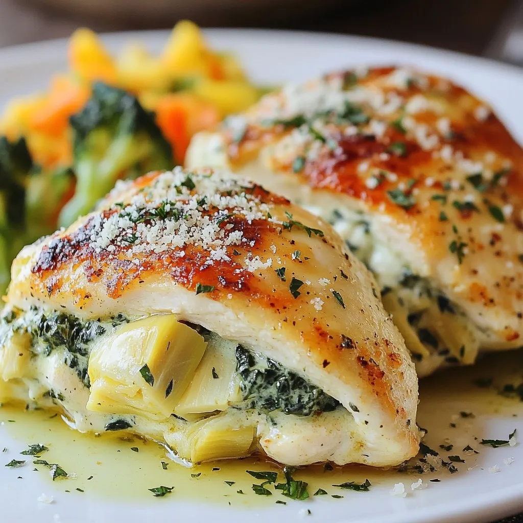 - 4 boneless, skinless chicken breasts - 1 cup fresh spinach, chopped - 1 cup artichoke hearts, chopped (canned or frozen) - 1 cup cream cheese, softened - 1/2 cup shredded mozzarella cheese - 1/4 cup grated Parmesan cheese - 2 cloves garlic, minced - 1 tablespoon lemon juice - Salt and pepper to taste - 1 tablespoon olive oil - 1 teaspoon Italian seasoning - Toothpicks or kitchen twine To create the best spinach artichoke stuffed chicken, you need good quality ingredients. Start with fresh chicken breasts. Boneless and skinless options work best. They cook quickly and stay juicy. Next, grab fresh spinach. Look for bright green leaves to ensure freshness. If you prefer, you can use frozen spinach; just make sure to drain it well. Artichoke hearts add a nice flavor. You can use canned or frozen. Both work well. Cream cheese is essential for that creamy filling. It blends perfectly with mozzarella and Parmesan cheese. These cheeses add a nice richness and flavor. Garlic brings a punch of taste. Mince it finely to release its flavor. You will also need lemon juice. It adds brightness and cuts through the richness of the cheese. Don't forget olive oil for searing the chicken. Italian seasoning ties all the flavors together. Finally, have salt and pepper ready to taste. These basic seasonings enhance the dish. You can use toothpicks or kitchen twine to secure the stuffed chicken. This makes cooking easier and keeps the filling inside. Gather these ingredients, and you're ready to make a fantastic dish! {{ingredient_image_1}} 1. Preheat your oven to 375°F (190°C). This ensures even cooking. 2. In a mixing bowl, combine: - 1 cup fresh spinach, chopped - 1 cup artichoke hearts, chopped - 1 cup cream cheese, softened - 1/2 cup shredded mozzarella cheese - 1/4 cup grated Parmesan cheese - 2 cloves garlic, minced - 1 tablespoon lemon juice - Salt and pepper to taste - 1 teaspoon Italian seasoning Mix well until creamy and smooth. 3. Take each chicken breast and slice it horizontally. Create a pocket, but don’t cut all the way through. 1. Stuff each chicken breast pocket with the spinach and artichoke mixture. Use a generous amount. 2. Secure the openings with toothpicks or kitchen twine. This keeps the filling inside. 3. In a large oven-safe skillet, heat 1 tablespoon of olive oil over medium-high heat. 4. Once hot, sear the stuffed chicken breasts for 4-5 minutes on each side. Look for a golden brown color. 5. Transfer the skillet to the preheated oven. Bake for 20-25 minutes. Check that the chicken reaches 165°F (74°C). 6. After baking, let the chicken rest for a few minutes. Remove toothpicks or twine before serving. - Plate the stuffed chicken on a bed of steamed vegetables or fresh salad. - Drizzle with olive oil and sprinkle extra Parmesan cheese for flair. Enjoy your flavorful dinner delight! To make the stuffing creamy, use softened cream cheese. It helps blend well with spinach and artichokes. Mix in mozzarella and Parmesan cheese for that cheesy pull. Add minced garlic for a punch of flavor. Use fresh lemon juice for brightness. Season with salt, pepper, and Italian seasoning to taste. This blend enhances the dish’s overall taste. For a golden crust, heat olive oil in your skillet before adding chicken. Sear each side for 4-5 minutes. Look for a nice brown color. After searing, transfer the skillet to the oven. Bake until the chicken reaches 165°F (74°C). This ensures it cooks through while keeping the stuffing warm and creamy. For serving, plate the stuffed chicken on steamed veggies or a fresh salad. Drizzle with olive oil for added flavor. A sprinkle of Parmesan cheese on top boosts visual appeal. You can also garnish with a slice of lemon for freshness. This not only adds color but enhances the taste with every bite. Pro Tips Use Fresh Ingredients: Fresh spinach and quality artichoke hearts can elevate the flavor of your stuffed chicken. Opt for fresh whenever possible for the best taste. Don't Overstuff: While it's tempting to pack in a lot of filling, overstuffing can cause the chicken to burst during cooking. Use a generous but reasonable amount of the spinach and artichoke mixture. Let it Rest: Allowing the chicken to rest for a few minutes after baking helps the juices redistribute, making for a juicier and more flavorful dish. Experiment with Cheese: Feel free to mix up the cheeses! Adding a bit of feta or gouda can introduce new flavors and enhance the overall dish. {{image_2}} You can switch up the cheese in this recipe. If you want a creamier taste, try using goat cheese or ricotta. Both add a rich and smooth texture. For a sharper flavor, consider using aged cheddar or Gruyère. They will give your dish a unique twist. You can also mix in some feta for a salty kick. Mixing different cheeses can make your stuffed chicken even more exciting. You can easily make a vegetarian version of spinach artichoke stuffed chicken. Instead of chicken breasts, use large portobello mushrooms. Clean and remove the stems, then stuff them with the spinach and artichoke mixture. For extra protein, you can add black beans or chickpeas to the filling. This way, you keep the flavors while making it meat-free. Want to spice things up? Try adding some red pepper flakes for heat. A little bit of cayenne pepper can also give a nice kick. Fresh herbs like basil or thyme can brighten the dish. You can mix in sun-dried tomatoes for a sweet and tangy flavor. Adding different ingredients can elevate your stuffed chicken and make it your own. To store your leftovers, let the chicken cool first. Place the chicken in an airtight container. This keeps it fresh. You can keep it in the fridge for up to three days. If you want to enjoy it later, consider freezing it instead. To freeze, wrap each stuffed chicken breast tightly in plastic wrap. Then, place them in a freezer-safe bag. Make sure to remove as much air as possible. This helps prevent freezer burn. You can keep them in the freezer for up to three months. When you are ready to eat, move the chicken to the fridge a day before to thaw. For quicker thawing, use the microwave but be careful not to cook it. The best way to reheat is in the oven. Preheat your oven to 350°F (175°C). Place the chicken in a baking dish and cover it with foil. This keeps the chicken moist. Heat for about 20-25 minutes. Check the internal temperature, which should be 165°F (74°C). If you prefer the stovetop, use a skillet on low heat. Add a splash of broth or water to keep it juicy. Enjoy your flavorful dinner delight! Cooking this dish takes about 45 minutes in total. You spend 15 minutes prepping the chicken and stuffing. Then, you cook the chicken for about 25 minutes in the oven after searing it. Make sure the chicken reaches an internal temperature of 165°F (74°C) to ensure it is fully cooked. Yes, you can prepare this dish ahead of time. You can mix the stuffing and stuff the chicken breasts a day before. Just keep them in the fridge until you are ready to cook. When you are ready to cook, sear and bake the chicken. This helps save time on busy days. I suggest serving this stuffed chicken with a few sides to balance the meal. Try steamed vegetables like broccoli or green beans. A fresh salad with a light vinaigrette pairs well too. You can also serve it with rice or mashed potatoes for a hearty option. Drizzle some olive oil and sprinkle extra Parmesan on top for a nice touch. You now have all the tools to create a delicious Spinach Artichoke Stuffed Chicken. We covered the key ingredients, step-by-step cooking, and creative variations. Remember to perfect your stuffing and presentation for the best results. Whether you serve it to guests or enjoy it yourself, this dish is sure to impress. Don’t forget to store leftovers properly to enjoy later. Happy cooking!