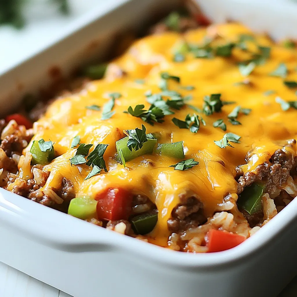 - 1 lb ground beef - 1 cup uncooked long-grain rice - 1 can (15 oz) diced tomatoes, undrained - 1 can (10.5 oz) cream of mushroom soup - 1 cup beef broth The heart of this dish starts with ground beef. I like to use a pound for a rich flavor. Next is long-grain rice, which cooks well in the casserole. Diced tomatoes add moisture and a slight tang, while cream of mushroom soup gives a creamy texture. Finally, beef broth enhances the flavor and helps cook the rice evenly. - 1 cup shredded cheddar cheese - 1 green bell pepper, diced - 1 medium onion, chopped - 2 cloves garlic, minced - 1 tablespoon Worcestershire sauce Seasonings are key in this recipe. I love adding a cup of shredded cheddar cheese for a golden, bubbly top. Diced green bell pepper and chopped onion add crunch and sweetness. Minced garlic gives a punch of flavor, while Worcestershire sauce adds a unique depth. - Fresh parsley, chopped - Additional spices For garnishes, I often use fresh parsley. It brightens the dish and adds color. You can also sprinkle extra spices to enhance the flavor. A little smoked paprika or black pepper can take it to the next level. {{ingredient_image_1}} To start, you need to preheat your oven to 350°F (175°C). This step warms the oven so your casserole cooks evenly. While the oven heats, grab a large skillet and add one tablespoon of olive oil. Heat the oil over medium heat. Once hot, add one chopped onion and one diced green bell pepper. Sauté these for about 3-4 minutes until they soften. The smell will start to fill your kitchen! Next, it's time to cook the beef. Add two cloves of minced garlic and one pound of ground beef to the skillet. Cook until the beef is browned. Use a spatula to break it up as it cooks. This helps it brown evenly. Season the beef with salt, pepper, one tablespoon of Worcestershire sauce, one teaspoon of smoked paprika, and half a teaspoon of dried oregano. Stir well to coat the beef in all the tasty flavors. In a large mixing bowl, combine one cup of uncooked long-grain rice, one 15-ounce can of diced tomatoes (don't drain them), one 10.5-ounce can of cream of mushroom soup, and one cup of beef broth. Mix it well. Then, add the cooked beef mixture to the bowl and stir until everything is combined. Now, pour this mixture into a greased 9x13-inch baking dish. Spread it evenly so it cooks well throughout. Cover the baking dish with aluminum foil and place it in the oven. Bake for 40 minutes. This helps the rice cook and absorb all the flavors. After 40 minutes, remove the foil. Sprinkle one cup of shredded cheddar cheese evenly on top. Bake uncovered for another 10-15 minutes. The cheese should melt and bubble, creating a delicious, golden crust. Once done, let it cool for a few minutes before serving. Garnish with fresh chopped parsley for a pop of color! To make sure the beef browns evenly, use medium heat. This helps to cook the beef all over. Stir it often as it cooks. Break it up with a spatula. This way, you avoid big chunks of beef. No one wants that in their casserole! When it comes to rice, you want a good texture. Long-grain rice cooks well and stays fluffy. Be sure to mix it well with the other ingredients. This helps to keep the rice from clumping together. To bring out the best taste, try adding spices. Smoked paprika gives a nice, smoky flavor. Oregano adds a touch of earthiness. You can also use a dash of cayenne for heat if you like spice. If you want a twist, swap the cream of mushroom soup for cream of chicken. This can change the flavor but still keeps it creamy. You can also use a can of tomato soup for a sweeter flavor. Garnishing your casserole makes it look special. Use fresh parsley to add color on top. Chop it finely and sprinkle it just before serving. For serving, a large spoon works well. It helps to scoop out the casserole easily. Serve it with a side of warm bread or a crisp salad for a full meal. Pro Tips Use Lean Ground Beef: Opt for lean ground beef to reduce the fat content of the dish, making it a bit healthier without sacrificing flavor. Cook Rice Separately: If you prefer a firmer texture, consider cooking the rice separately and adding it to the mixture just before baking. Customize Your Veggies: Feel free to add or substitute vegetables like corn or mushrooms to enhance the flavor and nutrition of your casserole. Let It Rest: Allow the casserole to rest for a few minutes after baking; this will help it set and make it easier to serve. {{image_2}} You can change a few things to make this dish healthier. Try using ground turkey or chicken instead of beef. These meats are leaner and lower in fat. They still taste great and keep the meal filling. Another great swap is to use brown rice instead of white. Brown rice has more fiber and nutrients. It adds a nice nutty flavor, too. Just remember, brown rice may take longer to cook. Adjust your cooking time as needed. If you want a meat-free meal, you can replace the beef with vegetables. Try using mushrooms, zucchini, or spinach. These veggies add color and flavor. You can also use plant-based protein, like lentils or chickpeas. They are both filling and full of protein. This option makes the dish hearty while keeping it meat-free. To make your casserole even better, add different vegetables. Peas, carrots, or corn can add sweetness and crunch. Mix and match to find your favorite combo. Experimenting with cheeses can also change the dish's flavor. You can use mozzarella for a milder taste or pepper jack for some heat. Each cheese brings its unique flair, making your casserole even more delicious. To keep your Hamburger Rice Casserole fresh, follow these steps: - Refrigeration guidelines: First, let the casserole cool completely. Then, cover it with plastic wrap or aluminum foil. Store it in the fridge for up to three days. This helps maintain flavor and texture. - Freezing instructions: If you want to keep it longer, freeze it. Place the cooled casserole in an airtight container or wrap it tightly. It can last in the freezer for about three months. Thaw it in the fridge overnight before reheating. Reheating properly is key to enjoying this dish again. - Best ways to reheat casserole: The oven is best for reheating. Preheat it to 350°F (175°C). Place the casserole in a baking dish and cover it with foil. Heat for about 20-30 minutes. You can also use a microwave. Heat in short bursts, stirring in between. - Avoiding sogginess: To avoid a soggy texture, do not add extra liquid when reheating. If using the microwave, cover it loosely to let steam escape. Knowing how long your casserole lasts is important. - How long it lasts in the fridge: In the fridge, Hamburger Rice Casserole stays good for about three days. - Signs of spoilage: Look for changes in color, smell, or texture. If it smells sour or has mold, it’s time to toss it. Always trust your senses for safety. Yes, you can prepare this casserole in advance. To do this, follow the recipe up to the baking step. Once you mix all the ingredients, cover the dish tightly with plastic wrap or foil. Store it in the fridge for up to 24 hours. When you're ready to bake, just remove the cover and bake it straight from the fridge. You might need to add a few extra minutes to the baking time. Absolutely! Using leftover rice is a great way to save time. If you have cooked rice, use about 2 cups. Reduce the beef broth by half, as the rice may absorb less liquid. Mix the rice in after cooking the beef and vegetables. This makes the casserole easy and quick to whip up! This casserole stands well on its own, but you can add sides for extra flavor. Some great options include: - Steamed green beans - A fresh garden salad - Garlic bread These sides help balance the meal and add some crunch or freshness. To check if your casserole is done, look for a few signs. First, the cheese should be melted and bubbly. You can also poke a fork in the center. If it feels hot and the rice is tender, it’s ready. Let it cool for a few minutes before serving. This helps set the layers and makes it easier to serve. This blog post covered how to make Hamburger Rice Casserole. We looked at key ingredients, step-by-step cooking, and helpful tips. I shared variations to suit your taste and storage methods to keep it fresh. Remember, cooking is fun! Try different flavors and enjoy the process. You can make this dish your own, whether you want it healthier or vegetarian. Now, gather your ingredients and start cooking!