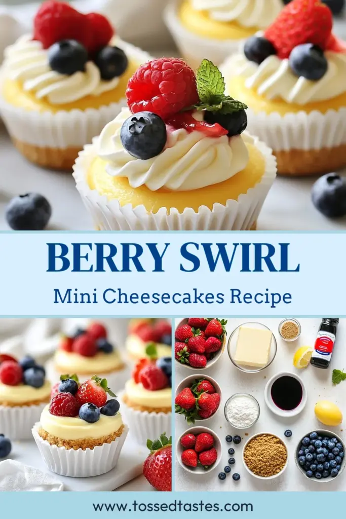 Indulge in these delectable mini cheesecakes with berry swirl! This mini cheesecakes recipe is perfect for an easy cheesecake dessert that will impress your guests. Enjoy the delightful combination of baked mini cheesecakes topped with a luscious no-bake cheesecake with berries. It's a treat everyone will love! Save this recipe for your next gathering! #cheesecakerecipe #dessertideas #baking #miniaturedesserts