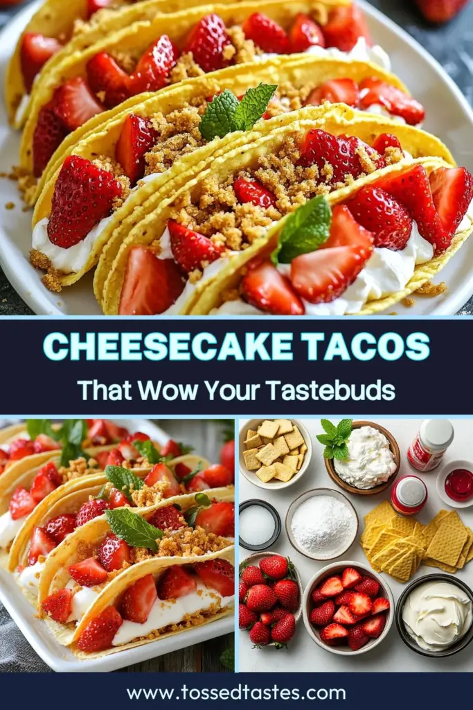 Indulge in these mouthwatering Strawberry Cheesecake Tacos, a treat that combines the best of both worlds! This easy dessert taco recipe features a no-bake cheesecake filling and a crunchy taco shell for the perfect bite. Try this strawberry dessert recipe for a fun twist on a classic dessert. Perfect for summer gatherings or any festive occasion! Save this recipe and impress your friends today! #StrawberryCheesecakeTacos #EasyDessertTacos #NoBakeCheesecakeRecipe #CrunchyTacoDessert