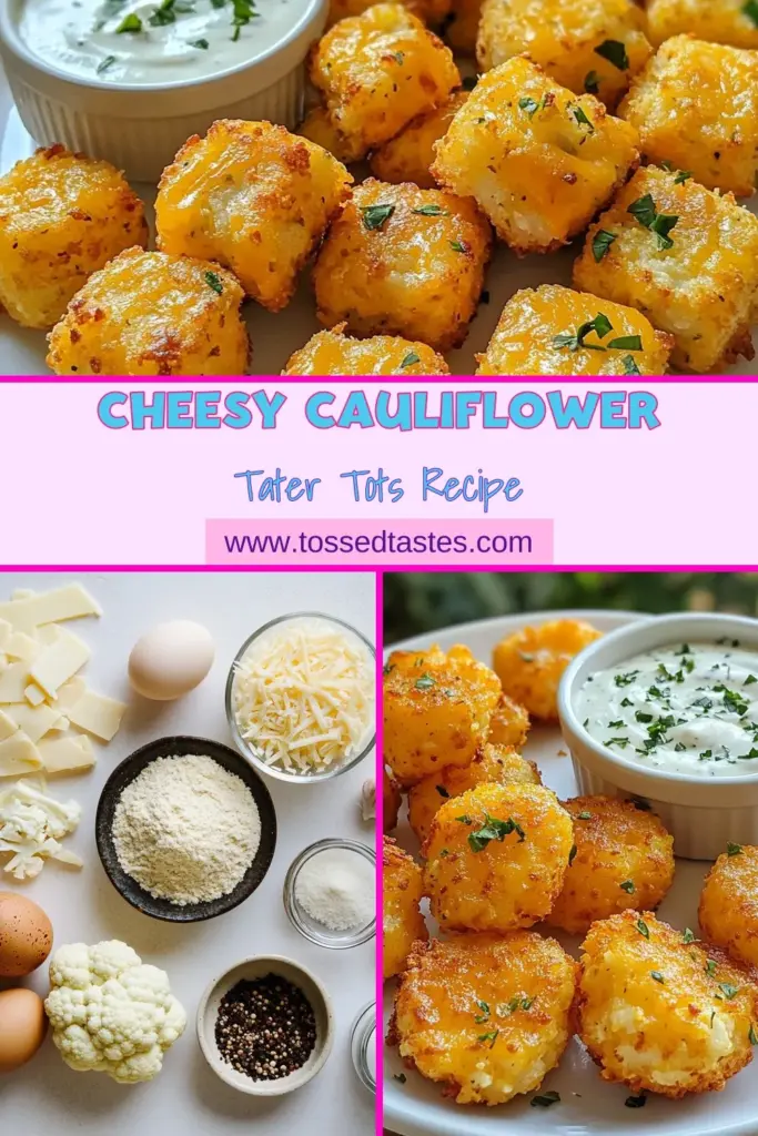 Indulge in these delicious cheesy cauliflower tater tots, a perfect gluten-free tater tots recipe that everyone will love! These baked cauliflower snacks are not only tasty but also make great low-carb appetizers for your gatherings. Packed with flavor and easy to whip up, these healthy cauliflower recipes are sure to be a hit. Try making your own cheesy cauliflower tater tots today! #LowCarb #HealthySnacks #GlutenFree #BakedSnacks