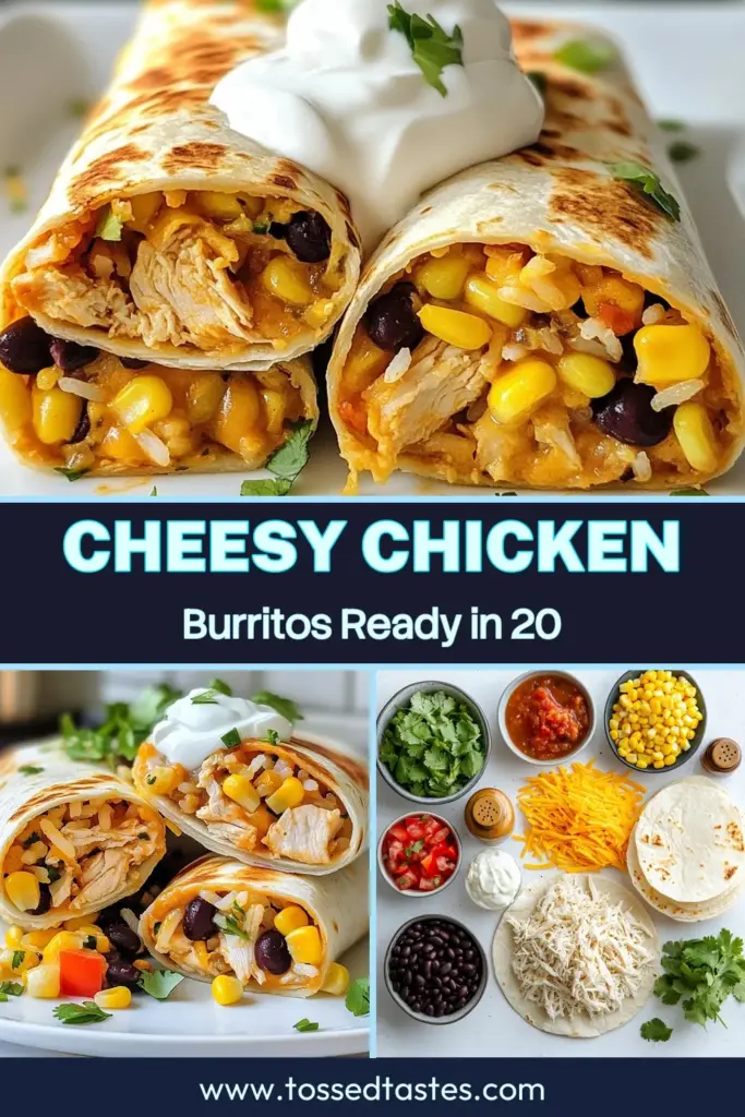 Looking for a quick cheesy chicken burrito that packs a flavorful punch? Try this easy chicken burrito recipe! These cheesy chicken wraps are loaded with shredded chicken, rice, black beans, corn, and salsa, making them the perfect meal or snack. Tackle dinner with these tasty chicken burritos with salsa that everyone will love. Don't forget to explore exciting burrito filling ideas! Save this recipe for your next meal! #CheesyChickenBurritos #EasyCooking #TastyRecipes #QuickMeals
