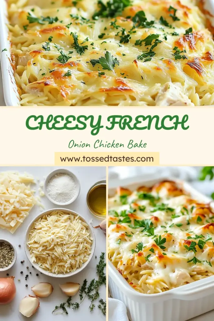 Indulge in the comforting flavors of this French onion chicken casserole featuring tender orzo pasta. This easy chicken dinner casserole is packed with caramelized onion goodness and topped with gooey Gruyere cheese for a delicious chicken bake. Perfect for busy weeknights, this orzo pasta recipe is sure to impress. Save this recipe for your next family meal! #FrenchOnionChickenCasserole #OrzoPastaRecipe #EasyChickenDinnerCasserole #GruyereCheeseChickenBake