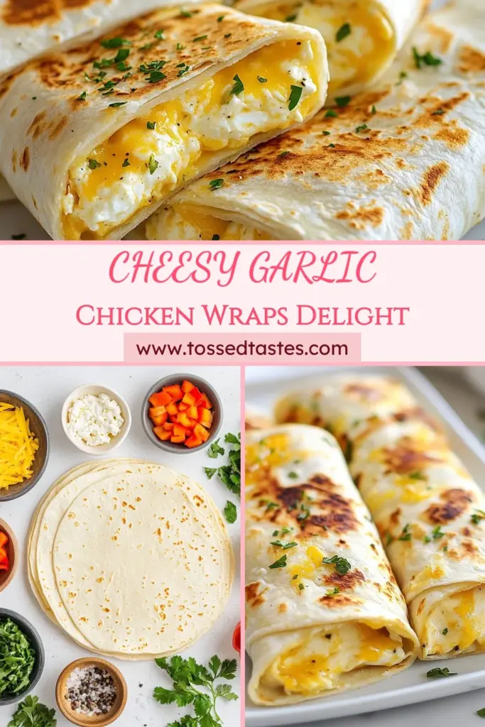 Discover the deliciousness of Cheesy Garlic Chicken Wraps! This easy chicken wrap recipe features shredded chicken, creamy mozzarella, and rich cream cheese, all wrapped in soft tortillas. Perfect for quick dinner ideas, these mozzarella chicken wraps are a crowd-pleaser. Ready in just 30 minutes, they can be customized with veggies for extra flavor. Try this recipe for a tasty weeknight meal! Save it for later! #CheesyGarlicChickenWraps #QuickDinnerIdeas #EasyChickenWrapRecipe #DinnerIn30Minutes