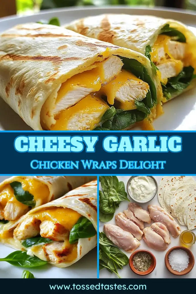 Looking for a delicious and satisfying meal? Try these Cheesy Garlic Chicken Wraps! This Chicken Tortilla Wrap Recipe features tender chicken, sautéed garlic, and melted mozzarella, all wrapped in tortillas with fresh spinach. Perfect for an easy dinner, these Easy Garlic Chicken Wraps are sure to become a family favorite. Don't miss out on these Mozzarella Chicken Wraps—save this recipe now! #CheesyGarlicChickenWraps #SpinachAndChickenWraps #ChickenWrapRecipe #EasyDinnerIdeas