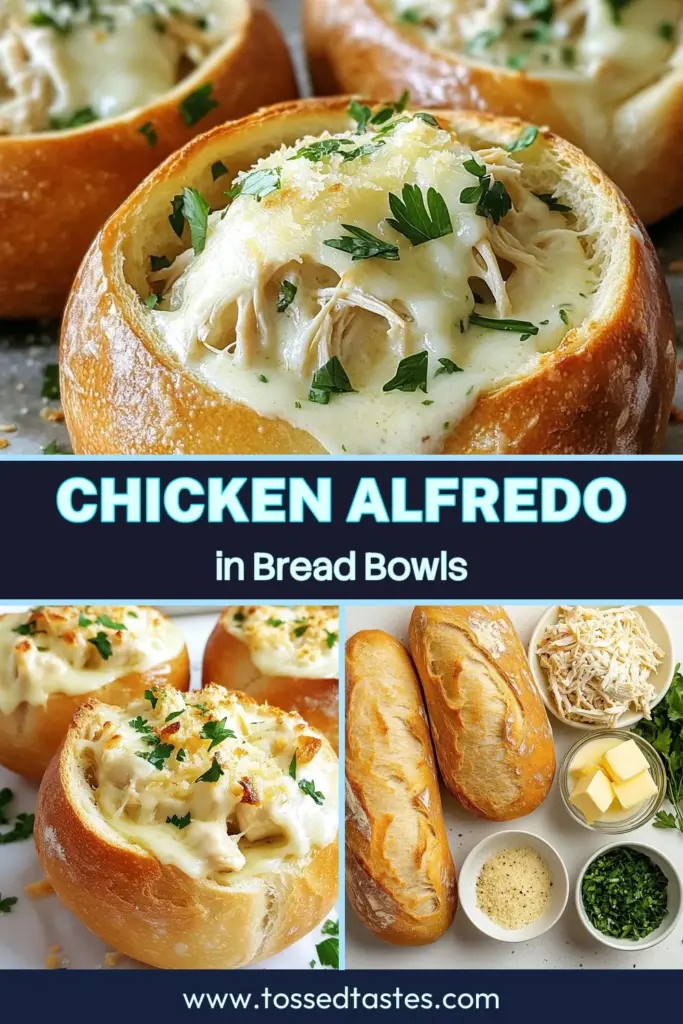 Experience the delightful fusion of flavors with Chicken Alfredo Bread Bowls! This easy Chicken Alfredo recipe features creamy garlic chicken Alfredo nestled in soft Italian bread, making it the ultimate comfort food. Perfect for gatherings or cozy dinners, these Garlic Chicken Alfredo bowls are a hit. Don't miss out on this delicious Italian bread recipe! Try it today and share your creation! #ComfortFoodRecipes #ChickenAlfredo #ItalianBreadRecipe #EasyChickenAlfredo