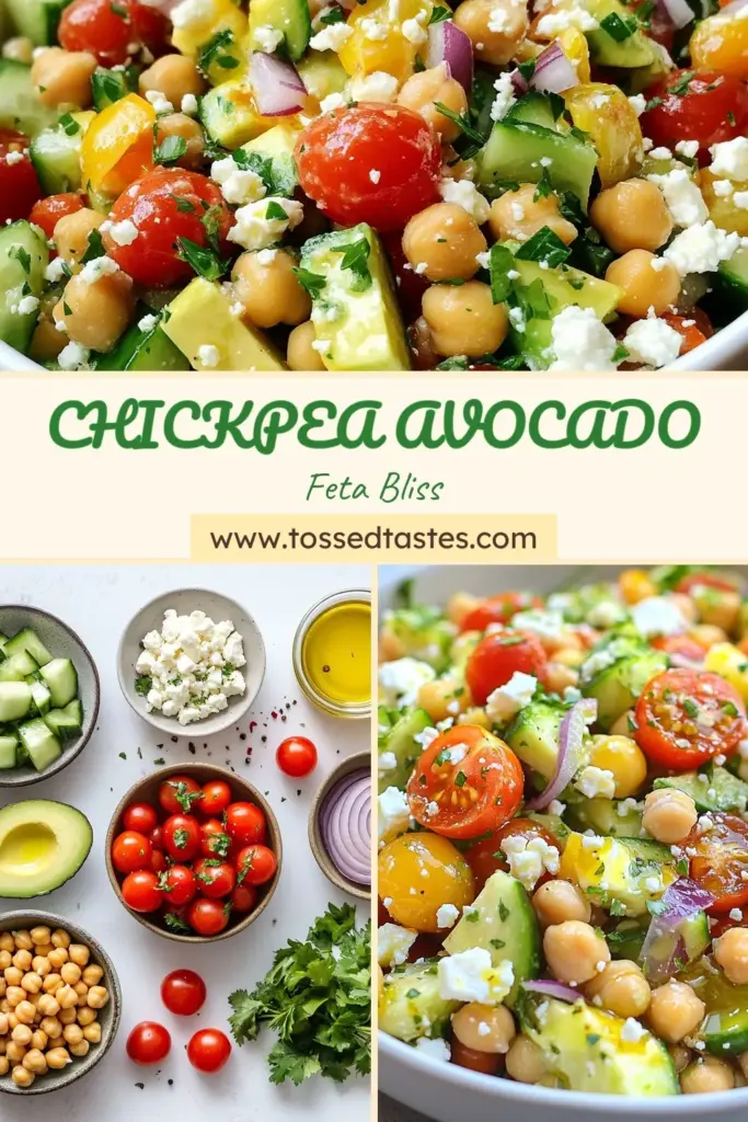 Discover a refreshing and nutritious chickpea avocado salad perfect for any meal! This feta salad recipe combines chickpeas, avocado, cherry tomatoes, and a zesty dressing for a delicious Mediterranean chickpea salad. It's an easy avocado recipe that's both healthy and satisfying, ideal for busy days. Try this tasty dish today and elevate your healthy chickpea recipes! Save this for later! #ChickpeaSalad #FetaRecipe #HealthyEating #MediterraneanDiet