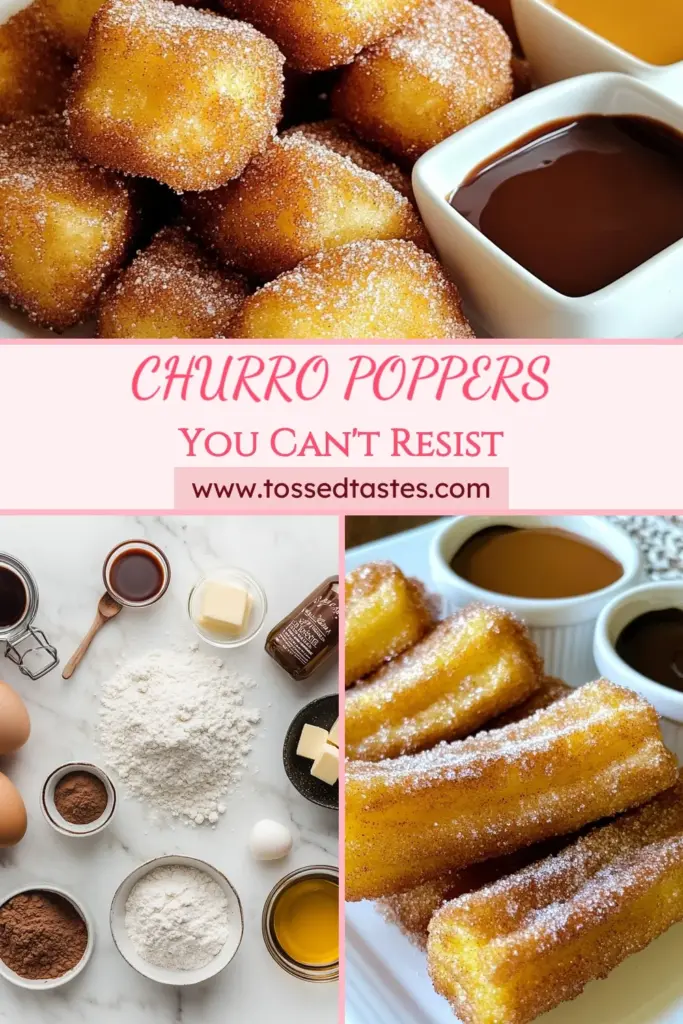 Indulge in these delicious churro poppers with our easy churro poppers recipe! Perfect for satisfying your sweet tooth, these homemade churros are quick to make and offer delightful easy churro bites. Fry up these tasty fried dessert snacks and serve them warm with your favorite churros with dipping sauce, like chocolate or caramel. Click to discover how to make this irresistible treat and save for later! #ChurroPoppers #HomemadeChurros #FriedDessertSnacks #EasyChurroBites
