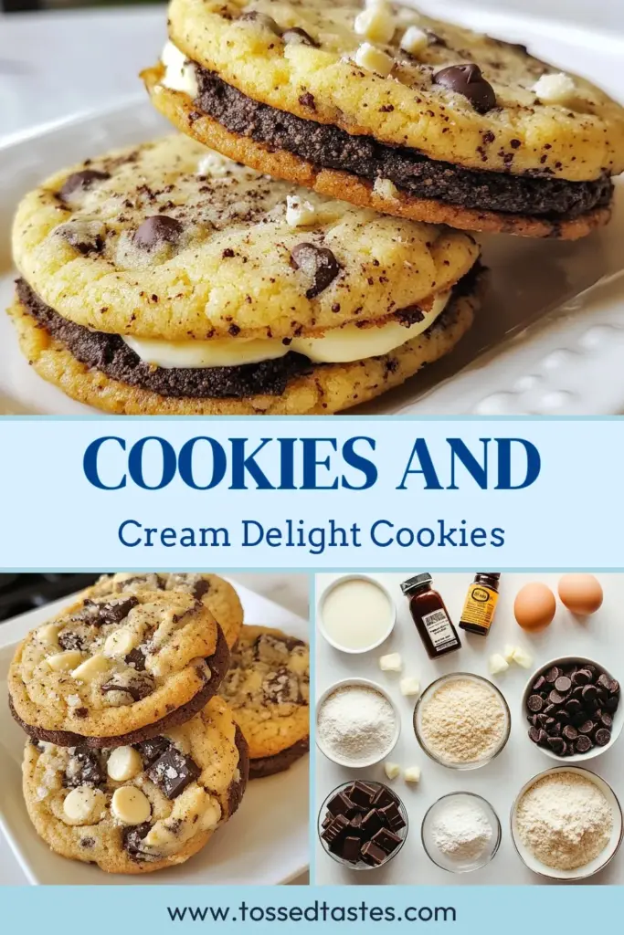 Indulge in these delicious Cookies and Cream Cookies, featuring a delightful mix of Oreo cookies and creamy white chocolate chips. This easy cookie recipe is perfect for anyone craving a sweet treat. Whip up these Chocolate Sandwich Cookies in just 30 minutes and impress your friends and family! Follow our simple steps, and enjoy baking these delightful Cookies and Cream Cookies today! Save this recipe for later! #CookiesAndCreamCookies #OreoCookiesRecipe #EasyCookieRecipe #WhiteChocolateChipCookies