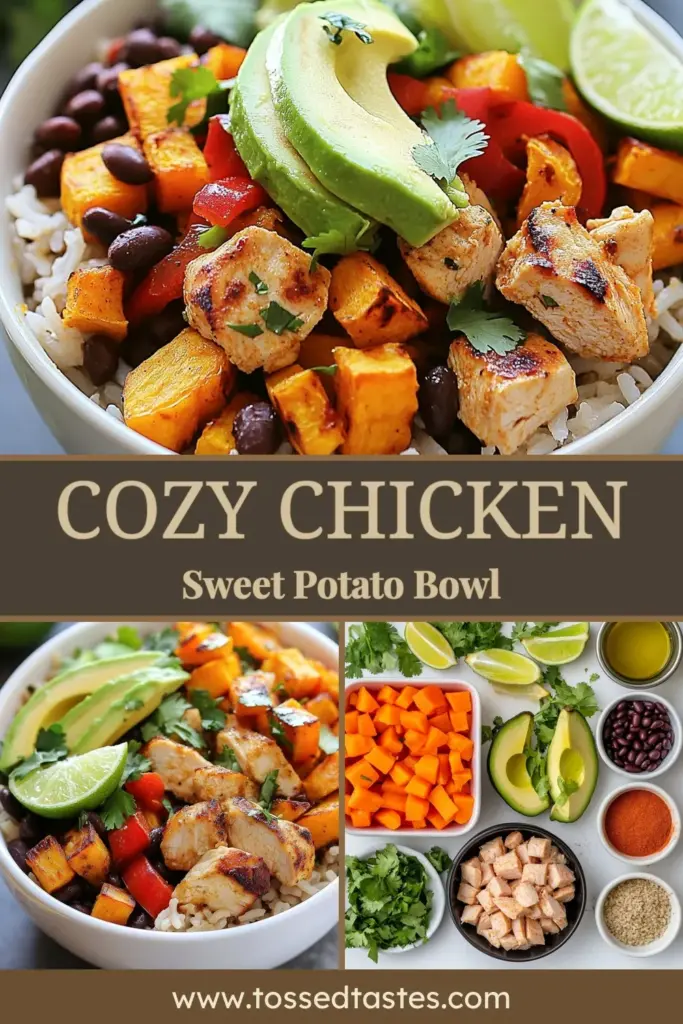 Indulge in these cozy chicken rice bowls featuring delicious sweet potatoes. Perfect for anyone seeking healthy chicken bowl recipes, this easy meal combines brown rice, baked sweet potatoes, diced chicken, and fresh avocado. Enjoy a nourishing dinner that’s sure to please. Try this simple sweet potato recipe tonight! Don't forget to save for later! #CozyChickenRiceBowls #SweetPotatoRecipes #HealthyChickenBowlRecipes #BrownRiceBowls