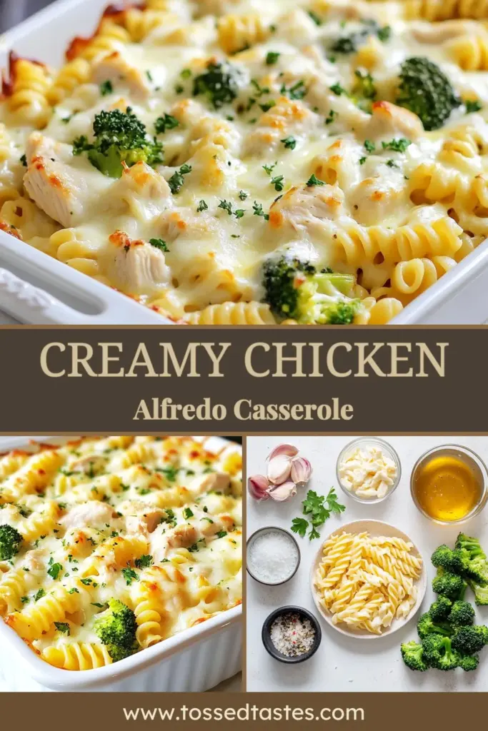 Looking for an easy dinner solution? Try this Creamy Chicken Alfredo Casserole! This Dump and Bake Casserole Recipe combines rotini pasta, shredded chicken, broccoli, and rich Alfredo sauce for a one pot chicken Alfredo dinner that’s as delicious as it is simple. Perfect for busy nights and family gatherings. Save this Easy Pasta Casserole recipe and bring delightful flavors to your table! #PastaCasserole #ChickenDinner #EasyRecipes #CasseroleRecipe