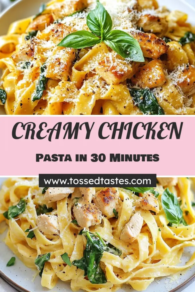 Looking for an easy chicken fettuccine recipe that delivers restaurant-quality flavor at home? Try this creamy chicken pasta recipe! Made with tender chicken, pasta with heavy cream, and fresh spinach, this homemade chicken pasta dish is sure to impress. Perfect for a weeknight dinner, it takes just 30 minutes to make. Save this delicious Italian chicken pasta dish for your next meal! #CreamyChickenPasta #EasyChickenFettuccine #PastaWithHeavyCream #HomemadeChickenPasta