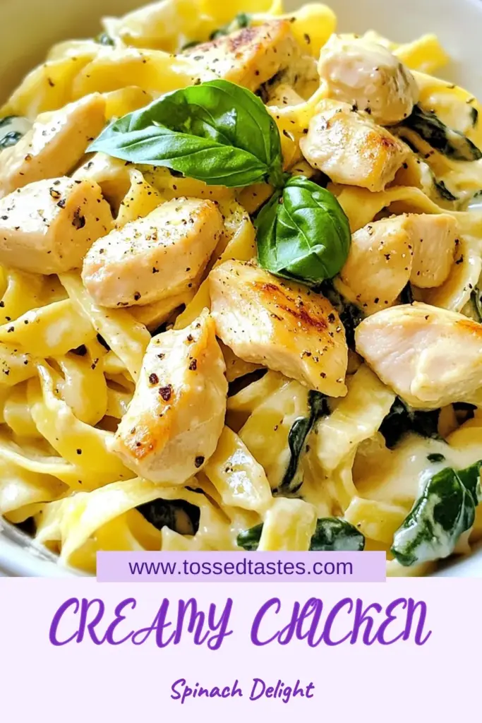 Indulge in a delicious Creamy Chicken Alfredo Pasta with this easy Alfredo pasta recipe. Perfect for a weeknight dinner, this Spinach Alfredo Recipe combines tender fettuccine chicken pasta with savory garlic and fresh spinach. Quick to make, this Chicken Spinach Pasta Dinner is sure to impress! Try it tonight and enjoy a meal that everyone will love. Save this recipe for your next dinner inspiration! #ChickenAlfredo #PastaRecipe #EasyDinner #SpinachPasta