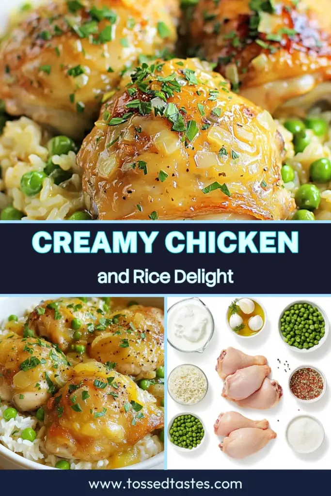 Discover this delicious creamy chicken and rice recipe featuring succulent smothered chicken thighs that are perfect for busy weeknights. This one-pot chicken and rice meal is a hearty comfort food recipe you’ll love. Ready in just 40 minutes, it's a quick dinner recipe your family will crave. Dive into creamy flavors that warm the soul. Save for your next dinner idea! #ComfortFood #QuickDinnerRecipes #OnePotMeal #ChickenAndRice