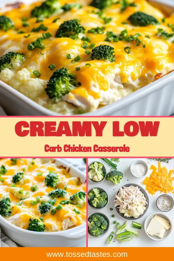 Indulge in this delicious low carb chicken casserole that’s perfect for dinner! This creamy chicken casserole recipe combines shredded chicken, cauliflower, and broccoli for a healthy chicken casserole packed with flavor. Ideal for keto dieters, it’s an easy option among low carb dinner recipes. Try this cheesy and satisfying dish the whole family will love! Save this keto chicken casserole recipe for your next meal! #LowCarb #KetoRecipes #HealthyEating #CasseroleRecipes
