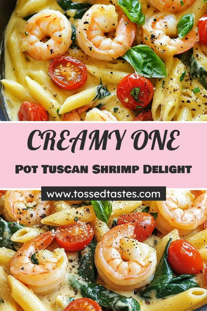 Whip up this delicious One-Pot Creamy Tuscan Shrimp for an easy shrimp dinner that the whole family will love! This mouthwatering dish combines succulent shrimp, creamy garlic sauce, and fresh spinach, all in one pot. Perfect for busy weeknights, it's a standout among shrimp pasta recipes. Don’t miss out on this creamy pasta with spinach recipe; save it for your next meal! #OnePotShrimp #EasyDinner #TuscanShrimp #ShrimpPasta