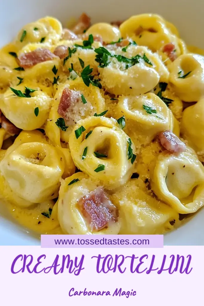 Discover this incredible Tortellini Carbonara recipe that combines the convenience of easy carbonara with tortellini and the rich flavors of turkey bacon for a delightful pasta dish. Perfect for busy weeknights, this creamy tortellini carbonara makes a satisfying dinner in just thirty minutes. Elevate your cheese tortellini dinner ideas tonight and give it a try! Save this recipe for a delicious meal! #TortelliniCarbonara #PastaRecipe #EasyDinner #TurkeyBaconPasta