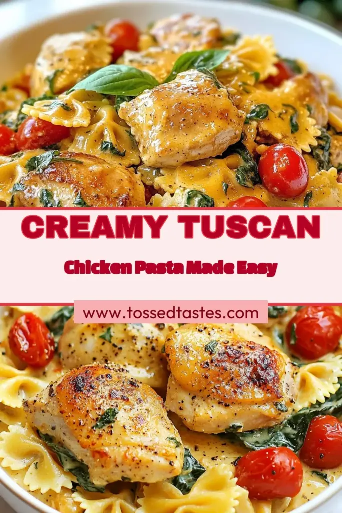 Discover a delicious twist with this One-Pot Creamy Tuscan Chicken Pasta! This easy Tuscan chicken pasta recipe combines tender chicken, fresh spinach, and savory cream for a dish that’s both comforting and satisfying. Perfect for busy nights, this one-pot pasta recipe will become a family favorite. Get ready to inspire your dinner table. Save this recipe now and enjoy a hearty Chicken and Spinach Pasta tonight! #OnePotPasta #CreamyChickenPasta #TuscanChicken #EasyPastaRecipes