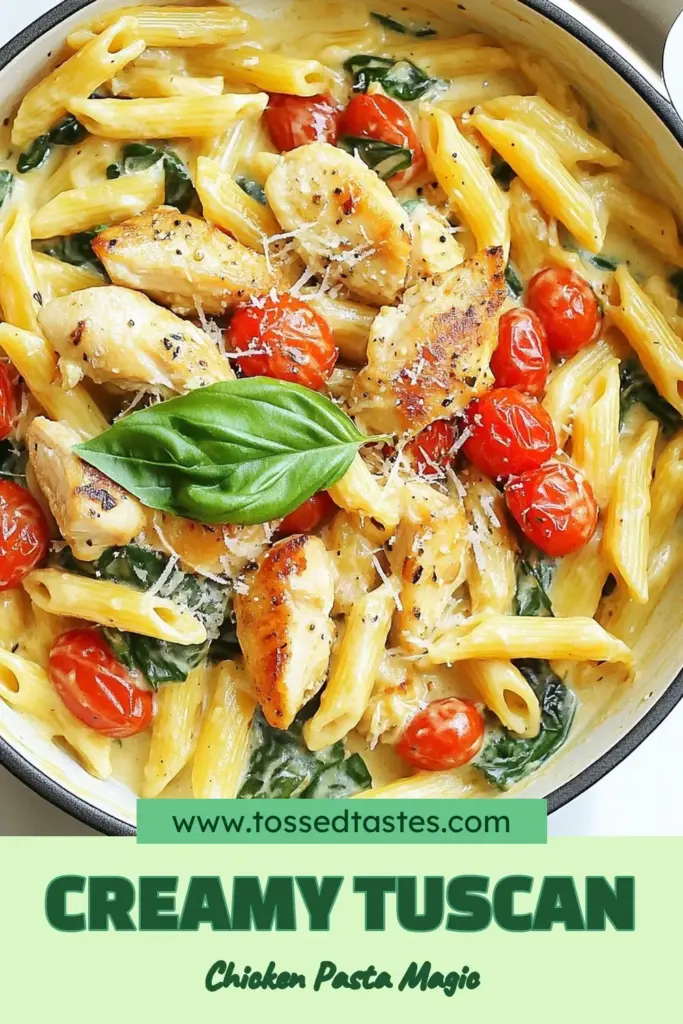 Indulge in this One-Pot Creamy Tuscan Chicken Pasta, a perfect blend of flavors for a delightful meal. This easy Tuscan pasta dish combines succulent chicken, vibrant cherry tomatoes, and fresh spinach in a rich, creamy sauce. Ideal for a quick weeknight dinner, this creamy chicken pasta recipe goes from stovetop to table in just 30 minutes. Save this recipe and enjoy a delicious one-pot pasta experience tonight! #OnePotPastaRecipes #TuscanPasta #QuickDinner #EasyRecipes