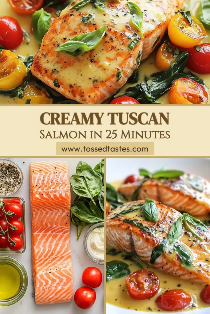 Indulge in this creamy Tuscan salmon recipe, featuring succulent salmon fillets with a rich cream sauce. Perfect for an easy Tuscan salmon dinner, this Italian-inspired salmon dish combines garlic, cherry tomatoes, and spinach for a healthy twist on salmon recipes. Enjoy a delicious meal in just 25 minutes! Try this recipe today and impress your family! #TuscanSalmon #HealthyRecipes #EasyDinner #ItalianCuisine