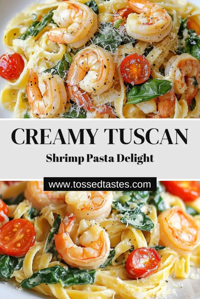 Indulge in the rich flavors of this creamy Tuscan shrimp pasta! This shrimp pasta recipe combines succulent shrimp and fresh spinach with a creamy sauce that’s perfect for a quick Italian shrimp dinner. Enjoy this simple creamy pasta dish made with fettuccine and bursting with vibrant cherry tomatoes. Ready in just 30 minutes, this meal is sure to impress. Save this recipe for your next dinner! #CreamyTuscanShrimpPasta #ShrimpPastaRecipe #ItalianDinner #SimplePastaDishes