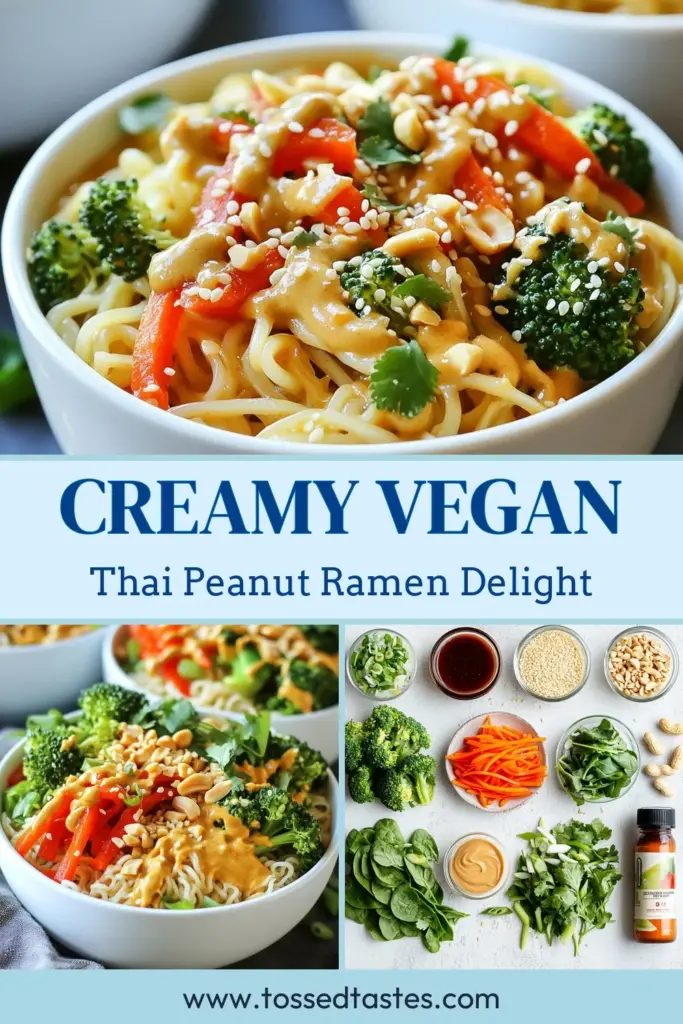 Looking for a delicious and satisfying meal? Try this Creamy Vegan Thai Peanut Ramen! This Vegan Ramen Recipe features succulent plant-based ramen noodles coated in a rich Thai Peanut Sauce Ramen. It's packed with colorful veggies and makes for one of the easiest vegan dinner ideas. Perfect for any night, this quick recipe will impress! Save and share this delightful dish! #VeganRamen #EasyVeganDinner #ThaiPeanutSauce #PlantBasedNoodles